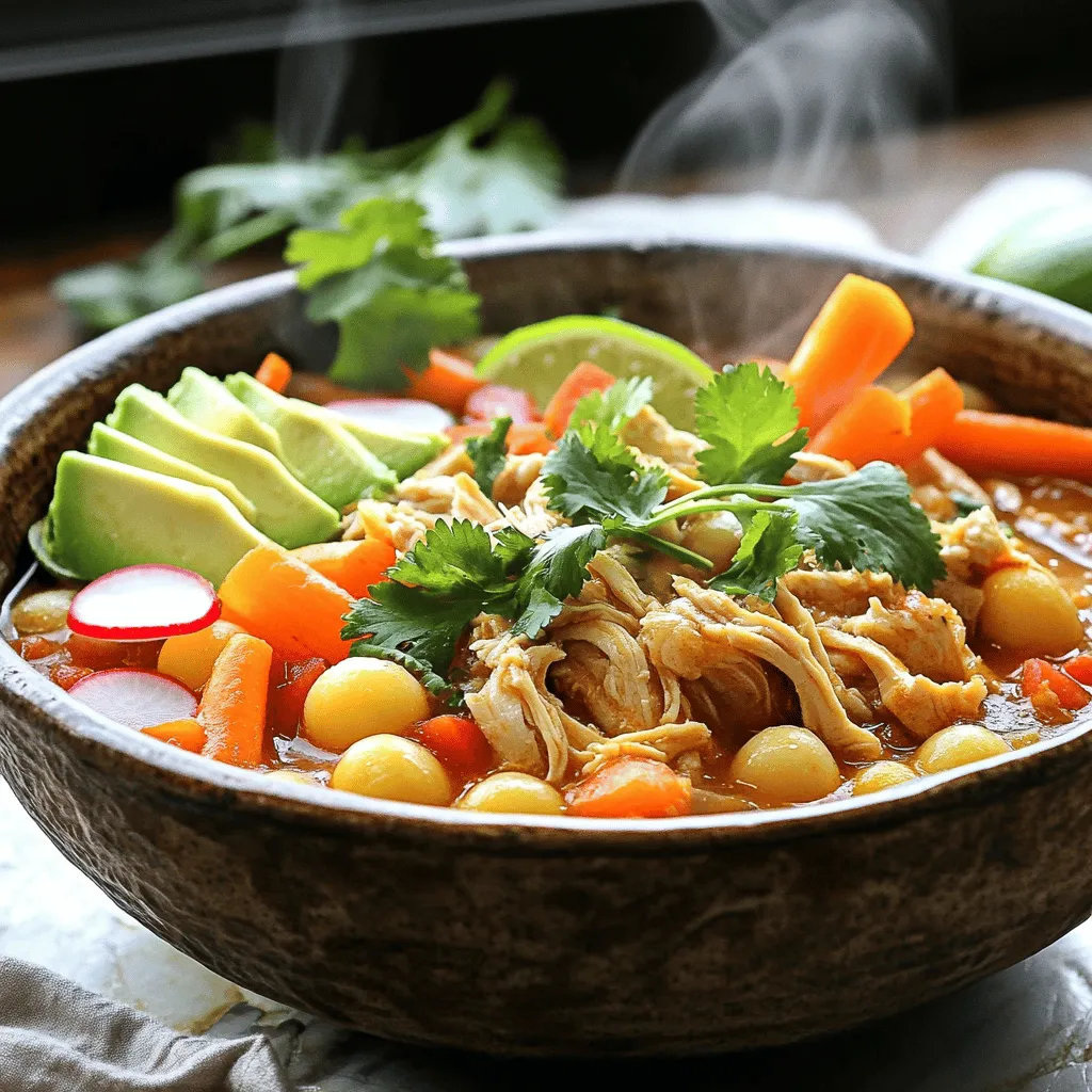 To make a tasty crockpot pozole, you need the following main ingredients: - 2 pounds boneless, skinless chicken thighs - 1 can (15 oz) hominy, drained and rinsed - 1 large onion, diced - 4 cloves garlic, minced - 2 teaspoons ground cumin - 2 teaspoons dried oregano - 1 tablespoon chipotle powder (adjust for spice preference) - 6 cups chicken broth - 2 medium carrots, sliced - 1 can (14.5 oz) diced tomatoes (with green chilies for added flavor) - Salt and pepper to taste These ingredients work together to create a rich, flavorful soup. The chicken adds protein while the hominy gives it that classic pozole texture. Toppings can add great flavor and texture. Here are some fun options to try: - Fresh cilantro, chopped (for garnish) - Lime wedges (for serving) - Sliced radishes (for serving, optional) - Avocado slices (for serving, optional) These toppings will brighten up your bowl of pozole and make it even more delicious. If you need to swap some items, here are some easy substitutions: - Use bone-in chicken thighs for more flavor. - Swap out chicken broth for vegetable broth to make it vegetarian. - Use corn instead of hominy if you can't find it. - You can replace chipotle powder with smoked paprika for less heat. These substitutions will keep your pozole tasty while using what you have on hand. Start by gathering all your ingredients. You need two pounds of boneless, skinless chicken thighs. Next, dice one large onion and mince four cloves of garlic. Slice two medium carrots. Get a can of hominy, which is 15 ounces, and drain it. You will also need a can of diced tomatoes, 14.5 ounces, with green chilies for a bit of zing. Lastly, have your spices ready: two teaspoons of ground cumin, two teaspoons of dried oregano, and one tablespoon of chipotle powder. Don’t forget salt and pepper! In your crockpot, layer the chicken thighs, onion, garlic, and sliced carrots. Sprinkle the cumin, oregano, chipotle powder, salt, and pepper evenly over these ingredients. Next, pour in six cups of chicken broth and add the diced tomatoes with their juice. Stir everything together gently. Cover the crockpot and set it to cook on low for 6 to 8 hours or on high for 4 to 5 hours. You want the chicken to be tender enough to shred easily. About 30 minutes before you are ready to serve, stir in the hominy. This allows it to heat through. Once the cooking time is done, use two forks to shred the chicken directly in the crockpot. Mix the shredded chicken well with the broth and veggies. Taste your soup and adjust the seasoning, adding more salt or pepper if you wish. Serve your pozole hot, garnished with fresh cilantro, lime wedges, and optional toppings like sliced radishes and avocado. Enjoy your delicious and comforting soup! To boost the flavor of your Crockpot Pozole, try these tips: - Use fresh spices. Fresh spices give your dish a stronger taste. - Sauté garlic and onion. Sautéing before adding them to the crockpot adds depth. - Add lime juice. Squeeze fresh lime juice just before serving for brightness. - Experiment with toppings. Add avocado, radishes, or extra cilantro for more flavor. These small changes can make your pozole stand out. Here are some common mistakes to keep in mind: - Skipping the seasoning. Always season early and taste as you go. - Not shredding the chicken properly. Shred the chicken well for even flavor. - Using low-quality broth. A good broth enhances the overall taste of your soup. Avoid these missteps to create a delicious dish. Cooking time can vary based on your crockpot's settings: - For low heat. Cook for 6-8 hours for tender chicken. - For high heat. Cook for 4-5 hours, checking for doneness. - Adjusting for busy days. If you're short on time, cook on high. Keep an eye on your pozole to ensure it turns out just right. {{image_2}} You can make a tasty vegetarian pozole by swapping the chicken for vegetables. Use a mix of mushrooms, zucchini, and bell peppers for depth. Instead of chicken broth, use vegetable broth for a rich base. Add extra spices like smoked paprika to get that smoky flavor. If you want to try different proteins, go for pork or beef. Pork shoulder works well and adds a nice richness. If you prefer beef, use chuck roast for tender meat. Just adjust the cooking time as needed. These options keep the dish hearty and filling. To control the spice level, start with less chipotle powder. You can always add more later. If you prefer mild flavors, skip the chipotle entirely. For a spicy kick, toss in some fresh jalapeños or extra chipotle. Always taste before serving to find your perfect heat. To keep your pozole fresh, store it in an airtight container. Let it cool first. Place the container in the fridge. It stays good for about 3 to 4 days. Reheat your pozole on the stove for best results. Use medium heat and stir often. You can also use a microwave. Heat it in short bursts, stirring in between. Make sure it's hot all the way through. You can freeze pozole for later use. Use a freezer-safe container and leave some space at the top. It will stay good for about 3 months. To thaw, place it in the fridge overnight. Reheat as usual when you’re ready to eat. Pozole is a traditional Mexican soup. It is made with hominy, meat, and spices. The hominy gives it a unique texture. You can find pozole in red, green, or white versions. Each type uses different ingredients and flavors. In this recipe, we use chicken for a hearty, comforting meal. Yes, you can use other meats. Pork is a popular choice for pozole. You could also use beef or turkey. Just make sure the meat is tender and flavorful. Adjust cooking times based on the type of meat you choose. You can store leftovers in the fridge for three to four days. Make sure to keep it in an airtight container. If you want to keep it longer, consider freezing it. Pozole can last in the freezer for up to three months. Yes, pozole is gluten-free. The main ingredients are hominy, meat, and broth. Just check any seasoning packets to ensure they are gluten-free. This makes pozole a great option for those with gluten sensitivities. Absolutely! Pozole tastes even better the next day. You can make it a day ahead and store it in the fridge. Just reheat it gently before serving. The flavors will meld beautifully, making your meal even tastier. You now know all about making delicious pozole. We covered the key ingredients, options for toppings, and ingredient swaps. The step-by-step guide simplifies cooking in a crockpot. Tips helped you avoid common mistakes while enhancing flavors. We explored variations for different diets and spice levels. Finally, I shared storage tips and answered your FAQs. Enjoy crafting your pozole masterpiece! It's a dish that warms both the heart and belly. Happy cooking!