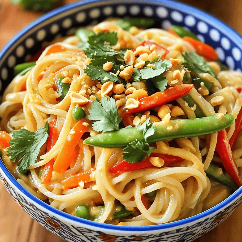 To make Minute Thai Peanut Noodles, you need: - 8 oz rice noodles - 1 cup mixed vegetables (bell peppers, carrots, snap peas) - 1/4 cup creamy peanut butter - 2 tablespoons soy sauce - 1 tablespoon sriracha (or more for extra spice) - 1 tablespoon lime juice - 1 tablespoon sesame oil - 2 green onions, sliced - 1/4 cup crushed peanuts, for garnish - Fresh cilantro, for garnish You can switch things up based on what you have. Try these: - Use whole wheat noodles instead of rice noodles. - Swap mixed vegetables for broccoli or zucchini. - Replace creamy peanut butter with almond butter for a nutty twist. - Use tamari instead of soy sauce for a gluten-free option. - Omit sriracha or use another hot sauce if you want less heat. When choosing vegetables, look for bright colors. They should feel firm and crisp. Avoid any with brown spots or wilting. Fresh bell peppers should be shiny and smooth. Carrots should snap when bent. Snap peas should feel crunchy. Always wash your veggies before cooking to remove dirt and pesticides. First, boil water in a pot. Add 8 oz of rice noodles. Cook them for 4-5 minutes. They should be soft but not mushy. Drain the noodles and set them aside. Do not rinse them; this keeps the starch that helps the sauce stick. Grab a mixing bowl. Add 1/4 cup of creamy peanut butter. Pour in 2 tablespoons of soy sauce. Add 1 tablespoon of sriracha for spice. Then, add 1 tablespoon of lime juice. Mix everything well until it is smooth. This sauce brings all the flavors together. In a large pan, heat 1 tablespoon of sesame oil over medium heat. Once hot, add 1 cup of mixed vegetables like bell peppers, carrots, and snap peas. Sauté the veggies for 3-4 minutes. They should be tender but still crisp. This adds great texture and color to the dish. To get the best noodle texture, cook the rice noodles as the package says. Typically, this means boiling them in water for 4-5 minutes. Remember, don’t overcook them! You want them soft but still a bit firm. After cooking, rinse the noodles under cold water. This stops the cooking process and keeps them from sticking together. You can change the spice level in your dish easily. If you like it mild, use less sriracha. Start with one teaspoon and taste it. If you want more heat, add more sriracha little by little. Remember, you can always add spice, but you can’t take it away! If you have leftovers, store them in an airtight container. They will last for about 2-3 days in the fridge. When you reheat, add a splash of water or extra sesame oil to keep them moist. Heat them gently in a pan until warm. This keeps the noodles from getting too dry. Enjoy your tasty meal again! {{image_2}} You can easily add protein to your Minute Thai Peanut Noodles. Chicken is a great choice. Just cook bite-sized pieces until golden. Tofu is another option. Use firm tofu for the best texture. Cube and sauté it until crispy. Shrimp cooks fast too. Add it to the pan for a quick boost. Each protein brings its own flavor, making the dish more filling and tasty. If you want to switch up the nut butter, almond and cashew butters work well. Almond butter adds a lighter taste. Cashew butter is creamier and sweeter. Both options blend nicely with the sauce. Feel free to experiment with these butters. Your noodles will still taste amazing! To boost the flavor, add ginger or garlic. Fresh ginger gives a spicy kick. Minced garlic adds depth to the sauce. You can also toss in fresh herbs like basil or cilantro. These herbs brighten the dish and make it vibrant. Just sprinkle them on top before serving. These small changes make a big difference in taste! To keep your Minute Thai Peanut Noodles fresh, store them in an airtight container. Make sure to let the noodles cool down before sealing the container. This keeps moisture out. It also prevents them from becoming soggy. You can store them in the fridge for up to three days. If you plan to eat them later, avoid adding the garnishes until you serve. When you are ready to enjoy your leftovers, reheating is key. Place the noodles in a skillet over low heat. Add a splash of water or a bit of sesame oil. This helps keep the noodles from drying out. Stir them gently until they are heated through. Avoid using high heat, as it can make the noodles tough. If you prefer a microwave, heat in short intervals. Check and stir every 30 seconds until they are warm. If you want to store your noodles for a longer time, freezing is a great option. Place the cooled noodles in a freezer-safe container. Make sure to label the container with the date. You can freeze them for up to three months. When you are ready to eat, thaw them in the fridge overnight. Reheat as mentioned above for the best taste and texture. However, keep in mind that the vegetables may lose some crunch after freezing. This dish takes about 15 minutes to make from start to finish. You spend 10 minutes prepping and cooking. The rice noodles cook in about 4-5 minutes. Sautéing the veggies takes another 3-4 minutes. Toss everything together for 2 minutes and you’re ready to eat! Yes, you can easily make this recipe vegan! Just use a vegan soy sauce. Also, check that the peanut butter does not contain any animal products. The rest of the ingredients, like veggies and sriracha, are usually vegan-friendly. I love using bell peppers, carrots, and snap peas. These veggies add color and crunch. You can also try broccoli, zucchini, or spinach. Just remember to sauté them until they stay crisp. To make the peanut sauce creamier, add a splash of warm water. You can also mix in a bit of coconut milk for extra richness. Stir well to combine until the sauce reaches your desired creamy texture. You learned about making Minute Thai Peanut Noodles, from ingredients to serving tips. Fresh vegetables add taste, while cooking techniques boost flavor. Adjust spice to suit your taste, and don't forget protein options for heartiness. Follow proper storage guidelines to keep leftovers fresh, and feel free to experiment with variations. These easy steps will help you whip up a tasty dish. Now, get in the kitchen and enjoy your meal!