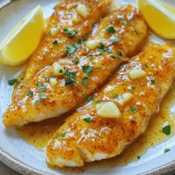 - 4 tilapia fillets - 4 tablespoons unsalted butter - 4 cloves garlic - 1 lemon Tilapia is a mild fish. It cooks fast and tastes great. I love using fresh tilapia fillets for this dish. Unsalted butter brings a creamy richness. Garlic adds a strong flavor that pairs well with fish. Fresh lemon juice brightens up the whole meal. - 1 teaspoon dried parsley - 1/2 teaspoon paprika - Salt and pepper Seasoning is key to making this dish pop. Dried parsley gives a hint of earthiness. Paprika adds a nice color and a mild spice. Always use salt and pepper to taste. This helps enhance the natural flavors. - Lemon wedges - Fresh parsley (optional) Garnishes make your meal look great. Lemon wedges add freshness and a pop of color. Fresh parsley can brighten the plate and add more flavor. These small touches make a big difference. 1. Preheat your oven to 400°F (200°C). This gets the oven ready for baking. 2. Lightly grease a baking dish. Use a bit of oil or butter to coat it. This helps the fish not stick. 1. In a small bowl, mix together the melted butter, minced garlic, lemon juice, dried parsley, paprika, salt, and pepper. 2. It is important to blend these well. This ensures the garlic flavor spreads evenly. 1. Place the tilapia fillets in the greased baking dish. Lay them flat and spaced apart. 2. Pour the garlic butter mixture evenly over the tilapia fillets. Make sure each piece is well coated. 3. Bake in the preheated oven for 12-15 minutes. Check if the fish is done by seeing if it is opaque and flakes easily with a fork. To check if the fish is done, look for a few signs. The tilapia should turn opaque and flake easily with a fork. This usually takes about 12 to 15 minutes in the oven at 400°F (200°C). For the best texture, avoid overcooking. If the fish feels firm to touch and falls apart with minimal pressure, it’s ready to serve. To enhance the flavor of your garlic butter baked tilapia, try adding herbs and spices. Fresh herbs like basil or thyme can give an extra kick. Dried herbs work well too, but fresh ones often shine brighter in taste. Don't be afraid to mix and match. A hint of lemon zest can also brighten the dish. When serving, lemon wedges add a nice touch and flavor boost. You can plate the tilapia on a bed of greens for color. Use a nice plate to elevate the meal's look. Drizzle some of that garlic butter sauce over the top for an appealing shine. A sprinkle of fresh parsley can add color and texture, making your dish pop. {{image_2}} You can use more than just tilapia. Cod, haddock, or even salmon work well. Each fish has a unique flavor. When you switch fish, adjust the cooking time. Thicker fillets need longer baking. For example, salmon may need 15 to 20 minutes. Always check if the fish flakes easily with a fork. You can spice it up! Try adding red pepper flakes for heat. A dash of cumin gives a nice twist too. Fresh herbs like thyme or dill can add freshness. You can also use different citrus fruits. Lime juice or orange juice can change the taste completely. Both are tasty options for this dish. Want a gluten-free version? This recipe is naturally gluten-free! Just make sure to use gluten-free butter. For a lighter meal, swap the butter for olive oil. You can also reduce the butter amount. Use two tablespoons instead of four. This keeps the flavor while cutting calories. To store leftovers, place tilapia in an airtight container. This keeps it fresh and safe. Make sure to cool it to room temperature first. You can keep it in the fridge for up to three days. For best freshness, use glass or plastic containers. These types help seal in flavors. Avoid metal containers as they can react with the lemon juice. If you want to freeze the prepared dish, wrap each fillet well. Use plastic wrap or foil, then place it in a freezer-safe bag. This helps prevent freezer burn. You can freeze it for up to two months. When you’re ready to eat, thaw the fish overnight in the fridge. This method ensures it stays moist and tasty. To reheat, you can use the oven or microwave. For the oven, set it to 350°F (175°C). Place the tilapia in a baking dish and cover it with foil. Heat for about 10 minutes. In the microwave, place the fish on a plate and cover it with a damp paper towel. Heat for 1-2 minutes. This helps keep it from drying out. Always check for warmth throughout before serving. Enjoy your tasty meal again! Bake tilapia for 12 to 15 minutes at 400°F (200°C). This time works well for thin fillets. You know it's done when the fish looks opaque and flakes easily with a fork. A quick tip: check it around the 12-minute mark to avoid overcooking. Yes, you can use frozen tilapia fillets. They cook well straight from frozen. If you prefer, you can thaw them first. Thawing makes seasoning easier and can help with even cooking. Just remember to adjust the baking time slightly if they are still icy. For a balanced meal, serve garlic butter baked tilapia with sides like: - Steamed broccoli - Roasted asparagus - Garlic mashed potatoes - Quinoa salad - Fresh green salad These sides add color and nutrition to your dish while complementing the fish's rich flavors. To summarize, we explored how to make garlic butter baked tilapia. We covered essential ingredients like tilapia fillets, butter, and garlic, plus tips for perfect cooking. You learned about variations for different fish, flavor adjustments, and storage methods. With this knowledge, you can confidently prepare an impressive dish. Enjoy your cooking, and don’t hesitate to experiment with flavors. Your culinary adventure starts now!