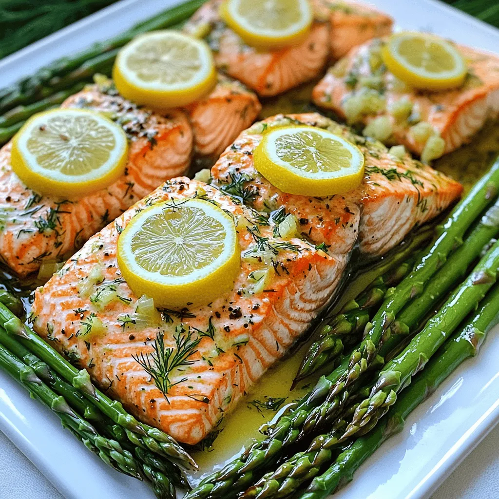 - 4 salmon fillets - 1 bunch of asparagus, trimmed - 3 tablespoons olive oil - 2 lemons (zested and juiced) - 4 garlic cloves, minced - 1 tablespoon fresh dill, chopped - 1 tablespoon fresh parsley, chopped - Salt and pepper to taste - Sheet pan - Small bowl for marinade - Whisk The recipe uses simple, fresh ingredients. Salmon fillets form the main part of the dish. They are rich in flavor and healthy fats. The asparagus adds a nice crunch and vibrant color. Olive oil brings richness, while lemon juice and zest brighten the dish. For seasoning, minced garlic enhances the taste. Fresh dill and parsley add a touch of herbiness. Salt and pepper help balance the flavors. You will need a sheet pan to roast everything evenly. A small bowl is perfect for mixing the marinade. A whisk helps combine the ingredients smoothly. Gather these ingredients and equipment. This meal is quick and easy, making it perfect for any night! To start, gather your ingredients. In a small bowl, you will mix the marinade. Combine 3 tablespoons of olive oil, the juice of 2 lemons, and the zest from those lemons. Whisk these together until they blend well. Next, add 4 minced garlic cloves, 1 tablespoon of fresh dill, and 1 tablespoon of fresh parsley. Season with salt and pepper to taste. This mix gives your salmon and asparagus a bright, fresh flavor. Now, it's time to prepare your sheet pan. Place the 4 salmon fillets in the center of the pan. Arrange the trimmed asparagus around the salmon. Make sure there is space for the heat to circulate. After that, drizzle your marinade evenly over both the salmon and asparagus. This step ensures that every bite is full of flavor. Next, preheat your oven to 400°F (200°C). Once it's hot, place the sheet pan inside. Roast the salmon and asparagus for about 12-15 minutes. You know it's done when the salmon flakes easily with a fork, and the asparagus is tender. After cooking, take the pan out and let it rest for a couple of minutes. For a beautiful finish, serve the dish on a clean platter. You can add extra lemon slices and a sprinkle of fresh herbs for a lovely look. The ideal oven temperature for this dish is 400°F (200°C). This heat cooks the salmon well and keeps the asparagus crisp. To know when the salmon is done, look for it to flake easily with a fork. This usually takes about 12-15 minutes. If you have an instant-read thermometer, aim for an internal temperature of 145°F (63°C). To make this dish even better, consider adding more herbs. Thyme, basil, or tarragon can work well. You can also adjust the acidity and saltiness by adding more lemon juice or zest. If you like it a bit spicy, a pinch of red pepper flakes adds a nice kick. How you present your dish can make it shine. I suggest garnishing with extra lemon slices and a sprinkle of fresh herbs. This adds color and freshness. For serving, a clean white platter showcases the bright colors of the salmon and asparagus beautifully. {{image_2}} You can easily swap salmon for other fish. Try using trout or cod. Both options taste great with lemon and herbs. If you prefer land-based proteins, chicken works well too. Choose boneless chicken breasts for best results. For a plant-based option, use firm tofu. Just press the tofu to remove extra moisture. This recipe shines with asparagus, but you can use other veggies too. Try bell peppers, zucchini, or broccoli for a fresh twist. You can even mix in seasonal produce. In spring, add peas or snap peas. In fall, consider Brussels sprouts or carrots. This keeps your meal exciting and fresh. Marinades can change the flavor of this dish. For a spicy kick, add chili flakes or sriracha to the mix. You can also explore different herbs. Swap dill with basil for an Italian flair. Or use cilantro for a fresh, zesty taste. Try adding soy sauce for an Asian flavor. The options are endless, and you can make this dish your own! For best results, store your leftovers in an airtight container. Make sure the salmon and asparagus cool before sealing. This helps keep flavors fresh. You can keep the leftovers in the fridge for up to three days. After that, the taste may change. To reheat salmon and asparagus, the oven is your best friend. Set it to 350°F (175°C). Place the food on a baking sheet and cover it with foil. Bake for about 10 minutes. This method keeps the salmon moist. Avoid using the microwave, as it can dry out the fish. Yes, you can freeze cooked salmon! Wrap it tightly in plastic wrap, then place it in a freezer bag. This keeps out air and prevents freezer burn. It can last up to three months in the freezer. To thaw, place the salmon in the fridge overnight. Reheat gently in the oven when ready to enjoy. You cook salmon on a sheet pan for 12-15 minutes at 400°F. The key is to check the fish. It is done when it flakes easily with a fork. This short cooking time keeps the salmon moist and tasty. The asparagus cooks at the same time, making it a perfect match. Yes, you can use frozen salmon. Just remember to thaw it first. Place the frozen salmon in the fridge overnight to defrost. If you're short on time, you can also use cold water to thaw it quickly. This way, you still get great flavor and texture. Lemon herb salmon goes well with many side dishes. Here are some ideas: - Quinoa: This grain adds protein and complements the dish nicely. - Rice: Both white and brown rice work well. - Salad: A fresh green salad adds crunch and color. - Potatoes: Roasted or mashed potatoes make a filling side. Try these sides to create a balanced and delicious meal! This blog post showed you how to make a simple and tasty lemon herb salmon dish. You learned about the key ingredients, seasoning, and useful equipment. The step-by-step guide walks you through preparation, cooking, and serving. We explored tips to enhance flavor and ways to vary the recipe. Remember, cooking is about enjoying food and trying new things. Use your creativity, and have fun in the kitchen! Your lemon herb salmon and asparagus will impress anyone at the table.
