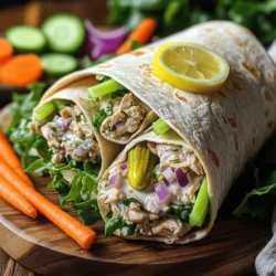 - 2 cans (5 oz each) of tuna in water, drained - 1/2 cup Greek yogurt (plain, unsweetened) - 4 whole wheat wraps or tortillas These main ingredients create the base for your tuna salad. Tuna gives protein and flavor. Greek yogurt adds creaminess without much fat. Whole wheat wraps hold everything together and add fiber. - 1/4 cup diced pickles or relish - 1 cup mixed salad greens (spinach, arugula, etc.) You can add pickles or relish for a tangy crunch. Mixed salad greens bring freshness and color to your wraps. The choice is yours! - 1 tablespoon Dijon mustard - 1 tablespoon lemon juice - Salt and pepper to taste Seasoning makes your tuna salad pop! Dijon mustard adds a little kick. Lemon juice brightens the flavors. Salt and pepper balance everything out. Adjust these to match your taste. - First, take two cans of tuna in water. Make sure to drain them well. - In a medium-sized bowl, combine the drained tuna and half a cup of Greek yogurt. - Next, add one tablespoon of Dijon mustard. Then, squeeze in one tablespoon of lemon juice. This mix gives your salad a nice zesty taste. The yogurt adds creaminess while keeping it healthy. - Now, chop a quarter cup of red onion and celery. - Add these chopped veggies to your bowl. - Don’t forget to include a quarter cup of diced pickles or relish. Mix everything well. The veggies add crunch and flavor. You can try different veggies too! - Get your whole wheat wraps or tortillas ready on a clean surface. - Place a good amount of the tuna salad in the center of each wrap. - Top it off with a handful of mixed salad greens. Now, fold the sides of the wrap inward. Roll it tightly from the bottom up. This keeps your filling inside. - Finally, slice the wraps in half diagonally. Arrange them on plates for serving. These wraps look great and taste amazing. Enjoy your meal! To make your tuna salad pop, try adding fresh herbs. Chopped dill or parsley works great. You can also sprinkle in some garlic powder or onion powder for more depth. For texture, consider diced bell peppers or crunchy nuts. They will add a nice bite to the wraps. When serving, arrange the wraps on a colorful plate. You can stack them or lay them side by side. For garnishing, add a slice of lemon on the side. This gives a fresh look and allows guests to squeeze some juice on their wraps. You can also serve them with carrot or cucumber sticks for a crunchy side. Use pre-chopped vegetables to cut down on prep time. Many grocery stores sell diced onions, celery, and even mixed salad greens. This way, you can whip up your meal faster. For meal prep, make a big batch of the tuna salad. Store it in the fridge for up to three days. You can wrap it in whole wheat wraps each day for a quick lunch. {{image_2}} You can easily switch the protein in these wraps. If you want a chicken salad option, use cooked chicken instead of tuna. Shred the chicken and mix it with Greek yogurt, mustard, and lemon juice. This option gives you a new flavor twist while keeping it high in protein. Another great choice is a chickpea salad wrap. Just mash canned chickpeas and mix them with the same base ingredients. Add some chopped veggies for crunch. This option is great for vegetarians or anyone looking for a plant-based meal. For those with gluten sensitivities, try gluten-free wraps. You can find many tasty options made from rice or corn. These wraps still hold the filling well and taste great. If you need a dairy-free version, swap the Greek yogurt for a creamy avocado or a dairy-free yogurt. This gives a nice texture and keeps the wraps tasty without dairy. Want to spice things up? Add spices like cumin or paprika to your tuna salad. These spices add warmth and depth to the flavor. You can even mix in hot sauce for a kick. Try different dressings too! A splash of ranch or a drizzle of balsamic vinegar can change the whole profile. Experimenting with flavors keeps the wraps exciting and new each time you make them. To keep your tuna salad fresh, store it in an airtight container. This will help prevent moisture loss and keep it tasty. Ideally, eat the salad within three days for the best flavor and quality. If you notice any odd smells or changes in color, it’s best to toss it. You can freeze the tuna salad if you want to save some for later. Place it in a freezer-safe container, leaving some space for expansion. It can last up to three months in the freezer. When you’re ready to eat, thaw it in the fridge overnight for the best results. This slow thaw helps maintain texture and flavor. To safely reheat your wraps, remove the filling first. You can warm the wrap in a skillet over medium heat for about two minutes on each side. This warms the wrap without making it soggy. If you prefer, you can use a microwave. Heat on low power for about 30 seconds, checking often. After reheating, add the filling back and enjoy your meal! You can swap Greek yogurt for low-fat yogurt. This cuts calories but keeps the taste. Use low-sodium tuna to reduce salt. Choose whole grain wraps for more fiber. You can also use lettuce leaves instead of wraps. This makes a fresh, crunchy option with fewer carbs. Yes, you can! Prepare the tuna salad a day before. This lets the flavors mix well. Store it in an airtight container in the fridge. When ready to eat, just scoop it into your wraps. It saves time on busy days! Serve the wraps with carrot sticks or cucumber slices. They add crunch and freshness. For drinks, try sparkling water with lemon. It balances the meal nicely and keeps it light. This article showed you how to make tasty tuna salad wraps. We covered key ingredients like tuna, Greek yogurt, and wraps. You can customize flavors with herbs, spices, or different proteins. Storage tips help keep your meal fresh. Try making these wraps for a quick lunch or weeknight dinner. They'll satisfy your hunger and can be healthy too. Enjoy creating your own unique version!