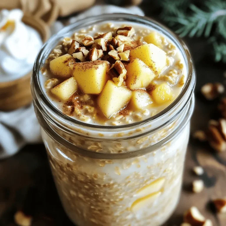 - 1 cup rolled oats - 1 ½ cups almond milk (or milk of choice) - 1 medium apple, diced (preferably Fuji or Honeycrisp) - 1 teaspoon ground cinnamon The main ingredients make this dish delicious and healthy. Rolled oats form the base. They provide fiber and energy for your morning. Almond milk adds creaminess without dairy. Choose any milk you like if you prefer. Diced apples bring sweetness and crunch. Fuji or Honeycrisp apples work best for this recipe. Ground cinnamon offers a warm flavor that ties everything together. - 2 tablespoons maple syrup (or honey) - 1 tablespoon chia seeds - ¼ cup Greek yogurt (optional for creaminess) You can customize your oats with optional add-ins. Maple syrup or honey adds extra sweetness. Chia seeds boost nutrition and help with texture. If you want creaminess, Greek yogurt is a great choice. Add this if you like a richer flavor. - Chopped nuts - Granola - Extra apple slices Toppings make your overnight oats extra special. Chopped nuts add crunch and healthy fats. Granola gives a sweet crunch, too. Extra apple slices provide freshness and color. You can mix and match these toppings to suit your taste. 1. Combining oats and almond milk Start by taking a medium bowl or a mason jar. Add 1 cup of rolled oats. Pour in 1 ½ cups of almond milk. Stir well. Make sure the oats are fully soaked in the milk. 2. Adding fruit and flavorings Next, dice a medium apple. I prefer using sweet apples like Fuji or Honeycrisp. Add the diced apple to the oats. Sprinkle in 1 teaspoon of ground cinnamon. Drizzle in 2 tablespoons of maple syrup or honey. Toss in 1 tablespoon of chia seeds and a pinch of salt. If you want creaminess, add ¼ cup of Greek yogurt. Mix everything until well combined. 3. Overnight soaking process Cover your bowl or jar with a lid or plastic wrap. Place it in the refrigerator. Let it soak overnight or for at least 6 hours. This soaking lets the oats soften and absorb all the great flavors. 1. Stirring the mixture In the morning, take your jar or bowl out of the fridge. Give the mixture a good stir. This ensures everything is mixed well and ready to eat. 2. Adjusting consistency with milk If you like your oats thinner, add a splash of milk. Stir again until you reach your desired texture. 3. Serving suggestions Serve the oats in bowls. You can top them with chopped nuts, granola, or extra apple slices if you want. Enjoy your tasty morning fuel chilled! Choosing the right apple variety Use sweet apples like Fuji or Honeycrisp. They add great taste and texture. Tart apples can change the flavor too much. Soaking time recommendations Let your oats soak overnight. This helps them soften and absorb flavors. If you are in a rush, soak for at least six hours. Balancing flavors with sweeteners Use maple syrup or honey for sweetness. Adjust based on your taste. Start with two tablespoons and add more if needed. Using Greek yogurt Add Greek yogurt for creaminess. It thickens the oats and adds protein. If you want a lighter texture, skip it. Incorporating different nut types Chopped nuts add crunch. Use almonds, walnuts, or pecans. They also boost nutrition and flavor. Not measuring liquids accurately Use exact measurements for milk. Too much liquid makes your oats runny. Too little can leave them dry. Skipping the soaking step Soaking is key. It helps oats absorb liquid and flavors. If you skip this, the oats will be hard and chewy. {{image_2}} You can easily change the taste of your apple cinnamon overnight oats. Here are some fun ideas: - Adding nut butters: Try peanut butter or almond butter for a creamy touch. Just stir in a tablespoon to make it richer. - Using different spices: Switch out cinnamon for nutmeg or cardamom. These spices add warmth and a unique flavor twist. Don’t feel stuck with just apples. You can mix things up using different fruits: - Other seasonal fruits: Swap in diced pears, peaches, or berries. Each fruit gives a new taste and texture. - Dried fruit options: Try raisins or dried cranberries. They add sweetness and chewiness to your oats. You can adapt this recipe to fit your diet needs: - Vegan options: Use plant-based yogurt instead of Greek yogurt. Also, choose maple syrup as your sweetener. - Gluten-free adjustments: Make sure your oats are certified gluten-free. This way, everyone can enjoy the dish without worry. To keep your apple cinnamon overnight oats fresh, place them in the fridge. A mason jar works best for this. It seals tight and keeps flavors inside. You can also use any airtight container. Just make sure it has a lid. This helps the oats soak up the milk overnight. These overnight oats stay good for about 3 to 5 days in the fridge. To keep them fresh, store them in a cool spot. If you see any mold or an off smell, it's time to toss them. Fresh oats should smell sweet and apple-like. Always check for signs of spoilage before eating. You can enjoy your oats chilled or warm. If you like them warm, heat them in the microwave. Add a splash of milk to help them soften. Stir well after heating to mix the flavors. If they feel too thick, add more milk until you reach your preferred texture. Enjoy your tasty morning fuel! Overnight oats are a no-cook way to prepare oatmeal. You mix rolled oats with milk and other ingredients. The oats soak overnight, making them soft and tasty. This easy method saves time on busy mornings. Nutritional benefits include high fiber, protein, and essential vitamins. Oats can keep you full and satisfied. The addition of fruits, like apples, boosts nutrition and flavor. Chia seeds add omega-3 fatty acids, while Greek yogurt offers extra protein. Yes, you can meal prep overnight oats! This makes mornings easier and stress-free. To prepare in bulk, simply multiply the recipe. Store each serving in a separate jar. This way, you grab one and go. For storage, use airtight containers. Keep them in the fridge for up to five days. Just remember to stir before eating. If they seem thick, add a splash of milk to loosen them up. If you need a substitute for almond milk, try cow’s milk, soy milk, or oat milk. Each type will change the taste slightly. Cow’s milk offers creaminess, while soy milk adds protein. Oat milk gives a mild flavor that pairs well with oats. Adjust flavors based on your choice. For example, if using coconut milk, you might want to add less sweetener. Each milk type brings its own special touch to your oats. Overnight oats are easy and fun to make. You need just a few simple ingredients, like rolled oats, almond milk, and apple. You can add toppings or sweeteners to match your taste. Remember to soak the oats overnight for the best texture. Experiment with different flavors and fruits to keep it fresh. With a little care, you can enjoy this healthy meal all week. Start creating your own tasty mix today!