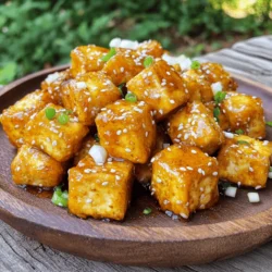 - 14 oz firm tofu, pressed and drained - 1/4 cup cornstarch - 2 tablespoons vegetable oil - 3 tablespoons honey or maple syrup - 2 tablespoons soy sauce - 3 cloves garlic, minced - 1 teaspoon fresh ginger, grated - 1 tablespoon rice vinegar - 1/2 teaspoon red pepper flakes (optional) - Sesame seeds - Chopped green onions Using these ingredients makes this dish come alive with flavor. The firm tofu gives a solid base. It holds the sauce well and stays crispy. Cornstarch is key for that crunchy outside. It helps the tofu to fry up perfectly. For the sauce, I love the mix of honey and soy sauce. It balances sweet and salty. Garlic and ginger add a warm touch. Rice vinegar gives it a nice tang, making it bright. If you want some heat, add red pepper flakes. They spice things up just right. Finally, garnishing brings everything together. Sesame seeds add a nutty crunch. Chopped green onions give fresh flavor and color. Each ingredient plays its part in this delightful dish. Enjoy creating your Crispy Honey Garlic Tofu! First, you need to press the tofu to remove excess water. This helps it crisp up later. Cut the pressed tofu into 1-inch cubes. Make sure the pieces are even for cooking. Next, pat the cubes dry with a paper towel. This step is key for a crispy texture. Now, place the cornstarch in a bowl. Toss the tofu cubes in the cornstarch until they are fully coated. This coating forms a crispy layer while cooking. It helps to lock in the flavor and gives a nice crunch. Heat a large non-stick skillet over medium-high heat. Add vegetable oil to the hot skillet. Once the oil is hot, lay the tofu cubes in a single layer. Cook until they turn golden brown and crispy, about 3-4 minutes per side. Once done, transfer the tofu to a plate and set aside. In the same skillet, lower the heat to medium. Add minced garlic and grated ginger. Stir them for about 30 seconds. You want to release their nice aroma but be careful not to burn them. Then, add honey (or maple syrup), soy sauce, and rice vinegar. If you like spice, toss in red pepper flakes. Bring the sauce to a gentle simmer. Now it’s time to bring the tofu back into the mix. Add the crispy tofu to the sauce and toss gently. Make sure every piece is coated well in the sauce. Heat everything together for about 2 minutes. Remove the skillet from the heat. Carefully transfer the tofu to a serving dish. For a beautiful finish, sprinkle sesame seeds and chopped green onions on top. This adds color and a nice crunch to your dish. To get crispy tofu, you must dry it well. Moisture makes tofu soggy. Press the tofu for at least 30 minutes. After pressing, cut it into 1-inch cubes. Pat the cubes dry with a paper towel. This helps them crisp up nicely. The oil temperature is also key. Heat your skillet over medium-high heat. When the oil is hot, it should shimmer. This means it is ready for the tofu. If the oil is too cool, the tofu will soak it up and stay soft. You can make this dish even better with spices. Try adding a pinch of garlic powder or smoked paprika. These spices add depth to the flavor. You can also use fresh herbs like cilantro or basil for a fresh touch. For sweeteners, honey works well, but maple syrup is great for vegans. You can also try agave nectar or brown sugar. Each option brings a different taste to the sauce. A non-stick skillet is the best choice for this recipe. It helps keep the tofu from sticking. This makes flipping easy and prevents burning. You can also use a cast-iron skillet for a nice sear. For easy flipping, use a spatula or tongs. This helps you turn the tofu without breaking it. A slotted spoon is helpful for serving. It lets excess sauce drain off, keeping your dish from getting soggy. {{image_2}} You can easily make this dish vegan by using maple syrup instead of honey. Maple syrup gives a rich sweetness that works well with the garlic and soy sauce. For gluten-free options, choose gluten-free soy sauce. This swap ensures you still enjoy a great flavor without the gluten. To elevate the taste, try adding spices like paprika or cumin. They add depth to the dish. You can also experiment with different sauces. For a twist, use teriyaki or sweet chili sauce. Each option brings its unique flavor to the tofu. This crispy honey garlic tofu pairs well with rice or noodles. Both absorb the sauce and enhance the meal. Serve it alongside steamed broccoli or sautéed bell peppers for a colorful plate. These sides add nutrition and balance to your dish. To keep your crispy honey garlic tofu fresh, store it in an airtight container. Make sure it cools down to room temperature first. This way, it won't steam and get soggy. Place it in the fridge right after it cools. It will stay good for about 3 to 4 days. Check for any strange smells or colors before eating. When you want to eat your leftovers, you need to keep them crispy. The best way is to use a skillet. Heat a little oil in the pan. Add the tofu and cook for a few minutes on medium heat. This will help it crisp up again. Avoid using the microwave. It will make the tofu soft and chewy. Also, don’t add too much sauce when reheating; it can make the tofu soggy. Enjoy your tasty tofu! No, soft tofu does not work well here. Firm tofu gives a nice, crispy texture. It holds its shape better when cooked. Soft tofu may fall apart and not get crispy. Stick to firm tofu for the best results. To add spice, use red pepper flakes or chili paste. You can also add sriracha for a kick. Start with a small amount and taste. Adjust to your heat preference. Adding fresh chopped chilies can also enhance the flavor. You can use maple syrup as a vegan option. Agave nectar works well too. Both will give a sweet flavor similar to honey. Just make sure to keep the same amount for balance. Yes, you can make the sauce ahead of time. Mix the honey, soy sauce, garlic, ginger, and vinegar. Store it in the fridge in a sealed container. When ready to use, just heat it before adding the crispy tofu. To store, place leftover tofu in an airtight container. Keep it in the fridge for up to three days. Reheat in a skillet to keep it crispy. Avoid microwaving, as it can make the tofu soggy. Tofu is a great way to enjoy a tasty meal. We covered how to make crispy honey garlic tofu and important ingredients like firm tofu, cornstarch, and flavorful sauces. You learned how to prepare, cook, and present this dish. Remember, drying the tofu helps it get crispy. With a few easy tips, you can mix flavors or adjust for diet needs. Enjoy this dish with rice or noodles for a complete meal. Try it out and let your taste buds celebrate!