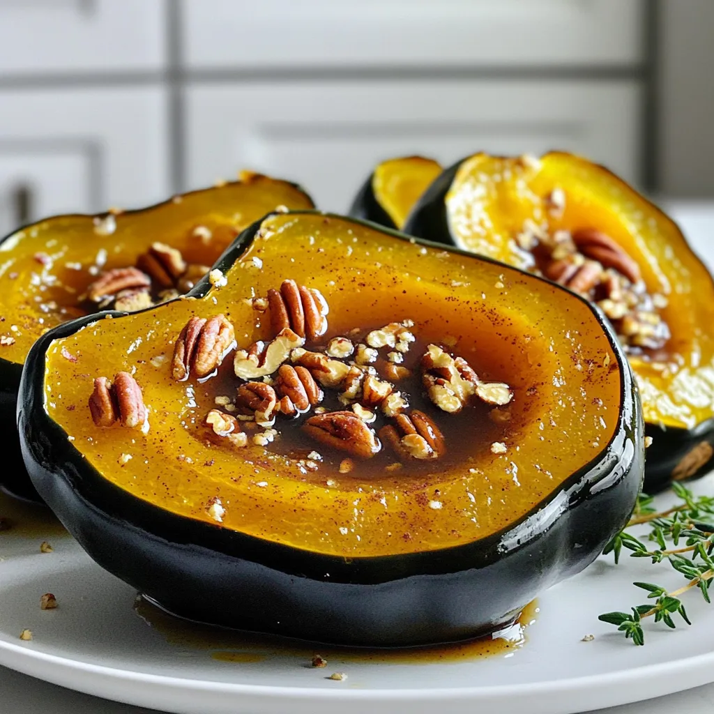 To make this tasty dish, you need the following ingredients: - 2 medium acorn squashes - 3 tablespoons pure maple syrup - 1 teaspoon ground cinnamon - 1/2 teaspoon ground nutmeg - 2 tablespoons olive oil - Salt and pepper to taste - 1/4 cup chopped pecans (optional) - Fresh thyme leaves for garnish (optional) Each ingredient plays a role in creating that sweet and warm flavor. The acorn squash serves as the base, while maple syrup and spices bring a delightful taste. Olive oil helps the squash roast perfectly. You can add pecans for a crunchy touch. Finally, fresh thyme adds a nice, herbal note. When you pick acorn squashes, look for ones that feel heavy for their size. They should have a firm skin and a deep green color. This ensures they are fresh and full of flavor. Maple syrup must be pure for the best taste. Avoid imitation syrups, as they lack the rich flavor you want. With these ingredients, you are ready to create a delicious dish. Enjoy the process and the wonderful smell as the squash roasts! 1. Preheat your oven to 400°F (200°C). 2. Halve each acorn squash and scoop out the seeds. 3. In a small bowl, mix together the maple syrup, cinnamon, nutmeg, olive oil, salt, and pepper until smooth. 1. Place the acorn squash halves cut-side up on a baking sheet lined with parchment paper. 2. Brush the maple mixture evenly over the cut surfaces of the squashes. 3. If you like, sprinkle chopped pecans on top for extra crunch. 4. Roast in the oven for about 30 to 35 minutes. The squash is done when the flesh is tender and the tops are caramelized. 1. Remove from the oven and garnish with fresh thyme leaves if you want. 2. Serve warm as a tasty side dish or a light main course. - How to choose the best acorn squash: Look for squash that feels heavy for its size. The skin should be firm, with a rich green color. Avoid any with soft spots or blemishes. - Optimal roasting times for different squash sizes: For medium-sized acorn squashes, roast them for about 30-35 minutes. If your squash is larger, add 5-10 minutes. Check for tenderness with a fork. - Additional spices to try: Besides cinnamon, try adding ginger or allspice for warmth. A pinch of cayenne can add a surprising kick. - Using alternative sweeteners in place of maple syrup: Honey or agave syrup can work well. They offer a different sweetness. You can also use brown sugar for a caramel-like taste. - Creative ways to plate and serve: Serve the squash halves on a colorful platter. Drizzle extra maple syrup over them for shine. Sprinkle with fresh thyme for a pop of green. Add a few pecans on top for texture. {{image_2}} You can easily make this dish vegan-friendly. Just use maple syrup and olive oil as they are both plant-based. If you want to add some depth, try using coconut oil instead of olive oil. For those who eat dairy, you can sprinkle some feta cheese on top. This adds a nice salty flavor that balances the sweetness. Let’s get creative! You can add dried fruits like cranberries or apricots for a sweet twist. Chopped nuts, like walnuts or almonds, also add a great crunch. If you want to go savory, mix in some crumbled goat cheese or blue cheese after roasting. This gives the dish a rich flavor that pairs well with the sweet squash. Explore different cultures with maple syrup alternatives. Try using honey or agave nectar if you prefer. You can also spice it up with flavors from around the world. Add a pinch of cumin or chili powder for a kick. These spices can transform the dish into something unique and exciting! To keep your Maple Cinnamon Roasted Acorn Squash fresh, store it in the fridge. Place the leftovers in an airtight container. This helps keep moisture in and prevents other scents from affecting the flavor. Use the squash within three to four days for the best taste. If you want to freeze it, slice the cooled squash into pieces. Wrap each piece tightly in plastic wrap, then place them in a freezer bag. This will help prevent freezer burn. You can freeze acorn squash for up to three months. You can reheat your squash in the oven or the microwave. For the oven, preheat it to 350°F (175°C). Place the squash on a baking sheet and cover it with foil. Heat for about 15-20 minutes until warm. This keeps the squash nice and soft. If you’re in a hurry, use the microwave. Place the squash pieces on a microwave-safe plate. Cover them with a damp paper towel. Heat in short bursts of 30 seconds until warm. The microwave is quick but might make the squash a bit soggy. In the fridge, your Maple Cinnamon Roasted Acorn Squash will last about three to four days. If you freeze it, the squash can last for about three months. However, for the best flavor, try to eat it sooner. Always check for signs of spoilage, such as an off smell or strange texture, before eating. You can use honey or agave syrup. Both add sweetness but change the taste a bit. Brown sugar or coconut sugar can work too. Mix them with a bit of water to make a syrup. Each sweetener will change the flavor slightly, so pick one that you like. Yes, you can prepare the squash in advance. Cut and seed the acorn squash, then store it in the fridge. Make the maple mixture and keep it in a sealed jar. When you are ready to bake, just combine them. This saves time and makes meal prep easy. Acorn squash is very healthy. It is low in calories and high in vitamins A and C. It also has fiber, which helps digestion. Eating acorn squash can support your immune system and give you energy. It fits well into a balanced diet. Look for a few signs to know when your squash is ready. The flesh should feel soft when poked with a fork. The tops will brown and caramelize. If the squash is tender and the edges are slightly crispy, it’s done. Enjoy the great flavor and texture! Maple cinnamon roasted acorn squash is simple and delicious. We learned about the key ingredients, step-by-step preparation, and cooking tips. You can customize this dish to suit your needs, whether vegan or packed with flavors. Additionally, storing and reheating are easy. This dish is not only tasty but also healthy, making it a great choice for any meal. Enjoy your cooking, and don’t forget to get creative with flavors!