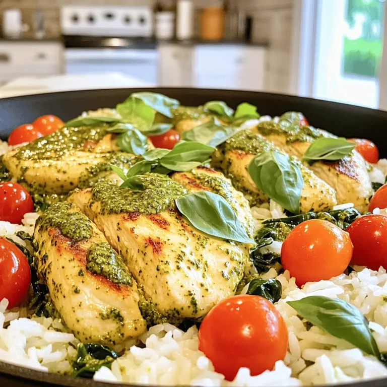 To make One-Pan Creamy Pesto Chicken & Rice, you need the following items: - 4 boneless, skinless chicken breasts - 1 cup uncooked long-grain rice - 2 cups chicken broth - 1 cup heavy cream - 1/2 cup pesto sauce - 1 cup cherry tomatoes, halved - 1 cup baby spinach, chopped - 1 tablespoon olive oil - 2 cloves garlic, minced - Salt and pepper to taste - Fresh basil leaves for garnish When measuring, use dry measuring cups for rice and liquid measuring cups for broth and cream. The chicken should weigh about 1.5 to 2 pounds. Pesto can be store-bought or homemade. Measure the pesto in a standard measuring cup for best results. Use fresh garlic for a stronger flavor. You can swap store-bought pesto for homemade if you want a fresh taste. For a nut-free option, use a dairy-based or herb-based spread instead of traditional pesto. If you prefer, chicken thighs can replace chicken breasts. They are juicier and can add more flavor to the dish. Start with four boneless, skinless chicken breasts. First, pat them dry with paper towels. This helps them brown well. Season each breast with salt and pepper. Heat one tablespoon of olive oil in a large skillet over medium heat. Add the chicken breasts when the oil is hot. Sear them for about 5-7 minutes on each side. Look for a golden brown color. Once cooked, remove the chicken from the skillet and set it aside. In the same skillet, add two minced garlic cloves. Sauté them for about one minute. This will give a nice aroma to your dish. Now, add one cup of uncooked long-grain rice. Stir it well so the rice gets coated in the oil and garlic. Cook it for another minute. Next, pour in two cups of chicken broth. Bring this mixture to a gentle boil. Once boiling, lower the heat and cover the skillet with a lid. Let it cook for about 15 minutes. The rice should be nearly done when you check it. While the rice cooks, mix one cup of heavy cream and half a cup of pesto in a medium bowl. Make sure they are well combined. Once the rice is almost cooked, return the seared chicken to the pan. Also, add one cup of halved cherry tomatoes. Pour the creamy pesto mixture over everything. Gently stir to combine all the flavors. Tuck one cup of chopped baby spinach into the mix. Cover the skillet again and let it simmer for an additional 5-7 minutes. Check to ensure the chicken is cooked through and the spinach is wilted. Adjust the seasoning with salt and pepper if needed. Finally, garnish with fresh basil leaves before serving. Enjoy your meal! To get that creamy texture, use heavy cream. It adds richness that makes each bite dreamy. Mix the cream with pesto well. This ensures it blends into the rice and chicken. If you want a lighter option, use half-and-half. However, the flavor may change slightly. You can use store-bought or homemade pesto. Store-bought is quick and easy. Look for brands with fresh ingredients. If you want to make your own, blend basil, garlic, nuts, and cheese. This gives you control over flavor. Try different nuts like walnuts or pine nuts for variety. Start with room temperature chicken. This helps it cook evenly. Season it well with salt and pepper. Sear it on medium heat until golden brown. This locks in juices and adds flavor. Use a meat thermometer to check doneness. Chicken should reach 165°F for safety. {{image_2}} You can make this dish even better by adding vegetables. Try bell peppers, zucchini, or peas. These veggies add color and taste. You can sauté them with garlic before adding the rice. Spinach is great, but feel free to mix in broccoli or asparagus. Each veggie brings its own flavor and crunch. Chicken is not the only option here. You can use turkey or pork instead. If you're in the mood for seafood, shrimp works well too. Adjust the cooking time, so they cook through. For a vegetarian twist, use chickpeas or tofu. They soak up the creamy pesto well. If you need a gluten-free meal, this recipe is easy to adapt. Swap the long-grain rice for gluten-free rice or quinoa. Check your pesto to ensure it’s gluten-free. Some brands add gluten, so read labels carefully. A dairy-free cream can replace heavy cream if you want a lighter dish. To keep your One-Pan Creamy Pesto Chicken & Rice fresh, follow these steps: - Let the dish cool to room temperature. - Transfer leftovers into an airtight container. - Store in the fridge for up to 3 days. Make sure to label your container with the date. This helps you track freshness. Reheating is easy and quick! Here’s how: - Place the leftovers in a skillet over medium heat. - Add a splash of chicken broth or cream to keep it moist. - Stir occasionally until heated through. You can also use a microwave. Just cover the dish and heat in short bursts. If you want to save some for later, freezing works great! Here are the steps: - Cool the dish completely before freezing. - Portion the chicken and rice into freezer-safe bags or containers. - Remove as much air as possible and seal tightly. Label with the date. You can freeze for up to 3 months. To thaw, place in the fridge overnight before reheating. Yes, you can use brown rice. However, it takes longer to cook. Brown rice needs about 40-45 minutes, compared to 15 for white rice. Make sure to adjust the liquid amount and cooking time for the best results. This dish lasts about 3-4 days in the fridge. Store it in an airtight container to keep it fresh. Reheat it on the stove or in the microwave when ready to eat. Yes, you can make this dish ahead of time. Cook it fully, then let it cool. Store it in the fridge for later. You can also prep the ingredients and cook them when you're ready. This saves time on busy days. This blog post highlighted key ingredients, easy steps, and useful tips for your dish. You learned how to prep chicken, cook rice, and achieve a creamy texture. Remember, variations like adding veggies and using different proteins keep meals exciting. I hope you feel ready to try this recipe. Enjoy making this quick, tasty dish and share your results!