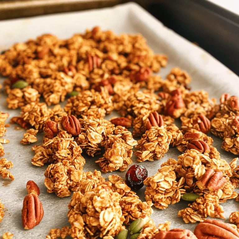 - 2 cups rolled oats - 1 cup chopped pecans - 1/2 cup pumpkin seeds - 1/2 teaspoon cinnamon - 1/4 teaspoon salt - 1/3 cup pure maple syrup - 1/4 cup melted coconut oil - 1 teaspoon vanilla extract - 1/2 cup dried cranberries or raisins (optional) Gathering the right ingredients is key for making tasty Maple Pecan Granola Clusters. Rolled oats form the base and give a hearty texture. Chopped pecans add a nice crunch and rich flavor. Pumpkin seeds bring extra nutrients and a bit of variety. Cinnamon gives warmth and a hint of spice. Salt balances the sweetness from the maple syrup. Pure maple syrup is a must for that sweet, sticky goodness. Melted coconut oil not only binds the mixture but also adds a hint of coconut flavor. The vanilla extract rounds it all off with a lovely aroma. If you want a fruity touch, consider adding dried cranberries or raisins. They add sweetness and a chewiness that complements the clusters. With these ingredients, you set yourself up for a delicious and satisfying treat! - Calories per serving: About 200 calories - Macronutrients: - Protein: 4 grams - Fats: 10 grams - Carbohydrates: 28 grams The health benefits shine through in this recipe. Rolled oats are great for heart health and provide fiber. Pecans are full of healthy fats and antioxidants. Pumpkin seeds add protein and minerals like magnesium. Maple syrup, though sweet, also offers some vitamins and minerals. This granola is not just tasty; it packs a nutritional punch! Enjoy it as a snack or a topping. It fits easily into a healthy diet while still being a treat. 1. Preheating the oven: First, preheat your oven to 325°F (163°C). This step is key for even baking. 2. Preparing the baking sheet: Line a baking sheet with parchment paper. This helps prevent sticking and makes cleanup easy. 1. Combining dry ingredients in a bowl: In a large mixing bowl, add 2 cups of rolled oats, 1 cup of roughly chopped pecans, and 1/2 cup of pumpkin seeds. Sprinkle in 1/2 teaspoon of cinnamon and 1/4 teaspoon of salt. Mix well until everything is evenly distributed. 2. Whisking together wet ingredients: In another bowl, whisk together 1/3 cup of pure maple syrup, 1/4 cup of melted coconut oil, and 1 teaspoon of vanilla extract. Mix until the liquids blend perfectly. 1. Spreading the mixture on a baking sheet: Pour the wet mixture into the dry ingredients. Stir until all oats and nuts are coated. Spread this mixture onto your prepared baking sheet. Press down firmly to form clusters. 2. Baking time and stirring guidelines: Bake for 25-30 minutes. Stir halfway through to help with even browning. Watch closely so it doesn’t burn. 3. Cooling the granola clusters: Remove the granola from the oven and let it cool completely on the baking sheet. This cooling time helps the clusters stick together. To get those perfect clusters, you need to press down the mixture. When you spread the granola on the baking sheet, use your hands to pack it tightly. This helps the clusters stick together. If you skip this step, you might end up with loose granola. Also, avoid overbaking. Check your granola around 25 minutes. It should be golden brown and smell great. If it gets too dark, it can taste burnt. You can add spices for more flavor. Cinnamon works great, but try nutmeg or ginger for a twist. You can also mix in different ingredients. Dried fruits like cranberries or raisins add sweetness. For crunch, consider adding seeds like sunflower or chia. You can even toss in some dark chocolate chips after baking for a sweet treat. The best mixing bowls are big and sturdy. A glass or stainless steel bowl works well for mixing. For baking, use a rimmed baking sheet. This helps keep everything in place. A silicone mat or parchment paper makes cleanup easy. Plus, it prevents sticking. {{image_2}} You can switch pecans for walnuts or almonds. Both nuts give a nice crunch. Walnuts have a rich flavor, while almonds add a subtle sweetness. If you're looking for seeds, try sunflower or chia seeds. Sunflower seeds are nutty and fun. Chia seeds add a boost of nutrition. They also help bind the granola together. If you want to change the sweetener, honey or agave syrup works great. Honey gives a floral note, while agave syrup is milder. You can also play with different extracts. Try almond or coconut extract for a new twist. These flavors can really brighten up your granola. Fresh or dried fruits can enhance your granola. For dried fruit, cranberries or raisins are fantastic. If you prefer fresh fruit, think about adding apples or bananas. Just chop them into small pieces. Using seasonal fruits can make your granola even more special. Fresh berries in summer or dried figs in fall can be delicious options. Store your maple pecan granola clusters in an airtight container. Glass jars or plastic bins work well. Avoid using paper bags, as they let in air and moisture. Keep the granola in a cool, dry place. This helps prevent spoilage and keeps the clusters fresh. Your homemade granola clusters can stay fresh for about two weeks at room temperature. If you want to store them longer, freeze them. Place the clusters in a freezer-safe bag or container. They can last up to three months in the freezer. Just make sure to label your container with the date. If your granola loses its crunch, don't worry! You can easily re-crisp it. Preheat your oven to 300°F (150°C). Spread the granola on a baking sheet in a thin layer. Bake for about 10 minutes. Keep an eye on it to avoid burning. Let it cool before storing it again. Enjoy those crunchy clusters! Yes, you can use quick oats. However, quick oats may make your granola less chewy. They cook faster and can create a finer texture. Rolled oats give a heartier bite and better clusters. Homemade granola lasts about two weeks at room temperature. Store it in an airtight container to keep it fresh. If you want it to last longer, you can freeze it. Just remember to thaw it before enjoying. Yes, you can swap coconut oil for other oils. Olive oil or canola oil work well. Each oil will add a different flavor. Experiment to find your favorite. Absolutely! You can leave out the pecans. Substitute them with more seeds, like sunflower or sesame seeds. This will still give you a tasty crunch without nuts. To achieve crunchier clusters, press the mixture firmly before baking. Bake until golden brown, but don’t overbake. Letting it cool completely on the baking sheet also helps the clusters firm up nicely. This blog post covered how to make delicious granola clusters with simple ingredients. You learned about the key ingredients, health benefits, and easy steps for preparation. I shared tips to achieve perfect clusters and exciting flavor variations. Remember, storing your granola properly keeps it fresh and crunchy. Experiment with your favorite mix-ins and enjoy the process. Making your own granola can be fun and rewarding. You have everything you need to start creating tasty snacks at home.