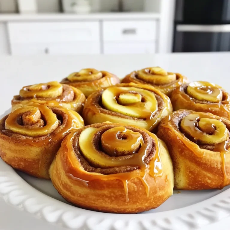 - 4 cups all-purpose flour - 1 packet (2 ¼ tsp) instant yeast - ½ cup granulated sugar - 1 teaspoon salt - 1 cup warm milk (110°F) - ⅓ cup unsalted butter, melted - 2 large eggs - 2 tablespoons cinnamon - ½ cup brown sugar - ¼ cup unsalted butter, softened - 2 large apples, peeled and diced (preferably Granny Smith or Honeycrisp) - 1 cup caramel sauce (store-bought or homemade) - ¼ cup chopped nuts (optional, such as pecans or walnuts) The ingredients for these caramel apple cinnamon rolls make them a delight to bake. The dough is the base, and it requires flour, instant yeast, sugar, salt, warm milk, melted butter, and eggs. These ingredients help create a soft and fluffy texture. For the filling, you will need cinnamon, brown sugar, softened butter, and apples. I prefer Granny Smith or Honeycrisp apples for their tartness, which balances well with the sweet filling. Lastly, the caramel topping is what makes these rolls special. You can use store-bought or homemade caramel sauce. Adding chopped nuts is optional, but it gives a nice crunch. This mix of flavors and textures makes the rolls both delightful and sweet. The combination is sure to please anyone who tries them. To start, combine warm milk, melted butter, and eggs in a large mixing bowl. Mix these well. Next, gradually add in the flour, instant yeast, sugar, and salt. Knead the mixture until a soft dough forms. This should take about 5-10 minutes. Once it feels smooth, place the dough in a greased bowl. Cover it with a clean cloth and let it rise in a warm place for about one hour. You want it to double in size. While the dough rises, prepare the filling. In a small bowl, mix the brown sugar and cinnamon together. Set this mixture aside for later. Take another bowl and coat the diced apples with softened butter. Make sure every piece is well covered. This helps the apples stay moist and adds flavor. Once the dough has risen, punch it down gently. Turn it out onto a floured surface. Roll the dough into a rectangle, about ¼ inch thick. Spread the softened butter evenly over the dough's surface. Next, sprinkle the cinnamon-sugar mixture on top. Then, layer on the apple mixture evenly. Starting from one long edge, carefully roll the dough into a tight log. Slice the log into 12 equal pieces. Place these rolls in a greased baking dish. Cover with a clean cloth and let them rise for an additional 30 minutes. Preheat your oven to 350°F (175°C). Once ready, bake the rolls for 25-30 minutes, or until they turn golden brown. Let them cool slightly before adding the caramel topping. To get the best dough, the right temperature is key. You want your warm milk at about 110°F. This warmth helps the yeast grow. A good rise lets the rolls puff up nicely. Kneading is also important. Knead for about 5-10 minutes until the dough is soft and smooth. This helps develop gluten, giving the rolls their chewy texture. When adding apples, be sure to coat them well with the softened butter. This step helps the apples soak up the cinnamon and brown sugar flavor. It also keeps them juicy while baking. For the best taste, use tart apples like Granny Smith or Honeycrisp. Their sweetness balances the rolls perfectly. To check for doneness, look for a golden brown color. The rolls should be firm to the touch but not hard. A good way to tell is to use a toothpick. Insert it into the center; if it comes out clean, they are done. Aim for a nice golden brown color for that perfect look and taste. This shows they are cooked through and ready to enjoy! {{image_2}} You can change the taste of your rolls by using different apples. Granny Smith gives a nice tartness. Honeycrisp adds sweetness and crunch. You can also use Fuji or Gala apples if you prefer. Adding dried fruits can enhance flavor too. Try mixing in raisins or cranberries. They add a chewy texture that pairs well with the apples. Spices can take your rolls to the next level. Adding nutmeg or cloves gives a warm, cozy flavor. Just a pinch can make a big difference. If you want to swap the caramel, try cream cheese frosting instead. It adds a creamy richness that contrasts well with the cinnamon and apples. If you need a gluten-free option, use gluten-free flour. Make sure to check the brand for best results. You can still enjoy these rolls without gluten. For dairy-free options, use coconut milk and vegan butter. These swaps keep the rolls soft and tasty without dairy. You won’t miss the real thing! To keep your caramel apple cinnamon rolls fresh, store them properly. Place the rolls in an airtight container. You can refrigerate them for up to 5 days. For longer storage, freeze the rolls. Wrap each roll tightly in plastic wrap, then in aluminum foil. This will keep them fresh for about 3 months. When you're ready to enjoy your rolls again, reheating them is easy. You can use the microwave for a quick warm-up. Heat one roll for about 15-20 seconds. This will keep it soft and gooey. If you prefer, you can use an oven. Preheat it to 350°F (175°C). Place the rolls on a baking sheet and warm them for about 10 minutes. These caramel apple cinnamon rolls taste best when fresh. However, they can last a while. If stored in the fridge, they stay good for about 5 days. In the freezer, they can last up to 3 months without losing taste. After that, the quality may drop, so enjoy them while they are fresh! Yes, you can make the dough ahead of time. To do this, prepare the dough as instructed. After kneading, place it in a greased bowl. Cover it tightly with plastic wrap. Refrigerate the dough overnight. When you're ready to bake, take it out and let it sit at room temperature for about 30 minutes. This helps revive the yeast. Check for visual cues as the rolls bake. They should be golden brown on top. You can also tap the bottom of a roll. If it sounds hollow, it’s done. The internal temperature should reach 190°F. Use a kitchen thermometer for accuracy. You can use pre-made dough, but there are pros and cons. Store-bought dough saves time and effort. It can simplify the process. However, homemade dough offers better flavor and freshness. If you want a unique taste, I recommend making your own. Besides caramel, you can try different toppings. Cream cheese icing adds a sweet tang. A simple glaze of powdered sugar and milk works well too. You can also sprinkle on chopped nuts or add a dusting of powdered sugar for a nice finish. This blog post covered how to make delicious cinnamon apple rolls. We talked about key ingredients like flour, yeast, and apples. I shared step-by-step instructions to help you prepare the dough, filling, and caramel topping. You also learned tips for perfect rolls and ways to store leftovers. In the end, these rolls can be a great treat for any occasion. With simple variations and storage tips, you can enjoy them anytime. I hope you try this recipe and make it your own!