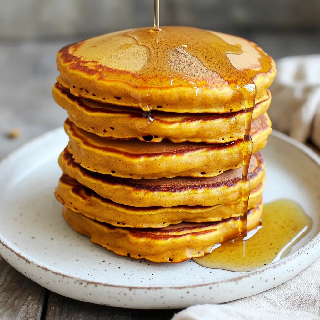 - 1 cup all-purpose flour - 1 tablespoon baking powder - 1 teaspoon pumpkin spice mix - 1/2 teaspoon salt - 2 tablespoons brown sugar - 1 cup canned pumpkin puree - 1 cup milk (dairy or non-dairy) - 1 large egg - 2 tablespoons maple syrup - 2 tablespoons melted butter (or oil for a dairy-free option) I love using simple ingredients for my pumpkin spice maple pancakes. The dry mix starts with all-purpose flour, baking powder, pumpkin spice mix, salt, and brown sugar. Each adds flavor and helps the pancakes rise. The brown sugar gives a nice hint of sweetness. For the wet mix, I combine canned pumpkin puree, milk, a large egg, maple syrup, and melted butter. The pumpkin puree makes the pancakes moist and rich. I choose milk based on my diet. The maple syrup sweetens the mix, while the melted butter adds a lovely flavor. - Extra maple syrup - Whipped cream - Crushed nuts or cinnamon When serving, I like to drizzle extra maple syrup on top. It adds a sweet finish. A dollop of whipped cream makes these pancakes feel special. Sometimes, I sprinkle crushed nuts or cinnamon for a little crunch and spice. These toppings truly make the dish shine. Start by grabbing a medium mixing bowl. In it, whisk together these dry items: - 1 cup all-purpose flour - 1 tablespoon baking powder - 1 teaspoon pumpkin spice mix - 1/2 teaspoon salt - 2 tablespoons brown sugar Mix them well. Make sure there are no lumps. This helps your pancakes rise nicely. Now, take another bowl. Combine these wet ingredients: - 1 cup canned pumpkin puree - 1 cup milk (dairy or non-dairy) - 1 large egg - 2 tablespoons maple syrup - 2 tablespoons melted butter (or oil for a dairy-free option) Stir them together until they blend well. This mix adds moisture and flavor. Carefully pour the wet mix into the dry bowl. Gently stir them together. The batter can have lumps; that’s okay! Don’t overmix, or your pancakes may turn out dense. Heat a non-stick skillet over medium heat. Lightly grease it with butter or oil. Pour about 1/4 cup of batter onto the hot skillet for each pancake. Cook for 2-3 minutes. Look for bubbles on top before flipping. Once bubbles form, flip the pancakes. Cook for another 2-3 minutes until they are golden brown. Once cooked, take the pancakes off the skillet. Keep them warm in a covered dish. Serve them warm, drizzled with extra maple syrup. For a special touch, add whipped cream or crushed nuts on top! To make fluffy pancakes, do not overmix the batter. Stir until just combined. A few lumps are okay. Overmixing makes the pancakes tough. Adjusting the batter thickness is also key. If your batter is too thick, add a splash of milk. If it’s too thin, add a bit more flour. Aim for a pourable consistency. The ideal skillet temperature is medium heat. If it’s too hot, pancakes burn. If it’s too cool, they won’t cook well. To test, sprinkle a few drops of water on the skillet. If they sizzle and dance, you’re ready. When flipping pancakes, wait until bubbles form on the surface. This shows they are ready to flip. Use a thin spatula for a clean flip. For dairy-free pancakes, you can easily substitute milk and butter. Almond, soy, or oat milk works well. For butter, use coconut oil or vegetable oil. These swaps keep your pancakes moist and tasty. You won’t miss the dairy at all! {{image_2}} You can make your pumpkin spice maple pancakes even better. Try adding chocolate chips or nuts. Both give a nice crunch and sweetness. Chocolate chips melt and add a rich flavor. Nuts, like walnuts or pecans, add a great texture. You might also want to use different spices. Try nutmeg or ginger for extra warmth. These spices blend well with pumpkin and add depth. A little cinnamon can make your pancakes even cozier. If you want a healthier pancake, consider using whole wheat flour. It adds fiber and a nutty taste. You can also try gluten-free flour for those with gluten issues. Many brands work well in pancakes. Lowering sugar is easy too. You can use less brown sugar or try maple syrup. Applesauce is a great swap for sugar, giving moisture and sweetness. You can change the flavors based on the season. In fall, add apple pieces or apple cider for a fruity touch. In winter, pecans or cranberries can add a festive feel. Each change makes the recipe fun and fresh. Enjoy trying new flavors in your pancakes! To store leftover pancakes, let them cool first. Then, stack them with a layer of parchment paper between each pancake. This keeps them from sticking together. Place the stack in a sealable plastic bag or an airtight container. You can refrigerate them for up to three days. For reheating pancakes, you have two good options. The microwave is fast. Place the pancakes on a plate and cover them with a damp paper towel. Heat for about 20-30 seconds. The skillet gives a crispier texture. Heat the skillet on medium-low. Add a small amount of butter, then warm each pancake for 1-2 minutes on each side. Freezing pancakes is easy and great for meal prep. First, let the pancakes cool completely. Next, place them in a single layer on a baking sheet. Freeze for about an hour. Once frozen, stack them with parchment paper in between. Transfer the stack to a sealable freezer bag. Squeeze out the air and seal it well. You can store them in the freezer for up to two months. When you're ready to eat, just reheat them! You can tell when your pancakes are done cooking by looking for a few signs. First, watch for bubbles forming on the surface of the pancake. This means the batter is cooking properly. Next, check the edges of the pancake. They should look set and not shiny. Finally, flip the pancake. It should be golden brown on the bottom. If it looks good, cook for another minute on the other side. Yes, you can make pumpkin spice pancakes without eggs. Some good egg substitutes include mashed banana or applesauce. Use about 1/4 cup of either for one egg. These options help keep the pancakes moist. However, the texture may change a bit. The pancakes might be a little denser but still tasty. Serving pumpkin spice pancakes is all about personal touch. Drizzle warm maple syrup over them for a sweet kick. Add whipped cream on top for extra creaminess. You can also sprinkle crushed nuts for a nice crunch. A dash of cinnamon or extra pumpkin spice will enhance the flavor. Enjoy them with fresh fruit for a fresh twist! In this blog post, I shared the steps to make delicious pumpkin spice pancakes. We covered the right ingredients and cooking techniques to achieve fluffy results. I also included tips for dairy-free options and how to store leftovers. Remember, the key is to avoid overmixing for the best texture. With these simple instructions and variations, you can make pancakes that fit your taste. Enjoy your cooking and the delightful flavors of fall!