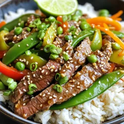 - 1 pound beef flank steak, thinly sliced against the grain - 1 bell pepper, sliced (red or green) - 1 cup snap peas, trimmed - 1 medium carrot, julienned - 4 cloves garlic, minced - 1 tablespoon fresh ginger, grated The main ingredients create a tasty base. The beef gives the dish its heartiness. The bell pepper adds sweetness, while snap peas add crunch. Carrots bring color and a slight earthiness. Garlic and ginger provide strong flavors, enhancing the overall taste. - 3 tablespoons sesame oil - 2 tablespoons soy sauce (or tamari for gluten-free) - Salt and pepper to taste These flavor enhancers make the dish pop. Sesame oil adds a nutty taste that pairs well with beef. Soy sauce or tamari adds depth and umami. Salt and pepper round out the flavors, making each bite enjoyable. - Cooked rice or quinoa - Garnishes (green onions, sesame seeds, lime) Serve the stir-fry over rice or quinoa for a complete meal. Rice soaks up the sauce, while quinoa adds protein. Garnishes like green onions and sesame seeds bring freshness. A wedge of lime adds a zesty kick that brightens the dish. To start, you need to prepare the marinade. In a bowl, combine 1 tablespoon of sesame oil, minced garlic, soy sauce, and grated ginger. Mix these well. This blend will add a great flavor to your beef. Now, add the thinly sliced flank steak to the bowl. Toss the beef so it gets coated in the marinade. Let it sit for at least 15 minutes. This time lets the flavors seep into the meat. Next, heat a large non-stick skillet or wok over medium-high heat. Add the remaining 2 tablespoons of sesame oil to the pan. Once the oil is hot, it’s time to cook the beef. Add the marinated beef to the skillet in a single layer. Cook for about 2-3 minutes. Stir frequently to brown the beef evenly. Be careful not to overcrowd the pan. If needed, cook the beef in batches. This helps it sear well and keeps it juicy. After the beef is cooked, it’s time to add the veggies. Toss in the sliced bell pepper, snap peas, and julienned carrot. Stir-fry with the beef for about 3-4 minutes. This timing helps the veggies stay tender-crisp. You want them to have a nice bite. Once the vegetables are bright and slightly tender, sprinkle in the chopped green onions and sesame seeds. Stir everything together and season with salt and pepper to taste. - How to avoid overcrowding the pan To get a great stir-fry, you need space. If you add too much beef at once, it steams instead of sears. Cook the beef in batches. This way, it gets a nice brown color and great flavor. - Achieving the best sear on the beef Start with a hot pan. Heat your skillet or wok on medium-high heat. Use enough sesame oil to coat the bottom. When the oil shimmers, add the beef. Let it sit for a moment without stirring, then flip it for even cooking. - Suggestions for adjusting the marinade for personal taste If you like it sweeter, add a splash of honey or brown sugar. For more heat, add red pepper flakes or a splash of sriracha. Play with the soy sauce amount for a saltier or lighter taste. - Best practices for seasoning during cooking After adding the veggies, sprinkle a little salt and pepper. Taste and adjust as needed. If you want a deeper flavor, add a bit of soy sauce toward the end. - Ideas for plating and garnishes Serve the stir-fry in shallow bowls. Top with extra sesame seeds and chopped green onions. A wedge of lime adds a fresh touch. - How to elevate the visual appeal of the dish Use colorful veggies like red and green bell peppers. Arrange the stir-fry in a circular pattern. This adds height and makes the dish look more inviting. {{image_2}} You can easily adapt this dish for different dietary needs. For a gluten-free option, use tamari instead of soy sauce. Tamari has a similar taste but is safe for those with gluten intolerance. If you want a low-carb meal, skip the rice or quinoa. You can enjoy this stir-fry on its own or serve it over spiralized veggies. Beef is great, but don’t stop there! You can swap it for chicken, tofu, or shrimp. If using chicken, choose thin slices of breast or thigh. For tofu, use firm or extra-firm. Just press it to remove excess water. Shrimp cooks fast, so add it last. Adjust cooking times as needed. Chicken may take longer, while shrimp cooks in just a few minutes. Don’t hesitate to mix up the veggies! Broccoli and zucchini are excellent substitutes. They add unique flavors and textures. You can also try seasonal veggies. Spring calls for asparagus, while fall is perfect for squash. Keep it colorful and fresh for the best taste! To keep your Minute Sesame Garlic Beef Stir-Fry fresh, follow these steps: - Store leftovers in an airtight container. - Make sure the stir-fry has cooled down before sealing the container. - Use glass or BPA-free plastic containers for safety. This method will keep your meal tasting great for the next round! When reheating your stir-fry, aim to retain its texture. Here’s how: - Use a skillet over medium heat for best results. - Add a splash of water or soy sauce to keep it moist. - Stir frequently to avoid burning. For added flavor, toss in a bit of fresh garlic or ginger while reheating. If you want to freeze your stir-fry, here are some easy tips: - Allow the dish to cool fully before freezing. - Use airtight freezer bags or containers. - Label the bags with the date for easy tracking. You can freeze it for up to three months. To thaw, place it in the fridge overnight or use the microwave on low. It takes about 30 minutes total. You spend 15 minutes prepping the ingredients. The cooking time is around 15 minutes. This quick meal fits perfectly into a busy schedule. Yes, you can use other cuts. Sirloin, ribeye, or tenderloin work well. These cuts also stir-fry nicely. Just ensure they are thinly sliced for best results. Absolutely! You can swap the beef for tofu or tempeh. Use the same marinade for flavor. Also, add extra veggies for more texture and taste. This way, you keep all the deliciousness while making it plant-based. Beef stir-fry is simple and full of flavor. We covered ingredients, cooking steps, and tips. You can use beef flank steak, fresh veggies, and tasty sauces. Don't forget to marinate for great taste. You can customize with different proteins and veggies. Store leftovers well for later. This dish is quick, and satisfying. It can fit different diets too. Enjoy trying your own variations!