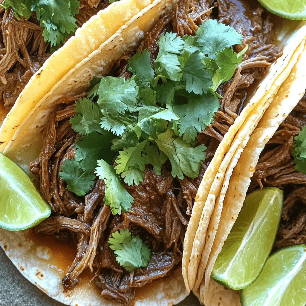 - 3 lbs beef chuck roast - 2 tablespoons olive oil - 1 medium onion, diced - 4 cloves garlic, minced - 1/2 cup beef broth - 1/4 cup apple cider vinegar - 1 tablespoon lime juice - 2 bay leaves - Corn or flour tortillas for serving - 2 teaspoons ground cumin - 2 teaspoons dried oregano - 2 teaspoons chili powder - 1/4 teaspoon cayenne pepper (adjust for spice preference) - Salt and pepper to taste - Fresh cilantro, chopped (for garnish) - Lime wedges (for serving) Gathering the right ingredients makes all the difference. The beef chuck roast is the star of this dish. It will become tender and juicy as it cooks. Olive oil helps with searing, adding a rich flavor. Use a fresh onion and garlic to create a strong base. The seasonings bring depth to the dish. Cumin adds warmth, while oregano gives a nice herbal note. Chili powder brings heat, and cayenne lets you adjust the spice. Salt and pepper enhance all the other flavors. For serving, warm tortillas hold the tasty filling well. Fresh cilantro adds a burst of color and flavor. Lime wedges offer a zesty kick when squeezed on top. Enjoy your taco creation! Slow Cooker Beef Barbacoa Tacos are fun and easy to make. We covered the main ingredients, step-by-step cooking, and useful tips. I shared variations like vegetarian options and different proteins. Storing leftovers and reheating them was also explained. Remember, the key to great tacos is using fresh ingredients and seasonings. Enjoy crafting your perfect meal! Your cooking journey with barbacoa will bring tasty results for everyone.