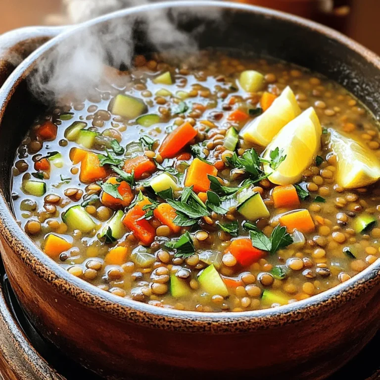 To make Mediterranean Lentil Veggie Soup, gather these fresh ingredients: - 1 cup green or brown lentils, rinsed - 1 large onion, chopped - 2 carrots, diced - 2 celery stalks, diced - 3 cloves garlic, minced - 1 red bell pepper, chopped - 1 zucchini, diced - 1 can (15 oz) diced tomatoes (with juices) - 4 cups vegetable broth - 2 tablespoons olive oil - 1 teaspoon ground cumin - 1 teaspoon smoked paprika - 1 teaspoon dried oregano - Salt and pepper to taste - Fresh parsley or cilantro, for garnish - Lemon wedges, for serving These ingredients give the soup its rich flavor and hearty texture. Lentils are the star here; they are healthy and filling. The variety of vegetables adds color and nutrients. The herbs and spices bring warmth and depth to each spoonful. I love how simple it is to find these fresh ingredients, making this soup a joy to prepare. It's fun to get creative with the garnishes, too. Fresh herbs and a squeeze of lemon can brighten the dish. - Sautéing the Base Veggies Start by heating 2 tablespoons of olive oil in a large pot over medium heat. Add 1 large chopped onion, 2 diced carrots, and 2 diced celery stalks. Cook them for about 5 minutes. You want them to soften but not brown. - Cooking the Garlic and Bell Pepper Next, stir in 3 minced garlic cloves and cook for another minute. Then, add 1 chopped red bell pepper and 1 diced zucchini. Mix it all well and let it cook for 5 more minutes. This adds depth to the flavor. - Adding Spices and Lentils Now, sprinkle in 1 teaspoon of ground cumin, 1 teaspoon of smoked paprika, 1 teaspoon of dried oregano, and salt and pepper. Stir everything to coat the veggies with the spices. Finally, add 1 cup of rinsed lentils. This will make your soup hearty and filling. - Combining All Ingredients Pour in 1 can of diced tomatoes with juices and 4 cups of vegetable broth. Stir well to combine all ingredients. - Cooking Time and Tips for Consistency Bring the mixture to a boil, then reduce the heat to low. Cover the pot and simmer for about 25-30 minutes. Stir it occasionally. If the soup gets too thick, add more water or broth to reach your desired consistency. - Adjusting Seasoning Once the lentils are tender, taste the soup. You may want to add more salt or pepper to enhance the flavor. - Serving Suggestions Serve the soup hot in bowls. It pairs well with crusty bread or a fresh salad. - Garnishing Options Garnish with fresh parsley or cilantro. You can also add lemon wedges on the side for a refreshing touch. This adds brightness and flavor to the soup. Choosing the Right Lentils For this soup, I recommend using green or brown lentils. They hold their shape well while cooking. Red lentils cook faster but may turn mushy. If you prefer a firmer texture, stick with the green or brown variety. Rinse lentils before cooking to remove any debris. This step ensures a cleaner final dish. Alternative Cooking Methods You can make this soup in different ways. An Instant Pot cooks it quickly. Pressure cooking can cut the time to about 15 minutes. Just add all ingredients and cook on high pressure. If you want a slow cooker, set it for 6 to 8 hours on low. This method allows flavors to meld well. Customizing Spice Levels To make the soup your own, adjust the spices. If you like heat, add more smoked paprika or a pinch of cayenne. For a milder flavor, cut back on spices. Taste as you cook, and feel free to experiment. This soup is forgiving and can handle a variety of spices. Adding Fresh Herbs and Accompaniments Fresh herbs bring life to the soup. Parsley or cilantro adds brightness. Squeeze fresh lemon juice over your bowl for a zesty kick. You can also serve with crusty bread for dipping. Enjoy the flavors and make it your own! {{image_2}} Using Different Vegetables You can make this soup your own by swapping out veggies. Try adding spinach, kale, or sweet potatoes. Each choice gives a new flavor and texture. For a crunchy bite, use green beans or peas. The options are endless. Just remember, keep the balance of flavors. Incorporating Protein Options Want more protein? Chickpeas are a great choice. They add a nutty taste and extra texture. You can also use diced chicken or turkey if you like meat. Adding tofu works well for a plant-based option. This soup is flexible to fit your needs. Making it Gluten-Free This soup is naturally gluten-free. Just check your vegetable broth for gluten. Most brands are safe, but some might add gluten. Always read the label. This way, you can enjoy a bowl without worry. Vegan-Friendly Alternatives The soup is already vegan. Use vegetable broth and skip any animal products. You can boost flavor with nutritional yeast. It gives a cheesy taste without dairy. Enjoy this soup knowing it meets vegan standards. - Refrigeration Guidelines: Once your soup cools, pour it into an airtight container. It stays fresh in the fridge for up to five days. Make sure to cover it well to keep out air. - Freezing Tips: To freeze, use freezer-safe containers. Leave some space at the top for expansion. The soup lasts for up to three months in the freezer. Thaw it in the fridge overnight before reheating. - Best Methods for Reheating: The best way to reheat your soup is on the stove. Pour it into a pot and heat on low. Stir often to ensure even heating. You can also use a microwave for quick reheating. Just place it in a microwave-safe bowl and heat in short bursts. - Avoiding Overcooking: Keep an eye on the soup while it reheats. Overcooking can make the lentils mushy. Heat until warm, but not boiling, to keep the texture nice. What can I serve with lentil soup? You can serve lentil soup with crusty bread or a fresh salad. A slice of lemon adds a nice touch. You can also pair it with some cheese or yogurt for creaminess. Can I prepare this soup ahead of time? Yes, you can make this soup ahead. It tastes even better the next day. Just cool it down and store it in the fridge. Reheat it when you're ready to eat. How long does lentil soup last in the fridge? Lentil soup lasts about 5 days in the fridge. Make sure to store it in an airtight container. If you want it to last longer, freeze it. Health Benefits of Lentils Lentils are packed with protein and fiber. They help keep you full and satisfied. They are also low in fat and rich in iron and folate. Eating lentils can support heart health and digestion. Caloric Breakdown per Serving One serving of Mediterranean Lentil Veggie Soup has about 210 calories. This includes the veggies and broth. It's a nutritious meal that won’t weigh you down. Enjoy it guilt-free! This blog post covers how to make a delicious Mediterranean lentil veggie soup. You learned about the key ingredients, step-by-step instructions, and tips for enhancing flavor. I shared ideas for variations and dietary adjustments, so you can customize your soup. Remember, storing leftovers properly keeps the taste fresh. Don’t hesitate to experiment with different veggies or spices. This soup is tasty, healthy, and simple to prepare. Enjoy making it and impressing your friends and family with your skills!
