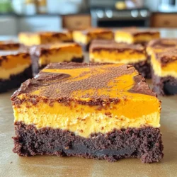 - 1 cup unsalted butter, melted - 1 ½ cups granulated sugar - 1 cup brown sugar, packed - 4 large eggs - 1 teaspoon vanilla extract - 1 cup all-purpose flour - ½ cup unsweetened cocoa powder - ½ teaspoon salt - 1 cup semi-sweet chocolate chips - 8 oz cream cheese, softened - 1 cup canned pumpkin puree - ¾ cup granulated sugar - 2 large eggs - 1 teaspoon vanilla extract - 1 teaspoon pumpkin pie spice - ½ teaspoon cinnamon To make delicious Pumpkin Cheesecake Brownies, gather these ingredients. The brownie layer needs melted butter, both types of sugar, eggs, and vanilla. You also need flour, cocoa powder, salt, and chocolate chips. For the cheesecake layer, have softened cream cheese and pumpkin puree ready. You will also need more sugar, eggs, and spices. These ingredients create rich flavors and creamy textures. Each layer plays a key role in making these brownies special. The brownie layer gives a deep chocolate taste, while the cheesecake layer adds a smooth and spiced pumpkin touch. When you combine them, you get a treat that is hard to resist. Make sure to use quality ingredients. Fresh eggs and good chocolate chips make a big difference. Enjoy the process of measuring and mixing. Each step brings you closer to a delightful dessert. 1. Preheat your oven to 350°F (175°C). Grease a 9x13 inch baking pan with butter or line it with parchment paper. This helps with easy removal later. 2. In a large bowl, mix the melted butter, granulated sugar, and brown sugar. Whisk until smooth. 3. Add the eggs one at a time. Mix well after each egg. Stir in the vanilla extract. 4. In another bowl, sift the flour, cocoa powder, and salt. Gradually mix this into the wet ingredients until just combined. 5. Fold in the chocolate chips. Pour the brownie batter into the prepared pan. Spread it evenly across the bottom. 1. In a separate bowl, beat the softened cream cheese until smooth. 2. Add the pumpkin puree and granulated sugar. Mix until creamy and well combined. 3. Add the eggs, vanilla extract, pumpkin pie spice, and cinnamon. Mix until everything is smooth. 4. Carefully spoon the pumpkin cheesecake mixture over the brownie layer. Use a spatula to smooth it out. 1. With a butter knife or skewer, gently swirl the brownie and cheesecake layers together. Create a marbled effect without mixing them completely. 2. Bake in the preheated oven for 40-45 minutes. Check for doneness by inserting a toothpick. It should come out with a few moist crumbs. 3. Remove the brownies from the oven. Let them cool in the pan on a wire rack for at least 1 hour. 4. Once cooled, refrigerate for at least 2 more hours before slicing. This helps the texture. Cooling your brownies is key. Let them sit for at least an hour after baking. This helps the layers set well. For the best results, refrigerate them for two more hours. This keeps the cheesecake layer firm and easy to slice. Swirling is a fun technique. Use a knife to gently mix the brownie and cheesecake layers. Don’t mix them completely. You want to see swirls, not a single color. This gives your brownies a beautiful marbled look. If you need a dairy-free option, use vegan cream cheese. Many brands taste great and work well. You can also try cashew cream as a substitute. To cut down on sugar, use stevia or monk fruit sweetener. These options add sweetness without extra calories. Just be sure to check the package for proper measurements. For baking, a 9x13 inch pan works best. It gives even cooking and easy slicing. You can use glass or metal pans, but remember to adjust baking times. For mixing, a hand mixer or stand mixer is perfect for blending cream cheese. It helps you achieve a smooth texture. If you have a food processor, that works too. It makes mixing fast and easy. {{image_2}} Want to jazz up your pumpkin cheesecake brownies? You can easily add nuts or chocolate chunks to the brownie layer. Walnuts or pecans add a nice crunch and flavor. You can also experiment with chocolate chunks. They melt and create gooey pockets of chocolate in every bite. You might want to think about spices too. Try adding nutmeg or ginger to the pumpkin cheesecake layer. These spices give a warm flavor and a nice twist. Just a pinch can change the whole vibe of your dessert! If you need gluten-free options, swap the all-purpose flour for almond or oat flour. Both give a great texture without gluten. Just make sure to check the measurements, as different flours absorb moisture differently. For vegan adaptations, you can replace eggs with flaxseed meal or applesauce. Use dairy-free cream cheese to keep the cheesecake layer creamy. These changes make the recipe friendly for everyone, without losing any taste. Enjoy your delicious brownies, no matter your diet! To keep your pumpkin cheesecake brownies fresh, store them in an airtight container. This helps keep them moist and tasty. Place a piece of parchment paper between layers if you stack them. This prevents sticking. For long-term storage, freezing works well. Wrap the brownies tightly in plastic wrap. Then, place them in a freezer-safe bag. This keeps them for up to three months without losing flavor. When you want to enjoy them, thaw them in the fridge overnight. Pumpkin cheesecake brownies stay fresh for about five days at room temperature. If you store them in the fridge, they can last up to a week. Look for signs of spoilage, such as a sour smell or changes in texture. If they feel hard or dry, they may be past their prime. Always trust your senses to judge freshness. Can I make these brownies ahead of time? Yes, you can make these brownies ahead of time. Just bake them and let them cool. Store them in the fridge for up to three days. This helps the flavors blend even more. How do I know when the brownies are done baking? Check the brownies at 40 minutes. Insert a toothpick into the center. It should come out with a few moist crumbs, not wet batter. If it comes out clean, they may be overbaked. Can I use fresh pumpkin instead of canned puree? Yes, you can use fresh pumpkin. Make sure to cook and puree it first. The texture and taste may change a bit, but it will still be delicious. What should I do if my cheesecake layer is too runny? If your cheesecake layer is too runny, it may need more cream cheese. Make sure it’s fully softened before mixing. Also, be sure to mix the ingredients gently, as overmixing can lead to excess air. How can I prevent my brownies from sticking to the pan? To prevent sticking, grease the pan well with butter. You can also line it with parchment paper. This helps with easy removal after baking. Why did my brownies sink after baking? Brownies may sink due to too much air in the batter. Make sure to mix gently. Also, check that you are using the right oven temperature. An oven that is too cool can cause sinking. This article covers how to make delicious Pumpkin Cheesecake Brownies. We reviewed needed ingredients, step-by-step instructions, and valuable tips. These ideas help you bake a tasty dessert that impresses. You learned cooling and swirling techniques to improve texture. Plus, we explored possible variations and storage tips. With these insights, you can confidently create your own delightful treat. Enjoy baking and sharing your unique version with friends and family!