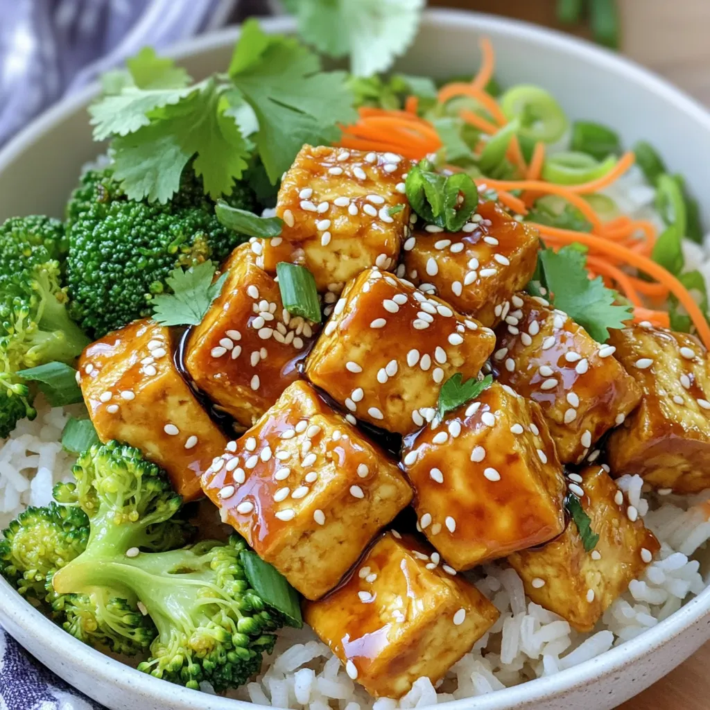 - 1 block (14 oz) firm tofu, pressed and cubed - 1/4 cup soy sauce (or tamari for gluten-free) - 2 tablespoons sesame oil - 2 tablespoons brown sugar - 2 tablespoons rice vinegar - 1 tablespoon cornstarch - 2 tablespoons sesame seeds - 1 tablespoon grated fresh ginger - 1 clove garlic, minced - 1 cup cooked jasmine rice or quinoa - 1 cup steamed broccoli florets - 1/2 cup shredded carrots - 1/4 cup sliced green onions These ingredients create a great base for your Air Fryer Sesame Teriyaki Tofu Bowls. Each item brings its own flavor, which combines nicely. The tofu gives you protein. The soy sauce adds saltiness and depth. Sesame oil provides a rich, nutty taste. - Bell peppers, sliced - Snap peas - Edamame - Baby spinach - Sriracha for heat You can mix and match these optional ingredients. They let you adjust the bowls to your taste. For example, add bell peppers for a crunch. Snap peas give a fresh bite. - Fresh cilantro for brightness - Extra sesame seeds for crunch - Sliced chili for heat Garnishes make your dish pop. They add color and flavor. A sprinkle of cilantro adds freshness. More sesame seeds boost the nutty taste. If you like spice, add sliced chili. This simple touch makes your meal look and taste gourmet. Start by mixing the marinade. In a bowl, combine: - 1/4 cup soy sauce - 2 tablespoons sesame oil - 2 tablespoons brown sugar - 2 tablespoons rice vinegar - 1 tablespoon grated fresh ginger - 1 clove garlic, minced Add the cubed tofu and toss gently. Make sure all pieces are coated well. Let it sit for at least 15 minutes. This step builds flavor and makes the tofu tasty. Once the tofu has marinated, it’s time to add the cornstarch. Sprinkle 1 tablespoon of cornstarch over the tofu. Gently toss the tofu again. The cornstarch helps create a crispy outside when you cook it. Preheat your air fryer to 375°F (190°C). Place the tofu in a single layer in the basket. Cook for 15-20 minutes. Shake the basket halfway through. This ensures every piece cooks evenly. The tofu should turn golden and crispy when done. While the tofu cooks, prepare your rice or quinoa. Follow the package instructions. Once it’s cooked, fluff it and divide it between bowls. Add steamed broccoli and shredded carrots on top of the rice or quinoa. These veggies add color and nutrients to your meal. When the tofu is ready, carefully add it to the bowls. To make it look nice, sprinkle some sesame seeds and sliced green onions on top. Fresh cilantro adds a burst of flavor. Drizzle extra soy sauce if you like. Enjoy your tasty Air Fryer Sesame Teriyaki Tofu Bowls warm! To make your tofu crispy, use firm tofu. Press it to remove extra moisture. After marinating, coat the tofu with cornstarch. This step is key for that crunch. Air fry at 375°F for 15-20 minutes. Shake the basket halfway through cooking. This helps the tofu brown evenly. Start with fresh tofu and cut it into cubes. Mix soy sauce, sesame oil, brown sugar, rice vinegar, ginger, and garlic in a bowl. Add the tofu and toss gently. Let it soak for at least 15 minutes. Longer marinating times will deepen the flavor. Be careful not to break the tofu while mixing. You can swap soy sauce for tamari to make it gluten-free. Use maple syrup instead of brown sugar for a different touch. If you don’t have sesame oil, olive oil works too. For the vegetables, feel free to add bell peppers or snap peas. The dish is flexible, so get creative! {{image_2}} You can make this dish even more colorful! Try adding bell peppers or snap peas. Both add nice crunch and flavor. You can also use mushrooms for a rich, earthy taste. Just sauté them lightly before adding to the bowl. This dish is naturally vegan, but you can add more plant-based protein. Consider chickpeas or edamame for extra protein and fiber. They blend well with the teriyaki sauce and complement the tofu. If you want to switch from tofu, try using tempeh or seitan. These options have great textures and absorb flavors well. You can also use chicken or shrimp if you prefer meat. Just adjust the cooking time as these proteins cook faster than tofu. To store your Air Fryer Sesame Teriyaki Tofu Bowls, first let them cool. Place leftovers in an airtight container. Keep them in the fridge for up to three days. This way, you can enjoy your meal later without losing flavor. To reheat your bowls, use the microwave for quick heating. Place the bowl in the microwave and heat for 1-2 minutes. Stir halfway through to ensure even warmth. For a crispier texture, use the air fryer. Heat at 375°F (190°C) for about 5-7 minutes. If you want to freeze your tofu bowls, separate the tofu from the rice and veggies. Place the tofu in a freezer-safe bag. It keeps well for up to three months. When ready to eat, thaw the tofu in the fridge overnight. Reheat before serving to enjoy a tasty meal. You can use tempeh or seitan instead of tofu. Both options add great texture. If you prefer, chickpeas work well too. They soak up flavors and provide protein. Just cook them until crispy in the air fryer. You can marinate the tofu for at least 15 minutes. For more flavor, try marinating it for up to 2 hours. Just remember to keep it in the fridge. This allows the tofu to soak up all the tasty sauce. Yes, you can make this recipe gluten-free. Use tamari instead of soy sauce. Make sure to check the labels on other ingredients too. Most rice and sesame oils are gluten-free, but always confirm. You can add bell peppers, snap peas, or zucchini. These veggies add more color and crunch. You can also use edamame or corn for extra flavor. Mix and match to suit your taste. You learned how to make tasty Air Fryer Sesame Teriyaki Tofu Bowls. We discussed key ingredients, preparation steps, and tips for greatness. Remember to customize with your favorite options. Enjoy adding unique touches to your bowls! Keep these ideas in mind for easy storage and reheating. Whether you’re a veggie lover or want protein swaps, this dish adapts well. Now you have a delicious, healthy recipe ready to impress anyone. Get cooking!
