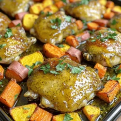 - 4 boneless, skinless chicken thighs - 2 tablespoons Dijon mustard - 3 tablespoons pure maple syrup The main stars of this dish are the chicken thighs, Dijon mustard, and pure maple syrup. Chicken thighs stay juicy and tender when cooked. They soak up flavors well, making them perfect for this recipe. Dijon mustard brings a nice tang. It pairs well with the sweetness of pure maple syrup. This combo creates a tasty glaze that coats the chicken and veggies. - 2 medium carrots, sliced into rounds - 2 medium parsnips, peeled and diced - 1 small sweet potato, diced Next, we have the root veggies. Carrots add a bright color and sweet crunch. Parsnips are sweet and slightly nutty. They bring a unique flavor to the dish. Sweet potatoes add creaminess and depth. Together, these veggies create a hearty base that complements the chicken. - 1 teaspoon garlic powder and onion powder - 2 tablespoons olive oil, 1 teaspoon smoked paprika, fresh thyme - 1 tablespoon apple cider vinegar, salt and pepper to taste Finally, we add seasonings and extras. Garlic powder and onion powder enhance the dish's flavor. Olive oil helps the veggies roast well. Smoked paprika adds a hint of smokiness. Fresh thyme gives a nice earthy note. Apple cider vinegar adds brightness and balances the sweetness. Salt and pepper are essential for bringing all the flavors together. These ingredients make your meal not just tasty but also aromatic and delightful. Start by whisking the marinade ingredients. In a small bowl, mix together: - 2 tablespoons Dijon mustard - 3 tablespoons pure maple syrup - 2 tablespoons olive oil - 1 teaspoon garlic powder - 1 teaspoon onion powder - 1 teaspoon smoked paprika - Salt and pepper to taste Whisk until smooth. This mix combines sweet and tangy flavors, which make the chicken shine. Marinating chicken is key. It adds flavor and keeps the meat juicy. I recommend letting the chicken soak for at least 30 minutes, or longer if you can. The more time, the better the taste. Next, let’s prep the veggies. You will need: - 2 medium carrots, sliced into rounds - 2 medium parsnips, peeled and diced - 1 small sweet potato, diced Cut the carrots into rounds for even cooking. Dice the parsnips and sweet potato into similar sizes. This ensures everything cooks at the same rate. In a large bowl, toss the veggies with olive oil, salt, pepper, fresh thyme, and a splash of apple cider vinegar. This adds brightness to the dish. Make sure every piece is coated well. Now, it’s time to roast. Preheat your oven to 425°F (220°C). Place the marinated chicken thighs in the center of a large sheet pan. Spread the seasoned root veggies around the chicken. Drizzle the remaining marinade over everything. This extra layer of flavor makes a big difference. Roast in the preheated oven for 25-30 minutes. Use a meat thermometer to check the chicken's internal temperature. It should reach 165°F (75°C). The veggies should be tender and caramelized. Once done, carefully take the pan out of the oven. Let it rest for a few minutes before serving. Enjoy your delicious meal! - Marinade tips: Marinating is key for great flavor. Use half the marinade on the chicken. Let it soak in the fridge for at least 30 minutes. For a deeper taste, marinate overnight. The Dijon mustard and maple syrup blend well. They add a sweet and tangy punch. - Vegetable selection and preparation: Choose fresh root veggies for the best taste. Carrots, parsnips, and sweet potatoes work well. Cut the carrots into rounds for even cooking. Dice the parsnips and sweet potato into similar sizes. This ensures they cook at the same rate. Toss them in olive oil and seasonings for a tasty coating. - Cooking times for different ovens: Every oven cooks a bit differently. Set your oven to 425°F (220°C). Check the chicken after 25 minutes. If it’s not done, add a few more minutes. Ovens can vary, so watch closely. - Checking doneness of chicken: Use a meat thermometer to check the chicken. It should reach 165°F (75°C) inside. This ensures it’s safe to eat. If you don’t have a thermometer, cut into the thickest part. The juices should run clear, not pink. - Serving suggestions: Serve the chicken and veggies right from the pan. This gives a rustic look. You can also plate them separately for a fancy touch. Pair with a simple salad for a complete meal. - Garnishing with parsley: Fresh parsley adds color and flavor. Chop it finely and sprinkle over the dish. It brightens the meal and makes it look appealing. Use it as a final touch before serving. {{image_2}} You can swap chicken thighs for other meats. Pork tenderloin works great. It cooks well and absorbs flavors nicely. You may also try turkey breast for a lean option. Just ensure the cooking time is adjusted. For a vegetarian twist, use tofu or tempeh. These plant-based proteins can soak up the marinade. Cut them into bite-sized pieces for even cooking. Feel free to mix in seasonal root veggies. Butternut squash adds sweetness. Beets bring a lovely color. Turnips can add a nice bite. If you use harder vegetables, like parsnips, cut them smaller. This helps them cook through. Soft veggies like zucchini need less time, so add them later in the cooking process. To boost flavor, try adding different spices. Cumin or coriander can give a warm touch. Fresh herbs like rosemary or sage can brighten the dish. You can also change the sweetness. If you prefer less sugar, use less maple syrup. A dash of lemon juice can add zing without extra sweetness. To keep your Sheet Pan Maple Dijon Chicken fresh, store leftovers in the fridge. Place the chicken and root veggies in an airtight container. This helps prevent them from drying out. Make sure to refrigerate them within two hours of cooking. If you want to save some for later, freezing is a great option. Use a freezer-safe bag or container to store the chicken and veggies. Try to remove as much air as possible. This keeps the food tasty and prevents freezer burn. To reheat your meal, use the oven for best results. Preheat the oven to 350°F (175°C). Place the chicken and veggies on a baking tray. Cover the tray with foil to keep moisture in. Heat for about 15-20 minutes until warm. If you’re in a hurry, you can use the microwave. Place the chicken and veggies in a microwave-safe dish. Cover and heat in short intervals. Check often to make sure the chicken stays juicy and does not overcook. In the fridge, your leftovers will last about 3-4 days. If you freeze them, they can last up to 3 months. Just remember to label the containers with the date. Watch for signs of spoilage. If the chicken looks discolored or smells off, it's time to toss it. Always trust your senses when it comes to food safety. Yes, you can use bone-in chicken. However, bone-in chicken takes longer to cook than boneless. Expect to add 10 to 15 minutes to the cooking time. Always check the internal temperature. It should reach 165°F (75°C) for safety. If you don't have Dijon mustard, try using yellow mustard or whole grain mustard. Yellow mustard is milder, while whole grain adds a nice texture. Both options will change the taste slightly but still work well in this dish. You can prepare the chicken and veggies ahead of time. Marinate the chicken for at least 30 minutes, or overnight for the best flavor. For veggies, chop them and store in the fridge. When ready, just roast everything together for a quick meal. This blog covers a delicious and easy recipe for Sheet Pan Maple Dijon Chicken. We explored key ingredients, from chicken thighs to root vegetables. I shared step-by-step instructions to marinate, prep, and roast the dish perfectly. You learned tips for flavor, cooking, and presentation. We discussed variations and storage methods for leftovers. The main goal is to create a tasty meal that fits your lifestyle. Explore the recipe and enjoy the ease of cooking up this wonderful dish!