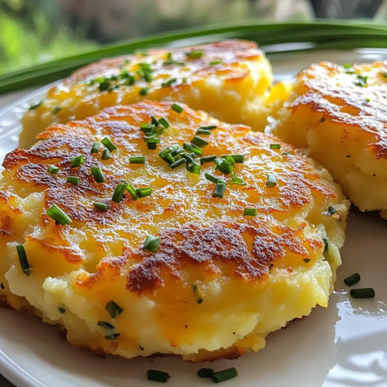 - 2 cups mashed potatoes (preferably made from scratch) - 1 cup sharp cheddar cheese, shredded - 1/4 cup fresh chives, finely chopped - 1/2 cup all-purpose flour - 1 large egg, beaten - 1 teaspoon garlic powder - 1/2 teaspoon onion powder - Salt and pepper to taste - 1/4 cup vegetable oil (for frying) If you have no fresh chives, use green onions instead. They add a similar onion flavor. For a dairy-free option, try vegan cheese. It melts well and gives a nice taste. If you want to skip the egg, use a flax egg. Mix one tablespoon of ground flaxseed with three tablespoons of water. Let it sit for about five minutes. It works great as a binder. When choosing potatoes, I recommend starchy types like Russets. They mash well and create a nice texture. For cheddar cheese, select sharp cheddar for a bold flavor. Fresh chives should be bright green and firm, with no wilting. Always check your flour for freshness, as stale flour can ruin your dish. Lastly, use fresh garlic powder and onion powder for the best taste. Start by mixing 2 cups of mashed potatoes, 1 cup of shredded sharp cheddar cheese, and 1/4 cup of finely chopped fresh chives in a large bowl. Stir until everything blends well. Next, add 1/2 cup of all-purpose flour, 1 beaten egg, 1 teaspoon of garlic powder, 1/2 teaspoon of onion powder, and salt and pepper to taste. Mix until it forms a thick, sticky dough. If it's too wet, you can add extra flour. When shaping the cakes, make small patties about 2 inches wide and 1/2 inch thick. You should get around 8 to 10 cakes. Heat 1/4 cup of vegetable oil in a large skillet over medium heat. Once the oil is hot, place the patties in the skillet, but don’t crowd them. Fry each side for about 4 to 5 minutes, or until they turn golden brown. Keep the heat medium to ensure even cooking. If the oil smokes, reduce the heat a bit. After frying, place the cakes on paper towels to absorb excess oil. Serve warm for the best taste! To get the best texture in your cakes, start with fresh mashed potatoes. Make them from scratch for the best taste. When mixing, make sure all ingredients are well combined. If the mixture feels too wet, add a bit more flour. The right consistency should be thick and sticky. This helps your cakes hold together during frying. Add more flavor by mixing in different spices. You can try smoked paprika or cayenne for a kick. Fresh herbs like parsley or dill also work well. Want a cheesy twist? Use a blend of cheeses like Monterey Jack or Gouda. These changes make your cakes unique and tasty. One common mistake is overcrowding the pan while frying. This can make your cakes soggy instead of crispy. Fry in batches to keep them golden and delicious. Another mistake is not letting the oil get hot enough. Always test the oil with a small piece of batter first. This ensures a nice crust forms quickly. Lastly, don’t skip draining the cakes. Place them on paper towels right after frying to remove excess oil. {{image_2}} You can change the flavor of your mashed potato cakes easily. Try adding cooked bacon bits for a smoky taste. You can also mix in some spinach or kale for a healthy boost. If you like spice, add diced jalapeños or a pinch of cayenne pepper. For a touch of sweetness, consider adding caramelized onions. Each of these add-ins will make your cakes unique and fun! If you need a gluten-free option, use gluten-free flour instead of regular flour. You can also replace the egg with a flaxseed egg. Just mix one tablespoon of flaxseed meal with three tablespoons of water and let it sit for five minutes. For a vegan version, swap out the cheddar cheese for a dairy-free cheese. This way, everyone can enjoy these tasty cakes! These savory cheddar chive mashed potato cakes work well for any meal. Serve them as a side dish at dinner. They go great with roasted meats or grilled vegetables. For brunch, pair them with eggs and fresh fruit. You can even serve them as appetizers at a party. Just add a dipping sauce, like ranch or sour cream, to make them extra special! Store leftover mashed potato cakes in an airtight container. Keep them in the fridge for up to 3 days. If you plan to eat them later, make sure they cool down first. This helps to keep them fresh. To reheat, you can use a skillet or an oven. In a skillet, add a little oil over medium heat. Heat each cake for about 2-3 minutes on each side. For the oven, preheat to 350°F (175°C). Place the cakes on a baking sheet and heat for about 10 minutes. This keeps them crispy. If you want to freeze the cakes, let them cool completely. Wrap each cake in plastic wrap tightly. Place wrapped cakes in a freezer bag. They can last for up to 2 months in the freezer. When ready to eat, thaw in the fridge overnight before reheating. You can prepare the cakes up to a day in advance. First, follow the recipe until you shape the patties. Place the uncooked cakes on a tray lined with parchment paper. Cover them with plastic wrap and store them in the fridge. When you're ready to cook, just heat the oil and fry as usual. This saves time and still gives you fresh cakes. These savory cakes taste great with many sauces. Here are some tasty options: - Sour cream adds a creamy touch. - Ranch dressing gives a cool flavor. - Ketchup adds sweetness and tang. - Spicy aioli brings heat and depth. Feel free to mix and match to find your favorite. Yes, you can bake them! To do this, preheat your oven to 400°F (200°C). Place the shaped cakes on a baking sheet lined with parchment paper. Brush each cake lightly with oil for a crisp finish. Bake for about 20-25 minutes or until golden brown. Baking gives a lighter option while still being delicious. In this blog post, we explored the key ingredients and their alternatives, ensuring you make smart choices. We also covered a clear step-by-step cooking process and shared tips for perfect results. With fun variations and storage advice, you can enjoy these cakes anytime. Remember, practice makes perfect, so don’t worry about mistakes. I'm excited for you to try the recipe and get creative. Happy cooking!