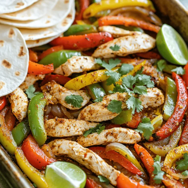 - 1 ½ pounds boneless, skinless chicken breasts, sliced into thin strips - 1 red bell pepper, sliced - 1 green bell pepper, sliced - 1 yellow onion, sliced For this dish, I use boneless, skinless chicken breasts. They cook quickly and stay juicy. I slice them into thin strips, which helps them absorb flavors well. I choose both red and green bell peppers for their sweetness and crunch. The yellow onion adds a nice depth to the mix. - 2 tablespoons olive oil - 2 teaspoons chili powder - 1 teaspoon cumin - 1 teaspoon smoked paprika - 1 teaspoon garlic powder - ½ teaspoon salt - ½ teaspoon black pepper - Juice of 1 lime Now, let's talk about the seasoning. I love using olive oil as a base. It helps the spices stick. Chili powder gives a nice kick, while cumin adds warmth. Smoked paprika gives a rich flavor. Garlic powder helps boost the taste. I also add salt and black pepper for balance. Finally, the lime juice brightens everything up. - 8 small flour tortillas - Fresh cilantro, chopped (for garnish) - Lime wedges (for serving) To serve, I warm up small flour tortillas. They hold all the goodness well. Fresh cilantro adds a burst of freshness on top. Lime wedges are a must for squeezing over the fajitas. This brightens each bite and enhances the flavors. 1. Preheat the oven: Start by setting your oven to 425°F (220°C). This high heat helps cook the chicken fast and keeps it juicy. 2. Prepare chicken and vegetables: Slice 1 ½ pounds of boneless, skinless chicken breasts into thin strips. Use a sharp knife to make clean cuts. Next, slice 1 red bell pepper, 1 green bell pepper, and 1 yellow onion. Make sure the pieces are all about the same size. This helps them cook evenly. - Combine olive oil and spices: In a separate bowl, mix 2 tablespoons of olive oil with the spices. Use 2 teaspoons of chili powder, 1 teaspoon of cumin, 1 teaspoon of smoked paprika, 1 teaspoon of garlic powder, ½ teaspoon of salt, and ½ teaspoon of black pepper. Squeeze the juice of 1 lime into this mix. Whisk it all together until it’s smooth. This mix gives your fajitas a great flavor. - Spread on the sheet pan: Take the bowl with chicken and veggies. Pour the spice mix over them and toss everything well. Then, spread the mixture evenly on a large sheet pan. Keep it in a single layer for the best results. - Bake and check: Place the sheet pan in the oven. Bake for 20-25 minutes. Stir the mixture halfway through baking. This helps everything cook evenly. The chicken should be fully cooked, and the veggies should be tender when done. - Warm tortillas and assemble: While the chicken and veggies bake, warm 8 small flour tortillas. You can use a dry skillet or microwave. Once warm, fill each tortilla with the chicken and veggie mix. - Garnish and serve: Top the filled tortillas with fresh cilantro. Serve with lime wedges on the side. This adds a fresh kick to each bite. Enjoy your sheet pan chicken fajitas! For great fajitas, slice your chicken and veggies evenly. This helps them cook at the same rate. Thin strips work best for quick cooking. For taste, adjust the seasoning to your liking. If you love spice, add more chili powder. If you prefer mild, cut back on it. Stir the mixture halfway through baking. This ensures even cooking and flavor. To check if the chicken is done, use a meat thermometer. It should read 165°F (75°C). If you don’t have a thermometer, cut a piece open. The meat should be white, not pink. Fajitas go well with sides like rice or beans. You can also serve them with a fresh salad. For drinks, try a cold margarita or a light beer. They balance the flavors nicely and add fun to your meal. {{image_2}} You can make this dish your own by swapping chicken for shrimp or beef. Both options add a unique twist. Shrimp cooks faster, so watch it closely. Beef brings a hearty flavor. You can also add more veggies. Try zucchini, mushrooms, or corn. They add color and taste. If you want to change the flavor, use different marinades. You can try a teriyaki sauce for a sweet twist. A chipotle sauce adds heat. Experiment with spice levels to find your favorite. Adjust the chili powder or add fresh jalapeños. This keeps your fajitas exciting every time. For gluten-free options, use corn tortillas instead of flour. They are just as good! If you want a vegan version, swap the chicken for tofu or tempeh. Season it the same way as chicken. You still get great flavor without meat. These adjustments help everyone enjoy fajitas together. To store leftovers, place chicken fajitas in an airtight container. Let them cool first. Keep them in the fridge for up to three days. When reheating, use the microwave or a skillet. Heat until the chicken is hot throughout. Stirring helps to warm them evenly. Yes, you can freeze chicken fajitas. Pack them in a freezer-safe bag or container. Remove as much air as possible. They can last up to three months in the freezer. When ready to eat, thaw in the fridge overnight. Reheat in a skillet or microwave until hot. Leftovers last about three days in the fridge. After that, check for signs of spoilage. Look for any off smell or changes in color. If the chicken feels slimy, it’s best to toss it. Always trust your senses when it comes to food safety. What can I use instead of tortillas? You can use lettuce leaves for a low-carb option. Corn tortillas also work well. Pita bread or wraps can be a fun twist too. Can I make fajitas ahead of time? Yes, you can prep the chicken and veggies in advance. Store them in the fridge for up to two days. Just cook them right before serving for the best taste. How to make fajitas spicier? Add more chili powder or some cayenne pepper to the spice mix. Fresh jalapeños are great too if you like heat. You can also serve with hot sauce for an extra kick. Can I use a different cooking method? Absolutely! You can grill the chicken and veggies instead of baking. A cast-iron skillet on the stovetop works well too. Just cook until the chicken is done and veggies are tender. What if I don’t have smoked paprika? If you don’t have smoked paprika, use regular paprika and add a bit of liquid smoke. Chili powder can also add a nice flavor. Can I use frozen chicken? Yes, you can use frozen chicken. Just make sure to thaw it completely before cutting it into strips. Cook it a bit longer for the best results. You learned how to make tasty chicken fajitas. We covered ingredients, steps, tips, and storage. Feel free to mix up the recipe. Try new veggies or proteins. Remember, you can customize flavors and methods to your taste. Leftovers are easy to store or freeze, too. Enjoy your cooking and savor every bite of your fajitas!