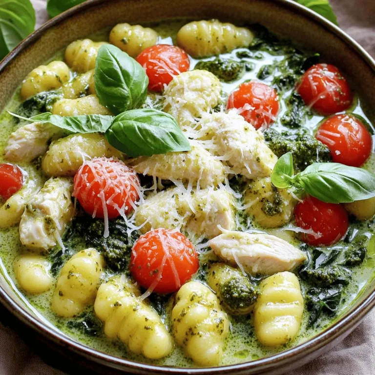 - Diced chicken breast - Potato gnocchi - Store-bought pesto sauce - Heavy cream - Cherry tomatoes - Spinach leaves - Grated Parmesan cheese - Olive oil - Salt and pepper - Fresh basil leaves The main ingredients form the heart of this dish. I love using diced chicken breast because it cooks quickly and adds protein. Potato gnocchi gives a delightful texture. The store-bought pesto sauce brings vibrant flavor without the fuss. Heavy cream makes everything rich and creamy. Next, I add cherry tomatoes for a sweet burst. The spinach leaves add color and nutrition. Grated Parmesan cheese melts beautifully, enriching the sauce. For seasonings, I use olive oil, salt, and pepper. They help enhance all the flavors. Fresh basil leaves make a lovely garnish and add an aromatic touch. This ingredient lineup creates a delicious meal that is easy to prepare. Each component plays a vital role in making this dish shine. You will love how well they work together! To start, heat 2 tablespoons of olive oil in a large skillet over medium heat. Add 1 pound of diced chicken breast to the pan. Season it with salt and pepper. Cook the chicken for about 6-8 minutes. You want it to be browned and fully cooked. Once done, remove the chicken from the skillet and set it aside on a plate. Next, add a package of potato gnocchi to the same skillet. Cook the gnocchi for 3-4 minutes. Look for a slight browning on the gnocchi. This step adds a nice texture. Keep an eye on the timing to get it just right. Now, it's time to bring everything together. Pour in 1 cup of heavy cream and 1 cup of store-bought pesto sauce. Stir well to mix the sauces. Let it simmer for another 3-4 minutes. This allows the flavors to blend beautifully. After that, stir in 1 cup of halved cherry tomatoes and 1 cup of spinach leaves. Cook until the spinach wilts and the tomatoes soften, which should take about 2-3 minutes. Return the cooked chicken to the skillet. Stir everything well to combine. Then, sprinkle 1/2 cup of grated Parmesan cheese over the top. Mix until the cheese melts and creates a creamy texture. If needed, adjust the seasoning with more salt and pepper. Remove the skillet from heat and let it sit for a couple of minutes. This helps it thicken before you serve. To achieve a creamy texture, use heavy cream. This rich ingredient helps make your dish smooth. Stir the cream in gently to mix it well with the pesto. Let it simmer for a few minutes. This will help all the flavors blend together. To avoid overcooking gnocchi, keep a close eye on them. Cook the gnocchi until they are golden brown, not mushy. Check them after about 3-4 minutes. They should float to the top when ready. For an ideal presentation, serve the dish in shallow bowls. Top each bowl with fresh basil leaves and a sprinkle of grated Parmesan. This adds color and makes it look fancy. You can also drizzle a bit of olive oil on top for shine. Pair this dish with a light salad. A simple arugula salad with lemon dressing goes well. You can also serve it with garlic bread for a hearty meal. For dietary preferences, you can swap the chicken for shrimp or tofu. Both options work well with pesto and cream. Use gluten-free gnocchi if needed. You can also replace heavy cream with a plant-based cream. This keeps it creamy without dairy. If you want a lighter dish, use less pesto and cream. Adjust the flavors to suit your taste. {{image_2}} You can swap chicken for shrimp or tofu. Shrimp cooks quickly and adds a lovely flavor. Just sauté it until it turns pink, then follow the same steps. Tofu gives a vegetarian option. Use firm tofu and pan-fry it until golden. Both options keep the dish tasty. Seasonal vegetables can boost color and nutrition. Try zucchini, bell peppers, or asparagus. Just chop them and add them when you stir in the cherry tomatoes and spinach. They will cook down nicely and add great texture. You can make homemade pesto for a fresh taste. Blend basil, garlic, nuts, and olive oil for a quick sauce. If you want to cut calories, use low-fat cream or milk instead of heavy cream. This keeps the dish creamy without the extra fat. To keep your Creamy Pesto Chicken Gnocchi Skillet fresh, store it in an airtight container. This helps prevent moisture loss and keeps flavors intact. Place it in the fridge within two hours after cooking. It will stay good for about 3 to 4 days. When reheating, you want to keep that creamy texture. The best way is to use a skillet over low heat. Add a splash of water or cream to help keep it moist. Stir gently until it’s hot. You can also use the microwave, but cover it to avoid drying out. If you want to freeze it, be aware that the texture may change. Let it cool completely before placing it in a freezer-safe container. It can last up to 2 months in the freezer. Just remember to thaw it in the fridge before reheating. Making this dish takes about 30 minutes. You will spend 15 minutes prepping your ingredients. Cooking the chicken and gnocchi will take another 15 minutes. This quick time frame makes it perfect for busy nights. Yes, you can adjust the spice level easily. For a milder taste, skip any extra spices. To add some heat, sprinkle in red pepper flakes or black pepper. Start with a small amount, and taste as you go. This way, you can find the right balance for your family. Absolutely! This recipe is great for meal prep. You can cook everything in advance and store it in the fridge. Just keep the gnocchi and sauce mix separate until you are ready to eat. This helps keep the gnocchi from getting too soft. You can easily reheat it for a tasty lunch or dinner. This blog post showed you how to make a tasty Creamy Pesto Chicken Gnocchi Skillet. You learned about the main ingredients like chicken, gnocchi, and pesto. I shared step-by-step cooking tips for perfect texture. You also saw ways to adapt the recipe for your needs. Remember, cooking is fun and creative. Don't hesitate to try variations and make it your own. Enjoy every bite and share the joy of this dish with others. Happy cooking!