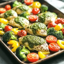 - 4 boneless chicken breasts - 1 cup fresh basil pesto - 2 cups broccoli florets - 1 cup cherry tomatoes, halved - 1 red bell pepper, sliced - 1 yellow bell pepper, sliced - 1 red onion, cut into wedges - 2 tablespoons olive oil - Salt and black pepper to taste - 1 teaspoon garlic powder - 1 teaspoon Italian seasoning Gather these fresh ingredients to make your pesto chicken and veggies shine. The boneless chicken breasts serve as a lean protein base. The fresh basil pesto adds a burst of flavor that makes every bite enjoyable. I love using vibrant veggies like broccoli, cherry tomatoes, and bell peppers. They not only taste great but also make the dish colorful. The red onion adds a nice sweetness to balance the flavors. For seasoning, we keep it simple yet effective. Olive oil helps everything crisp up nicely in the oven. The garlic powder and Italian seasoning bring warmth and depth. Salt and pepper enhance all the natural flavors. With these ingredients, you're set to create a meal that’s both delicious and visually appealing! - Preheat the oven to 425°F (220°C). - In a small bowl, mix olive oil, garlic powder, Italian seasoning, salt, and pepper. This is your seasoning blend. - Take the chicken breasts and coat each piece with a generous layer of basil pesto. - In a separate bowl, add broccoli, cherry tomatoes, bell peppers, and red onion. Drizzle the seasoning blend over the veggies and toss them well to coat evenly. - On a large sheet pan, arrange the chicken and seasoned veggies. Make sure they are spread out. - Bake in the hot oven for 20-25 minutes. Check if the chicken reaches 165°F (74°C). The veggies should be tender and have a slight char. How to check chicken doneness To check if your chicken is cooked, use a meat thermometer. Insert it into the thickest part. The chicken should reach 165°F (74°C). If you don’t have a thermometer, cut into the chicken. The meat should be white, not pink. Perfecting vegetable tenderness To ensure your veggies are tender, cut them into similar sizes. This helps them cook evenly. Broccoli and bell peppers need about 20-25 minutes in the oven. You want them to be tender but not mushy. Keep an eye on them while baking. Presentation ideas for serving Serving directly from the sheet pan gives a cozy feel. For a fancier look, transfer the food to a large platter. Arrange the chicken and veggies neatly. This makes for a beautiful display. Garnishing for added flavor Garnish with fresh basil leaves for a burst of color. You can also sprinkle some Parmesan cheese for a savory touch. A drizzle of balsamic glaze adds a nice tang, too. Minimizing mess with sheet pan meals Using a sheet pan makes cleanup simple. Line your pan with parchment paper for easy removal. This way, you won’t need to scrub the pan afterward. Easy ways to clean up after cooking Soak your pan in warm, soapy water. This will loosen any stuck-on bits. Clean it with a sponge, and it will shine again. Don’t forget to wash the bowls and utensils you used. {{image_2}} You can swap the chicken for other proteins. Try turkey or tofu. Both work great. For veggies, consider zucchini or asparagus. They add nice flavors and textures. You can also use store-bought pesto for quick prep. Homemade pesto tastes fresh and bright. It’s easy to make with basil, garlic, and nuts. Want to spice things up? Add chili flakes or smoked paprika. Fresh herbs like thyme or parsley can bring a new twist. For a different sauce, try teriyaki or barbecue. These options can change the meal completely and keep it fun. Pair your dish with a side salad or quinoa. These sides add crunch and nutrition. If you need gluten-free options, serve with rice or corn tortillas. Adjust the meal for dietary needs to keep everyone happy. Store your pesto chicken and veggies in airtight containers. This keeps them fresh and tasty. It's best to refrigerate leftovers within two hours of cooking. Use glass or BPA-free plastic containers for safety. Make sure to allow food to cool before sealing. This helps prevent moisture buildup. To reheat, use the oven or microwave. The oven keeps the chicken juicy and the veggies tender. Preheat the oven to 350°F (175°C) and heat for about 15 minutes. If using the microwave, cover it with a damp paper towel. Heat on medium for 2-3 minutes, stirring halfway through. You can freeze leftovers for later meals. Place cooled chicken and veggies in freezer-safe bags. Squeeze out excess air before sealing. They will last about three months in the freezer. To defrost, move them to the fridge overnight. Reheat as mentioned above. This keeps your meal flavorful and satisfying. How long can leftover Pesto Chicken & Veggies be stored? You can store leftovers in the fridge for up to four days. Keep them in an airtight container to stay fresh. Can I use a different protein instead of chicken? Yes! You can use turkey, pork, or tofu. Just adjust the cooking time based on the protein you choose. What vegetables work best for this recipe? I love using broccoli, cherry tomatoes, and bell peppers. You can also try zucchini, carrots, or asparagus. How do I know when the chicken is fully cooked? Check the internal temperature with a meat thermometer. It should reach 165°F (74°C). The chicken should no longer be pink inside. Can I make this dish in advance? Yes! You can prep it a day ahead. Store the chicken and veggies separately until you bake them. What to serve with Pesto Chicken & Veggies? Pair it with rice, quinoa, or a green salad. You can also enjoy it in a wrap for a tasty lunch. Is this recipe suitable for meal prep? Absolutely! It’s quick to make and easy to store. Perfect for busy weeknights or lunches. How to make this recipe dairy-free? Use dairy-free pesto or make your own with nuts, basil, and olive oil. This keeps all the flavors without dairy. Pesto chicken with vegetables is a simple, tasty meal. We covered key ingredients, easy steps, and helpful tips. Remember to check for chicken doneness and adjust veggies for texture. You can swap ingredients based on your taste. This dish is great for leftovers, and storing them is easy. With the right skills, you can make this dish your own. Enjoy sharing your delicious pesto chicken and impressing family and friends!