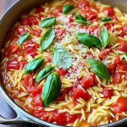 - 1 cup orzo pasta - 2 tablespoons olive oil - 3 cloves garlic, minced - 1 can (14 oz) diced tomatoes, undrained - 3 cups vegetable broth The main ingredients create the base of this dish. Orzo pasta gives it a nice texture. Olive oil adds richness. Garlic brings a lovely aroma. Diced tomatoes add sweetness and acidity. Vegetable broth ties everything together. - 1 cup heavy cream - 1 teaspoon dried oregano - 1/2 teaspoon red pepper flakes (optional) - Salt and pepper to taste - 1/2 cup grated Parmesan cheese, plus extra for serving Dairy ingredients make this dish creamy and smooth. Heavy cream provides the richness. Oregano adds an earthy flavor. Red pepper flakes can spice things up. Salt and pepper enhance all the flavors. Parmesan cheese gives it a nice salty kick. - 1/2 cup fresh basil leaves, chopped Fresh basil is a star in this dish. It adds brightness and freshness. The vibrant green color also makes the meal look appealing. You can use it as a garnish for extra flavor. 1. Heat 2 tablespoons of olive oil in a large pot over medium heat. 2. Add 3 cloves of minced garlic. Sauté for about 1 minute. 3. Be careful not to burn the garlic. It should smell nice and fragrant. 4. Now, add 1 can of diced tomatoes, undrained. Stir well to mix with the garlic. 1. Next, pour in 3 cups of vegetable broth. Bring this mixture to a boil. 2. Once boiling, stir in 1 cup of orzo pasta. Cook for 8-10 minutes. 3. Stir occasionally until the orzo is tender and most liquid is absorbed. 1. Reduce the heat to low and mix in 1 cup of heavy cream. 2. Add 1 teaspoon of dried oregano and 1/2 teaspoon of red pepper flakes if you like some heat. 3. Add salt and pepper to taste. 4. Fold in 1/2 cup of fresh chopped basil leaves. 5. Remove from heat and stir in 1/2 cup of grated Parmesan cheese. 6. Mix until it becomes creamy and delicious. 7. Serve in bowls, topped with extra Parmesan and fresh basil for a nice touch. To get that perfect creamy feel in your orzo, use heavy cream. This makes the dish rich and smooth. When you stir in the cream, keep the heat low. This helps it blend well without boiling. To avoid overcooked orzo, watch the time closely. Cook it for about 8-10 minutes. Stir the pot often. This helps the pasta cook evenly. Test a piece to see if it's tender but still firm. You want that perfect bite! If you're looking for a lighter option, swap heavy cream with half-and-half or a plant-based cream. Both can give a creamy taste without the extra fat. For cheese, you can use a mix of nutritional yeast and a bit of olive oil. This keeps it vegan but still tasty. Don’t have fresh basil? Try using dried basil or Italian seasoning instead. They bring a similar flavor to the dish. Pair your creamy orzo with a fresh side salad. A simple mix of greens, tomatoes, and a light vinaigrette works well. You can also top the orzo with sliced cherry tomatoes for a pop of color. A sprinkle of extra Parmesan adds a nice touch, too. For a beautiful presentation, serve the orzo in shallow bowls. Add a few whole basil leaves on top for a fresh look. This makes your dish feel special and inviting. {{image_2}} You can make this dish heartier by adding protein. For a classic touch, try diced chicken. Sauté it with the garlic until golden. You can also add shrimp for a seafood twist. Just toss them in during the last few minutes of cooking. If you prefer vegetarian options, add chickpeas or white beans. They blend well with the creamy sauce and boost protein. Adding veggies is a great way to enhance the flavor and nutrition. Spinach works beautifully. Stir it in just before serving for a fresh touch. Bell peppers also add a nice crunch. You can use red, yellow, or green ones, depending on what you have. Try seasonal veggies like zucchini or asparagus in spring. They add color and taste to your dish. Spice up your orzo by adding different herbs or sauces. Fresh thyme or rosemary can bring a new twist. For heat, sprinkle in extra red pepper flakes. You can also mix in a bit of pesto for a rich flavor. If you enjoy a tangy kick, squeeze in some lemon juice. This brightens the dish and adds depth. To keep your creamy orzo fresh, store leftovers in an airtight container. Make sure it cools down first. The orzo stays good in the fridge for about 3 to 4 days. Just reheat it gently on the stove or in the microwave. Add a splash of broth or cream to help bring back its creamy texture. You can freeze the creamy orzo if you have more than you can eat. Scoop it into freezer-safe bags or containers. Make sure to remove as much air as possible. It will last in the freezer for about 2 to 3 months. To reheat, thaw it in the fridge overnight. Heat on the stove, adding a little vegetable broth or cream for creaminess. Meal prep can save you time during busy days. Chop the garlic and basil in advance. You can also measure out your orzo and spices. For a larger batch, simply double the recipe. This way, you can enjoy creamy orzo for lunch or dinner throughout the week. Just reheat and serve! You can boost nutrition by adding vegetables like spinach or zucchini. These veggies add fiber and vitamins. You can also swap heavy cream for a lighter option like Greek yogurt. This keeps the dish creamy while cutting calories. Consider adding beans or lentils for protein. They make the meal heartier and more filling. Yes, you can use regular pasta. Just note that cooking times may change. Small pasta shapes, like shells or penne, work well. Make sure to check the package for cooking times. You want the pasta to be tender but not mushy, just like the orzo. To serve more people, simply double the ingredients. Use 2 cups of orzo and adjust the broth and cream. This will keep the flavors balanced. If you increase the amount, you may need a larger pot. Stir more often to prevent sticking. You can use chicken broth or beef broth if you prefer. These will add a different flavor but work well. If you want to keep it plant-based, use water with extra herbs or a bouillon cube. This gives a nice taste without broth. Orzo is usually made from wheat, so it is not gluten-free. However, you can use gluten-free pasta instead. Many brands offer gluten-free orzo or small pasta shapes. Check the package to ensure it fits your diet needs. This way, everyone can enjoy this creamy dish. This blog post covered a simple and tasty recipe for Creamy One-Pot Tomato Basil Orzo. You learned about the main ingredients, like orzo, tomatoes, and heavy cream. I shared step-by-step cooking instructions and tips to achieve the perfect texture. You also discovered delicious variations and how to store leftovers. Remember, cooking can be fun and creative. Don’t hesitate to try new ingredients or flavors. Enjoy making this dish, and share it with friends and family for a delightful meal!