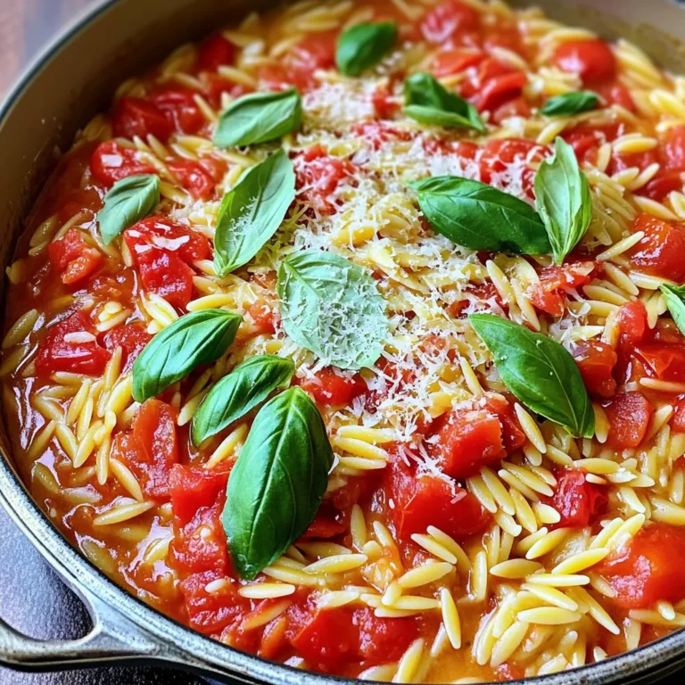 - 1 cup orzo pasta - 2 tablespoons olive oil - 3 cloves garlic, minced - 1 can (14 oz) diced tomatoes, undrained - 3 cups vegetable broth The main ingredients create the base of this dish. Orzo pasta gives it a nice texture. Olive oil adds richness. Garlic brings a lovely aroma. Diced tomatoes add sweetness and acidity. Vegetable broth ties everything together. - 1 cup heavy cream - 1 teaspoon dried oregano - 1/2 teaspoon red pepper flakes (optional) - Salt and pepper to taste - 1/2 cup grated Parmesan cheese, plus extra for serving Dairy ingredients make this dish creamy and smooth. Heavy cream provides the richness. Oregano adds an earthy flavor. Red pepper flakes can spice things up. Salt and pepper enhance all the flavors. Parmesan cheese gives it a nice salty kick. - 1/2 cup fresh basil leaves, chopped Fresh basil is a star in this dish. It adds brightness and freshness. The vibrant green color also makes the meal look appealing. You can use it as a garnish for extra flavor. 1. Heat 2 tablespoons of olive oil in a large pot over medium heat. 2. Add 3 cloves of minced garlic. Sauté for about 1 minute. 3. Be careful not to burn the garlic. It should smell nice and fragrant. 4. Now, add 1 can of diced tomatoes, undrained. Stir well to mix with the garlic. 1. Next, pour in 3 cups of vegetable broth. Bring this mixture to a boil. 2. Once boiling, stir in 1 cup of orzo pasta. Cook for 8-10 minutes. 3. Stir occasionally until the orzo is tender and most liquid is absorbed. 1. Reduce the heat to low and mix in 1 cup of heavy cream. 2. Add 1 teaspoon of dried oregano and 1/2 teaspoon of red pepper flakes if you like some heat. 3. Add salt and pepper to taste. 4. Fold in 1/2 cup of fresh chopped basil leaves. 5. Remove from heat and stir in 1/2 cup of grated Parmesan cheese. 6. Mix until it becomes creamy and delicious. 7. Serve in bowls, topped with extra Parmesan and fresh basil for a nice touch. To get that perfect creamy feel in your orzo, use heavy cream. This makes the dish rich and smooth. When you stir in the cream, keep the heat low. This helps it blend well without boiling. To avoid overcooked orzo, watch the time closely. Cook it for about 8-10 minutes. Stir the pot often. This helps the pasta cook evenly. Test a piece to see if it's tender but still firm. You want that perfect bite! If you're looking for a lighter option, swap heavy cream with half-and-half or a plant-based cream. Both can give a creamy taste without the extra fat. For cheese, you can use a mix of nutritional yeast and a bit of olive oil. This keeps it vegan but still tasty. Don’t have fresh basil? Try using dried basil or Italian seasoning instead. They bring a similar flavor to the dish. Pair your creamy orzo with a fresh side salad. A simple mix of greens, tomatoes, and a light vinaigrette works well. You can also top the orzo with sliced cherry tomatoes for a pop of color. A sprinkle of extra Parmesan adds a nice touch, too. For a beautiful presentation, serve the orzo in shallow bowls. Add a few whole basil leaves on top for a fresh look. This makes your dish feel special and inviting. {{image_2}} You can make this dish heartier by adding protein. For a classic touch, try diced chicken. Sauté it with the garlic until golden. You can also add shrimp for a seafood twist. Just toss them in during the last few minutes of cooking. If you prefer vegetarian options, add chickpeas or white beans. They blend well with the creamy sauce and boost protein. Adding veggies is a great way to enhance the flavor and nutrition. Spinach works beautifully. Stir it in just before serving for a fresh touch. Bell peppers also add a nice crunch. You can use red, yellow, or green ones, depending on what you have. Try seasonal veggies like zucchini or asparagus in spring. They add color and taste to your dish. Spice up your orzo by adding different herbs or sauces. Fresh thyme or rosemary can bring a new twist. For heat, sprinkle in extra red pepper flakes. You can also mix in a bit of pesto for a rich flavor. If you enjoy a tangy kick, squeeze in some lemon juice. This brightens the dish and adds depth. To keep your creamy orzo fresh, store leftovers in an airtight container. Make sure it cools down first. The orzo stays good in the fridge for about 3 to 4 days. Just reheat it gently on the stove or in the microwave. Add a splash of broth or cream to help bring back its creamy texture. You can freeze the creamy orzo if you have more than you can eat. Scoop it into freezer-safe bags or containers. Make sure to remove as much air as possible. It will last in the freezer for about 2 to 3 months. To reheat, thaw it in the fridge overnight. Heat on the stove, adding a little vegetable broth or cream for creaminess. Meal prep can save you time during busy days. Chop the garlic and basil in advance. You can also measure out your orzo and spices. For a larger batch, simply double the recipe. This way, you can enjoy creamy orzo for lunch or dinner throughout the week. Just reheat and serve! You can boost nutrition by adding vegetables like spinach or zucchini. These veggies add fiber and vitamins. You can also swap heavy cream for a lighter option like Greek yogurt. This keeps the dish creamy while cutting calories. Consider adding beans or lentils for protein. They make the meal heartier and more filling. Yes, you can use regular pasta. Just note that cooking times may change. Small pasta shapes, like shells or penne, work well. Make sure to check the package for cooking times. You want the pasta to be tender but not mushy, just like the orzo. To serve more people, simply double the ingredients. Use 2 cups of orzo and adjust the broth and cream. This will keep the flavors balanced. If you increase the amount, you may need a larger pot. Stir more often to prevent sticking. You can use chicken broth or beef broth if you prefer. These will add a different flavor but work well. If you want to keep it plant-based, use water with extra herbs or a bouillon cube. This gives a nice taste without broth. Orzo is usually made from wheat, so it is not gluten-free. However, you can use gluten-free pasta instead. Many brands offer gluten-free orzo or small pasta shapes. Check the package to ensure it fits your diet needs. This way, everyone can enjoy this creamy dish. This blog post covered a simple and tasty recipe for Creamy One-Pot Tomato Basil Orzo. You learned about the main ingredients, like orzo, tomatoes, and heavy cream. I shared step-by-step cooking instructions and tips to achieve the perfect texture. You also discovered delicious variations and how to store leftovers. Remember, cooking can be fun and creative. Don’t hesitate to try new ingredients or flavors. Enjoy making this dish, and share it with friends and family for a delightful meal!