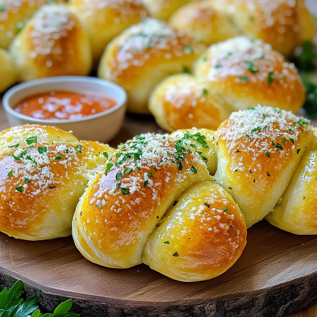 To make these herb garlic Parmesan knots, you need: - 1 lb pizza dough (store-bought or homemade) - 4 tablespoons unsalted butter, melted - 4 cloves garlic, minced - 1 teaspoon dried oregano - 1 teaspoon dried basil - 1/2 cup grated Parmesan cheese - 1/4 teaspoon red pepper flakes (optional) - Salt to taste - Fresh parsley, chopped for garnish Each ingredient plays a big role in flavor. The garlic adds a nice kick. The Parmesan gives a rich, cheesy taste. Oregano and basil bring warmth and earthiness. If you want to mix things up, consider these swaps: - Use whole wheat pizza dough for a healthier option. - Try olive oil instead of butter for a different base. - If you dislike garlic, use garlic powder instead. - For a cheese swap, use mozzarella or feta. These alternatives can change the taste but keep the dish fun. Sometimes, you may not have an ingredient. Here are quick fixes: - No pizza dough? Use crescent roll dough or biscuit dough. - Out of Parmesan? Grated Pecorino Romano works well too. - If you can't find dried herbs, fresh herbs can replace them. Use three times more fresh herbs. - No fresh parsley? Chives or green onions make a nice garnish. These substitutions help you keep cooking without a trip to the store. Use what you have on hand to enjoy these tasty knots! First, preheat your oven to 400°F (200°C). This step is key for the perfect bake. Next, line a baking sheet with parchment paper. This helps keep the knots from sticking. If you use store-bought pizza dough, let it sit out for 20 minutes. This makes it easier to handle. Now, on a floured surface, divide the dough into 12 equal pieces. Each piece should be about the same size. Roll each piece into a rope that is 6-8 inches long. Then, tie each rope into a knot. Place the knots on the prepared baking sheet. In a small bowl, mix melted butter, minced garlic, dried oregano, and dried basil. If you like a kick, add red pepper flakes. Stir well until everything combines. Brush this garlic herb butter over each knot. Make sure every knot gets a good coat. Next, sprinkle grated Parmesan cheese on top. Cover them evenly for the best flavor. Bake the knots in the oven for 12-15 minutes. They should turn golden brown and smell amazing. Once done, take them out and let them cool for a few minutes. This helps them firm up. Before serving, sprinkle some chopped fresh parsley on top for color. When you roll the dough into ropes, keep the thickness even. This helps them cook evenly. If the dough sticks, use a little more flour on your hands and the surface. Don't rush the knot-tying part. A well-tied knot will look great and hold together better. Practice makes perfect, so have fun with it! To get the best garlic taste, use fresh cloves. Mince four cloves finely for strong flavor. You can also roast garlic for a milder taste. Roasted garlic adds sweetness and depth. Mixing it into the butter helps spread the flavor evenly. If you want a kick, add red pepper flakes. This will make your knots unique and exciting. For soft and fluffy knots, use room-temperature dough. If using store-bought dough, let it sit for 20 minutes before shaping. This helps the dough relax, making it easier to tie knots. For a nice golden color, brush on melted butter before baking. The cheese also adds a delightful crunch as it bakes. Serve these knots warm for the best taste. They pair well with marinara sauce for dipping. You can also add some fresh herbs on top for a pop of color. Try serving them on a wooden board for a rustic feel. These knots make a great snack or appetizer for any gathering. {{image_2}} You can change up the cheese in your herb garlic Parmesan knots. Instead of Parmesan, try mozzarella for a gooey melt. Feta adds a nice tang, while cheddar gives a sharp flavor. Mix different cheeses for a fun twist. Just remember to adjust the amount to keep the knots light. Herbs can change the taste of your knots. You can stick with oregano and basil, or try rosemary for a strong flavor. Thyme adds earthiness, while parsley brings freshness. Chives can add a mild onion taste. Experiment with fresh herbs for a bright, vibrant touch. Use about one tablespoon of fresh herbs for each teaspoon of dried herbs. If you like heat, add more red pepper flakes to your garlic butter. You can also mix in some cayenne pepper for extra spice. Try adding a dash of hot sauce to the butter. This will give your knots a nice kick. Pair spicy knots with a cooling dip like ranch or sour cream to balance the heat. To keep your herb garlic Parmesan knots fresh, let them cool first. Place them in an airtight container. You can also use plastic wrap. Store them in the fridge for up to three days. If you want to keep them longer, consider freezing. Reheating is simple! Preheat your oven to 350°F (175°C). Place the knots on a baking sheet. Bake them for about 5-7 minutes. This will make them warm and crispy again. You can also use a microwave for quick reheating. Just microwave for 20-30 seconds. They may not be as crispy, but they will still taste great. If you want to freeze your knots, wrap each one in plastic wrap. Then, place them in a freezer-safe bag. They will stay fresh for up to three months. When you’re ready to eat, take them out of the freezer. Let them thaw in the fridge overnight. After that, reheat them in the oven for the best taste. Yes, you can use homemade pizza dough. It gives a fresh taste and texture. Just make sure your dough is well-kneaded and rises properly. Follow the same steps to shape and bake the knots. This way, you can control the flavors and add your favorite herbs. To make herb garlic Parmesan knots vegan, replace butter with olive oil or vegan butter. Use a vegan Parmesan cheese or nutritional yeast instead of regular Parmesan. This keeps the flavor while making it plant-based. The knots will still taste great and be soft. You can serve these knots with marinara sauce for dipping. They also pair well with soups or salads. Try them with a fresh green salad or a bowl of pasta. They add an extra touch to any meal. Enjoy your tasty knots with a side of your choice! This blog post shared all you need to know about making garlic knots. We covered the ingredients and their alternatives, plus step-by-step instructions for easy cooking. I shared tips to boost flavor and texture. You also learned different variations and how to store your knots. Now, you can impress your family with these tasty snacks. I hope you enjoy making them as much as I do!