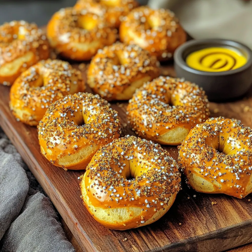 - 1 ½ cups warm water (110°F) - 2 tablespoons brown sugar - 1 packet instant yeast (2 ¼ teaspoons) - 4 cups all-purpose flour - 1 teaspoon salt - ½ teaspoon baking soda - 1 egg (beaten, for egg wash) - 3 tablespoons everything bagel seasoning - Olive oil spray for cooking - Dipping sauces (mustard, cheese dip) - Additional seasonings I love how simple the ingredients list is. You likely have many of them at home. The warm water helps the yeast grow. Brown sugar adds a subtle sweetness. Instant yeast makes the dough rise fast. All-purpose flour forms the base of our pretzel bites. Salt boosts flavor, while baking soda gives that classic pretzel taste. The egg wash is key for that golden look. Everything bagel seasoning adds a delicious crunch. Don’t forget the olive oil spray! It helps the bites crisp up nicely in the air fryer. If you want to kick it up a notch, consider adding dipping sauces. Mustard or cheese dip pairs perfectly. You can also try different seasonings. Experimenting can lead to fun, new flavors. 1. Start by combining 1 ½ cups of warm water and 2 tablespoons of brown sugar. Stir well until the sugar dissolves. 2. Next, add 1 packet of instant yeast to the mixture. Let it sit for about 5 minutes. It will foam up, indicating that the yeast is active. 3. In a separate bowl, mix together 4 cups of all-purpose flour and 1 teaspoon of salt. Then, add this dry mix to the yeast mixture. Stir until a dough forms. 1. Now, knead the dough on a floured surface for about 5 to 7 minutes. You want it to be smooth and elastic. 2. After kneading, place the dough in a greased bowl. Cover it with a damp cloth. Let it rise in a warm spot for about 1 hour, or until it doubles in size. 1. While the dough rises, prepare a boiling solution. Bring 8 cups of water to a boil in a large pot. Carefully add ½ teaspoon of baking soda. 2. Once the dough has risen, punch it down and divide it into small pieces, about 1-inch each. Roll each piece into a small ball. 3. Boil the pretzel bites in batches for around 30 seconds. Turn them halfway through. Use a slotted spoon to remove them and let them drain on a paper towel. 4. Brush each pretzel bite with a beaten egg for a golden color. Sprinkle them with everything bagel seasoning. 5. Arrange the pretzel bites in a single layer in the air fryer basket. Make sure they have some space to expand. 6. Set your air fryer to 380°F (190°C) and air fry for 6 to 8 minutes. They should turn golden brown and crispy. 7. Remove the pretzel bites and let them cool slightly before serving. Set your air fryer to 380°F (190°C). This is the sweet spot for crispy bites. Cook them for 6-8 minutes. Check them around the 6-minute mark. They should turn golden brown and smell amazing! Your dough should feel smooth and elastic. If it sticks to your hands, knead it more. A well-kneaded dough holds its shape well. It should also bounce back when you poke it. Let it rise until it doubles in size. This step is key for the perfect pretzel. Want to add more flavor? Try different toppings! You can mix in cheese or spices. Serve with dips like mustard or cheese sauce. These pair well with the pretzel bites. Don't be shy with the everything bagel seasoning. More is better for flavor! {{image_2}} You can change the flavor of your pretzel bites by using different seasonings. Try using garlic powder, onion powder, or even a touch of smoked paprika. You can mix these spices with coarse sea salt for a tasty twist. You might also like to make a sweet version. Use cinnamon and sugar instead of everything bagel seasoning. This gives a fun dessert option! Want cheesy goodness inside your pretzel bites? Here’s how to add cheese filling. After rolling each piece of dough into a ball, flatten it slightly. Place a small cube of cheese in the center, then fold the dough over the cheese. Pinch it to seal. This way, the cheese melts inside while cooking. You can use cheddar, mozzarella, or your favorite cheese! If you need gluten-free pretzel bites, you can substitute the all-purpose flour. Use a gluten-free flour blend that works for baking. Look for blends that include xanthan gum, as it helps with texture. This way, everyone can enjoy these tasty bites! To keep your pretzel bites fresh, store them in an airtight container. This will help prevent them from drying out. If you plan to eat them later, let them cool completely before placing them in the container. You can also wrap them in plastic wrap. For longer storage, consider placing them in the fridge. They stay good for about three days in the fridge. If you want to keep them longer, freezing is a great option. To reheat your pretzel bites and keep them crunchy, use your air fryer. Preheat it to 350°F. Place the bites in the basket for about 3-5 minutes. This method helps restore their crispiness. You can also use an oven at 350°F for about 10 minutes. Avoid using the microwave, as it makes them soft. Enjoy your pretzel bites warm for the best taste! Yes, you can freeze pretzel bites. To freeze them, wait until they cool completely. Then, place them in a single layer on a baking sheet. Freeze them for about one hour. After that, transfer the frozen bites to a freezer bag. Squeeze out the air and seal it tightly. When you're ready to eat, take out the desired amount. Thaw them overnight in the fridge. Reheat in the air fryer for a few minutes to restore their crispiness. Pretzel bites pair well with many dips. Mustard is a classic choice, especially spicy mustard. Cheese dip is also popular and adds a creamy touch. You can even try ranch dressing for a fun twist. If you want to get creative, serve them with hummus or salsa. These options will make your snack time extra tasty. You can tell pretzel bites are done by their color and texture. They should be golden brown and crispy on the outside. Another sign is the aroma; they will smell deliciously toasted. If you tap them gently, they should sound hollow. This means they cooked through. Enjoy them warm for the best flavor and texture. Making pretzel bites at home is fun and easy. We covered the necessary ingredients and detailed steps to create delicious snacks. From kneading the dough to the perfect boiling process, you now have the tools to succeed. Remember to experiment with flavors and dips to suit your taste. Enjoy your freshly made pretzel bites with friends or family. They’ll love your creations! Keep practicing, and soon, you’ll master every variation like a pro.