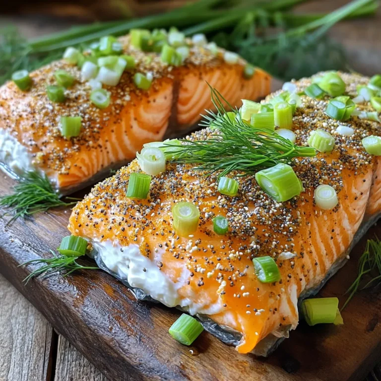- 4 salmon fillets (6 oz each) - 2 tablespoons cream cheese, softened - 4 teaspoons Everything Bagel seasoning - 1 tablespoon olive oil - Salt and pepper to taste - 1 tablespoon fresh dill, chopped (optional) - Sliced green onions for garnish To make Air Fryer Everything Bagel Salmon, you need fresh ingredients. Start with salmon fillets. I like using 6-ounce fillets, as they cook evenly. Next, grab some softened cream cheese. This adds a rich layer of flavor. Everything Bagel seasoning is key for that classic taste. It brings all the spices together. Olive oil is important, too. It helps the seasoning stick and keeps the salmon moist. Don't forget salt and pepper for basic seasoning. Fresh dill is optional, but it adds a nice touch. Finally, green onions make a great garnish. They add a pop of color and flavor when you serve the dish. Using quality ingredients will enhance your overall dish. Fresh salmon and good cream cheese make a big difference. Enjoy the process of gathering these items; they set the stage for a tasty meal. First, dry the salmon fillets with paper towels. This helps the seasoning stick better. Next, lightly season both sides with salt and pepper. This will enhance the salmon's natural flavor. In a small bowl, mix the softened cream cheese with fresh dill. If you like dill, it adds a nice touch. Now, spread a thin layer of this mixture on top of each salmon fillet. This creamy layer complements the fish well. Evenly sprinkle the Everything Bagel seasoning over the cream cheese. Make sure to press gently so the seasoning sticks. This blend of flavors will give your salmon a tasty crunch. Preheat your air fryer to 400°F (200°C) for about 5 minutes. Preheating ensures the salmon cooks evenly. Brush both sides of the fillets with olive oil. This keeps the salmon moist and adds flavor. Place the fillets in the air fryer basket, ensuring they do not overlap. Cook for 8-10 minutes. The salmon is done when it flakes easily with a fork. Cook time may vary based on thickness. Carefully remove the salmon from the air fryer and let it rest for a minute. This helps the juices settle. Garnish with sliced green onions and more dill if you like. Present it nicely on a plate for a beautiful display. When picking salmon, fresh is often best. Fresh salmon has a bright color and clear eyes. It smells like the sea, not fishy. If fresh is not an option, frozen salmon works too. Just make sure it is well-packaged. Thaw frozen salmon in the fridge overnight for best results. Cooking time depends on the thickness of the fillets. A 6 oz fillet cooks in about 8-10 minutes at 400°F. If your fillet is thicker than 1 inch, add a couple of minutes. Check for doneness by using a fork; the salmon should flake easily. Remember, less time means more juicy salmon! While Everything Bagel seasoning is tasty, you can mix it up. Try adding lemon zest for a bright touch. A sprinkle of smoked paprika adds depth. Fresh herbs like thyme or parsley can bring a new twist. Don’t be afraid to experiment! Each change makes your dish unique and flavorful. {{image_2}} You can change the flavor of your salmon by using different seasonings. If you don't have Everything Bagel seasoning, try these options: - Lemon pepper - Cajun spice - Garlic powder - Smoked paprika - Italian herbs Each of these adds a unique taste to your dish. You can mix and match to find your favorite. Pairing salmon with air-fried vegetables is a great idea. You can add veggies like: - Asparagus - Broccoli - Bell peppers - Zucchini Cut them into bite-sized pieces. Toss them with olive oil, salt, and pepper. Place them in the air fryer alongside the salmon. This way, you get a full meal in one go. If you want to make a vegan or vegetarian version, try using these plant-based options: - Marinated tofu - Tempeh - Eggplant slices Prepare them like you would the salmon. Spread cream cheese or a vegan cheese alternative on top. Then add your favorite seasoning. Air fry until golden and crispy. To keep your leftover salmon fresh, place it in an airtight container. This helps lock in flavor and moisture. Store the container in the fridge. It’s best to eat the salmon within three days for the best taste. If you have extra cream cheese spread, keep that in a separate container. When you’re ready to enjoy the leftover salmon, use the air fryer for the best results. Set it to 350°F (175°C) and reheat for about 5 minutes. This way, the salmon stays moist. You can also use a microwave. If you do, heat it in 30-second bursts. Check often to avoid overcooking. If you want to keep the salmon longer, you can freeze it. Wrap each fillet tightly in plastic wrap. Then, place them in a freezer bag. Remove as much air as possible before sealing. This helps prevent freezer burn. You can freeze salmon for up to three months. When you’re ready to eat it, thaw it in the fridge overnight before reheating. For the best results, cook salmon in the air fryer for 8-10 minutes at 400°F (200°C). The exact time depends on the thickness of your fillets. To check for doneness, use a fork. The salmon should flake easily. If it resists, it needs more time. Always remember to preheat your air fryer for about 5 minutes. This helps the salmon cook evenly and keeps it moist. Yes! You can use other fish like trout, cod, or halibut. Make sure to adjust the cooking time as needed. Thinner fillets may cook faster, while thicker ones may take longer. The flavors from the cream cheese and Everything Bagel seasoning will work well with many fish types. Feel free to experiment and find your favorite! Everything Bagel Salmon pairs well with several sides. Here are some tasty ideas: - Roasted vegetables, like asparagus or broccoli - Quinoa or rice for a filling base - A crisp salad with lemon vinaigrette - Creamy mashed potatoes for a comforting touch These sides will balance the rich flavors of the salmon and make a full meal. Air frying can be healthier than baking in some ways. It uses less oil, which cuts down on extra calories and fat. The high heat cooks the salmon quickly, sealing in moisture. This helps keep the fish tender and flavorful. Plus, air frying can create a nice crisp crust without frying in oil. It's a great option for a healthy meal! We explored a simple way to make delicious Everything Bagel salmon using an air fryer. You learned about key ingredients, including salmon, cream cheese, and seasoning. The steps showed how to prepare the salmon and make a tasty cream cheese spread. Tips helped you choose the best salmon and improve flavors. Variations and storage tips rounded out the guide. Remember, this recipe is easy and versatile. With a few adjustments, you can make it your own. Enjoy a guilt-free meal that tastes incredible!