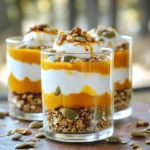 - 2 cups Greek yogurt (plain or vanilla) - 1 cup pumpkin puree - 3 tablespoons maple syrup (or honey) - 1 teaspoon vanilla extract - 1 teaspoon ground cinnamon - 1/2 teaspoon nutmeg - 1/4 teaspoon ginger powder For this Greek Yogurt Pumpkin Parfait, I love starting with the main ingredients. The Greek yogurt gives a creamy base. You can choose plain or vanilla, depending on your taste. The pumpkin puree adds that warm fall flavor we all adore. Next, I reach for sweeteners. Maple syrup is my favorite, but honey works too. It adds just the right amount of sweetness. Don't forget the spices! Ground cinnamon, nutmeg, and ginger powder bring warmth and depth to the parfait. These spices make every bite cozy and delicious. - 1 cup granola (your favorite type) - 1/2 cup pecans or walnuts, chopped (optional) - Fresh pumpkin seeds for garnish Toppings are key for texture. I like to use granola for its crunch. You can pick your favorite type. Chopped pecans or walnuts add nuttiness. They are optional, but I always recommend them. Lastly, fresh pumpkin seeds make a lovely garnish. They add a nice crunch and look great on top. Now you have all the ingredients to make this fall delight! Get ready to layer and enjoy. First, take a mixing bowl. Add 1 cup of pumpkin puree, 3 tablespoons of maple syrup, and 1 teaspoon of vanilla extract. Then, sprinkle in 1 teaspoon of ground cinnamon, 1/2 teaspoon of nutmeg, and 1/4 teaspoon of ginger powder. Use a spatula to stir everything together. Make sure to mix well until all the ingredients blend into a smooth pumpkin spice mixture. Now, grab another bowl for the Greek yogurt. Measure out 2 cups of Greek yogurt. Stir it gently with a spoon to smooth it out. If you want your yogurt a bit sweeter, add a splash of maple syrup or honey here. Keep stirring until it’s nice and creamy. Next, it’s time to layer your parfait. Choose some clear glasses or bowls to show off the layers. Start by adding a layer of yogurt at the bottom. Spread it evenly. On top of the yogurt, add a layer of the pumpkin mixture. Smooth it out gently. Then, sprinkle a layer of your favorite granola on top. If you like nuts, add some chopped pecans or walnuts now. Repeat these layers until you reach the top. Finish with a dollop of yogurt, a drizzle of maple syrup, and a sprinkle of granola. For a nice touch, add fresh pumpkin seeds on top. Enjoy your parfait right away or chill it for up to an hour. You can adjust the sweetness of your yogurt and pumpkin mixture easily. Start by tasting both the yogurt and pumpkin mix. If you want it sweeter, add more maple syrup or honey. You can also try agave syrup or stevia for a different twist. Each sweetener brings its own flavor, so experiment to find your favorite. Layering is key to a beautiful parfait. Start with yogurt at the bottom. Use a spoon to smooth it out. Next, add your pumpkin mixture. Ensure it covers the yogurt evenly. Then sprinkle your granola on top. For an eye-catching look, alternate layers of yogurt, pumpkin, and granola. Finish with yogurt and a drizzle of syrup. Don’t forget to add fresh pumpkin seeds for a pop of color. This parfait is great for breakfast or dessert. Pair it with a warm drink like coffee or tea. It also works well for gatherings, like brunch or holiday parties. Serve individual parfaits for a fun touch. They impress guests while being easy to make. Enjoy this simple delight anytime you crave fall flavors. {{image_2}} You can change the spice mix in your parfait. Try adding allspice or cardamom for a twist. You can also use almond or coconut extract for a different flavor. Adding fruits can brighten your parfait. Berries or sliced bananas work well with the pumpkin. You can also add dried fruits like cranberries or raisins for sweetness. If you need a dairy-free option, use plant-based yogurt. Almond, soy, or coconut yogurt all taste great. For those who need gluten-free options, select gluten-free granola. Many brands offer yummy choices that fit this need. Always check labels to ensure they meet your dietary needs. You can switch ingredients based on what’s in season. In fall, apples and pears are great additions. Simply chop them and layer them in your parfait. You can also use spices like apple pie spice to change the flavor. This keeps your parfait fresh and exciting all season long. After enjoying your Greek yogurt pumpkin parfait, store leftovers in the fridge. Use an airtight container to keep it fresh. This helps maintain the creamy texture of the yogurt. Keep the parfait covered to avoid drying out. If possible, store the layers separately to keep granola crunchy. You can freeze Greek yogurt pumpkin parfaits, but be careful. Freezing can change the texture. To freeze, layer the parfait in a freezer-safe container. Leave some space at the top for expansion. When ready to eat, thaw in the fridge overnight. Avoid refreezing, as it can make the parfait watery. In the fridge, your parfait lasts about three days. After that, check for signs of spoilage. Look for changes in smell or texture. If it smells sour or looks watery, it’s best to toss it. Enjoy your parfait within a few days for the best taste! If you need a substitute for Greek yogurt, you have a few options. You can use regular yogurt, but it will be thinner. Another option is a plant-based yogurt made from almond or coconut. These alternatives offer a similar texture. Just make sure they are plain to keep the flavor balanced. Yes, you can make this parfait ahead of time. Layer the yogurt and pumpkin mix in jars. Cover and store them in the fridge. They stay fresh for about one hour. If you want to prepare them the night before, add granola just before serving. This keeps it crunchy and tasty! No, pumpkin puree and pumpkin pie filling are not the same. Pumpkin puree is just pure pumpkin, while pie filling has added sugar and spices. For this parfait, use pumpkin puree. It lets you control the sweetness and spice levels. This way, you can make the parfait just right for your taste! This blog post covered how to make a delicious Greek yogurt pumpkin parfait. We discussed key ingredients like Greek yogurt, pumpkin puree, and sweeteners. I shared tips on mixing, layering, and customizing your parfait to fit your taste. You can also tweak toppings and adjust for dietary needs. In closing, this parfait makes for a delightful breakfast or dessert. It celebrates the flavors of fall and offers endless variations. Enjoy experimenting with your own creations!