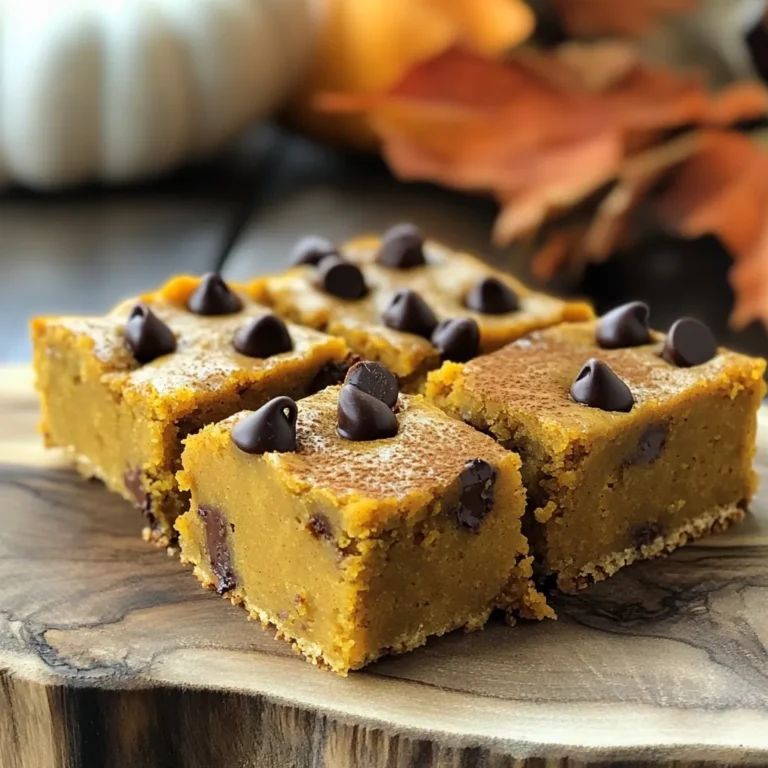 To make delicious pumpkin chocolate chip bars, gather these simple ingredients: - 1 cup canned pumpkin puree - 1/2 cup unsalted butter, melted - 1 cup brown sugar, packed - 1/2 cup granulated sugar - 2 large eggs - 1 teaspoon vanilla extract - 1 1/2 cups all-purpose flour - 1/2 teaspoon baking soda - 1 teaspoon ground cinnamon - 1/2 teaspoon ground nutmeg - 1/4 teaspoon salt - 1 cup semi-sweet chocolate chips Each ingredient plays a key role. The canned pumpkin puree gives moisture and flavor. Unsalted butter adds richness. Brown sugar brings a deep sweetness, while granulated sugar adds a light touch. Eggs help bind everything together, and vanilla extract enhances the taste. All-purpose flour provides structure, while baking soda helps the bars rise. Ground cinnamon and nutmeg add that warm, fall spice we love. Finally, semi-sweet chocolate chips are the delightful surprise in every bite. Gathering these ingredients is the first step to making a fall treat everyone will enjoy. Make sure you have everything ready before you start! First, preheat your oven to 350°F (175°C). This step is key for even baking. While the oven warms up, grab a 9x13-inch baking pan. Use non-stick spray or a little butter to grease the pan. This helps the bars come out easily after baking. In a large bowl, mix the melted butter, canned pumpkin puree, brown sugar, and granulated sugar. Stir this mixture until it looks smooth. Next, crack in two large eggs and add one teaspoon of vanilla extract. Whisk these ingredients together until they blend well. In a separate bowl, sift together 1 1/2 cups of all-purpose flour, 1/2 teaspoon of baking soda, one teaspoon of ground cinnamon, 1/2 teaspoon of ground nutmeg, and 1/4 teaspoon of salt. This step ensures your bars rise and have a good texture. Now, gradually add this dry mix to your wet ingredients. Stir gently until just combined. Be careful not to overmix; you want your bars to stay soft and fluffy. Pour the batter into the greased baking pan. Spread it out evenly with a spatula. Place the pan in the oven and bake for 25 to 30 minutes. To check for doneness, insert a toothpick into the center. If it comes out clean or with just a few moist crumbs, your bars are ready. Once done, take them out and let them cool in the pan for about 10 minutes. After that, transfer them to a wire rack to cool completely. Finally, cut them into squares and enjoy your delicious pumpkin chocolate chip bars! To make these pumpkin chocolate chip bars just right, avoid overmixing the batter. When you add the dry ingredients, mix until they are just combined. If you mix too much, the bars can turn out dense and tough. Cooling is key for the best texture. After baking, let the bars cool in the pan for about 10 minutes. Then transfer them to a wire rack. This helps them cool evenly and keeps them soft. Using the right spices makes a big difference. Ground cinnamon and nutmeg are essential. You can also try adding ginger or allspice for a warm kick. If you want to experiment, use pumpkin pie spice instead. It adds great depth to the flavor. Choosing good chocolate chips is vital for flavor. I recommend semi-sweet chocolate chips for a balanced taste. They bring a nice sweetness without being overpowering. For a richer flavor, try dark chocolate chips. You can even mix both kinds for a unique twist. {{image_2}} To make these pumpkin chocolate chip bars gluten-free, swap the all-purpose flour with a gluten-free blend. You can use a mix that contains rice flour and starches, or almond flour for a nutty flavor. Make sure the blend has xanthan gum to help with texture. This option keeps the bars soft and moist. For a vegan version, replace the eggs with flaxseed meal or chia seeds. Use 1 tablespoon of flaxseed meal mixed with 2.5 tablespoons of water for each egg. Let it sit for a few minutes to thicken. For dairy-free options, use coconut oil instead of butter and almond milk or soy milk as a liquid. These swaps keep the taste rich and satisfying. Get creative with mix-ins! You can add nuts like walnuts or pecans for crunch. Dried fruits, such as cranberries or raisins, also add sweetness and texture. For a fun twist, try adding a swirl of peanut butter or caramel sauce before baking. These additions will personalize your bars and make them even more delicious. After baking your pumpkin chocolate chip bars, allow them to cool completely. You have two great options for storage. - Room Temperature: Store the bars in an airtight container. They can sit on your counter for up to three days. - Refrigerator: For longer freshness, place the bars in the fridge. They stay good for about a week when chilled. Keeping them in an airtight container helps maintain their soft texture and flavor. If you want to keep your bars for longer, freezing is a smart choice. Here’s how to do it: 1. Cut the cooled bars into squares. 2. Wrap each piece tightly in plastic wrap. 3. Place the wrapped bars in a freezer-safe bag or container. To thaw, simply remove the bars and let them sit at room temperature for a couple of hours. You can also warm them in the microwave for 10-15 seconds for a fresh-baked taste. In storage, pumpkin chocolate chip bars have a decent shelf life: - Room Temperature: Last up to three days. - Refrigerator: Good for about a week. - Freezer: They can last up to three months when properly frozen. This makes them perfect for preparing ahead of time and enjoying later! Yes, you can use fresh pumpkin. Fresh pumpkin gives a richer taste. Start by cutting a pumpkin in half and removing the seeds. Roast it in the oven until soft, about 45 minutes. After it cools, scoop out the flesh and mash it until smooth. Use this in place of canned pumpkin. Fresh pumpkin may have more moisture, so adjust the flour slightly if needed. If you lack brown sugar, you have options. You can use white sugar mixed with molasses. For each cup of brown sugar, mix 1 cup of white sugar with 1 tablespoon of molasses. This mimics the flavor and color of brown sugar. Alternatively, try coconut sugar. It has a similar taste and can work well in this recipe. To check for doneness, insert a toothpick into the center. If it comes out clean or with a few moist crumbs, the bars are ready. This usually takes about 25-30 minutes. The edges will look set, and the center should not jiggle. Allow the bars to cool for a bit before cutting. Absolutely! You can prepare the bars a day in advance. Store them in an airtight container at room temperature. If you want to keep them longer, freeze them. Cut the bars into squares, wrap them in plastic, and place them in a freezer bag. They will stay fresh for up to three months. Just thaw at room temperature before serving. You now have a complete guide to making delicious pumpkin chocolate chip bars. We covered the ingredients, step-by-step instructions, and useful tips. I shared variations for gluten-free and vegan options, plus storage info to keep your bars fresh. Pumpkin chocolate chip bars are easy to make and fun to share. You can customize them to fit your taste. Enjoy baking and delight in your tasty treats!