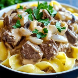 - 1.5 pounds beef stew meat, cut into bite-sized pieces - 1 medium onion, diced - 2 cloves garlic, minced - 8 ounces mushrooms, sliced - 2 cups beef broth - 1 tablespoon Worcestershire sauce - 2 teaspoons Dijon mustard - 1 teaspoon dried thyme - Salt and pepper to taste - 1 cup sour cream - 3 tablespoons all-purpose flour - 12 ounces egg noodles - 2 tablespoons olive oil - Fresh parsley, chopped (for garnish) For this recipe, use 1.5 pounds of beef stew meat. You can swap it for chuck roast if you prefer. The onions should be medium-sized, and you can use shallots as a nice twist. If you don’t have garlic, garlic powder will work. You can also skip the mushrooms if you dislike them. Beef broth is key, but vegetable broth can serve as a substitute for lighter flavor. For a gluten-free option, use cornstarch instead of flour. When picking beef, look for marbling. This adds flavor and tenderness. Choose fresh, firm mushrooms without dark spots. For onions, select ones that feel firm and heavy for their size. Always check expiration dates on broth and sour cream. Fresh parsley should be vibrant and crisp, as this adds a nice touch to your dish. Using quality ingredients ensures a tasty and hearty beef stroganoff. 1. Start by heating 2 tablespoons of olive oil in a large skillet over medium-high heat. 2. Add 1 medium diced onion and 2 minced garlic cloves. Sauté for 2-3 minutes until fragrant. 3. Next, add 1.5 pounds of beef stew meat, cut into bite-sized pieces. Brown the meat on all sides for about 5-7 minutes. This step boosts the flavor. 4. If you're short on time, you can skip browning the meat. It still tastes great! 5. Transfer the browned beef, onions, and garlic into the slow cooker. 6. Add 8 ounces of sliced mushrooms, 2 cups of beef broth, 1 tablespoon of Worcestershire sauce, 2 teaspoons of Dijon mustard, and 1 teaspoon of dried thyme. 7. Season with salt and pepper to taste. Stir everything to combine well. 1. Cover the slow cooker and set it to low. Cook for 6-8 hours, or on high for 3-4 hours. 2. Check the beef for tenderness. It should be very soft when done. 3. About 30 minutes before serving, mix 3 tablespoons of all-purpose flour into 1 cup of sour cream. Stir until smooth. 4. Add this mixture to the slow cooker. Make sure to mix it in well. 5. Cook for an additional 30 minutes on high. This allows the sauce to thicken nicely. 1. While the stroganoff thickens, cook 12 ounces of egg noodles according to package instructions. 2. Drain the noodles and set them aside. 3. To serve, spoon the beef stroganoff over the egg noodles. 4. Garnish with fresh chopped parsley for a pop of color and flavor. Enjoy! To make your beef stroganoff really shine, start with high-quality beef. I suggest using fresh beef stew meat for the best taste. Browning the meat is a key step. It adds a deep flavor. If you want extra zing, add a splash of red wine before cooking. Fresh herbs like thyme or parsley can brighten the dish. Just sprinkle them in before serving for a fresh touch. One big mistake is skipping the browning step. This can lead to a less tasty dish. Another error is not seasoning enough. Always taste as you cook. If the sauce seems bland, add more salt or Worcestershire sauce. Also, be careful not to add the sour cream too early. It should go in 30 minutes before serving to keep it creamy. Serve your beef stroganoff over egg noodles for a classic touch. If you want to elevate it, try serving with a side of steamed broccoli or a fresh salad. This adds color and crunch to your meal. For a cozy feel, serve with warm bread to soak up the sauce. Don't forget to garnish with fresh parsley for a beautiful finish. {{image_2}} You can switch beef for other meats. Chicken or turkey works well. If you want a lighter dish, try pork. Each protein will add its own flavor. Adjust cooking time as needed. For chicken, cook on low for 4-6 hours. For pork, stick to 6-8 hours on low. You can make a hearty vegetarian version. Replace beef with hearty mushrooms or tofu. Use vegetable broth instead of beef broth. Add more veggies like carrots and bell peppers for texture. This option is rich and filling, perfect for meatless meals. The sauce can change the whole dish. Try adding red wine for a deeper flavor. You can mix in cream cheese for a richer sauce. For a spicy kick, add a dash of hot sauce. Each variation keeps the recipe fun and fresh! To store leftovers, let the beef stroganoff cool. Transfer it to an airtight container. Make sure to seal it well. You can keep it in the fridge for up to three days. If you want to keep it longer, consider freezing it. To reheat, take the stroganoff from the fridge. Place it in a pot over low heat. Add a splash of beef broth or water to thin it if needed. Stir the stroganoff gently until it warms up. You can also use a microwave. Heat it in short bursts, stirring in between. If you want to freeze your beef stroganoff, first cool it completely. Use a freezer-safe container or bag. Label it with the date. Beef stroganoff can stay good in the freezer for up to three months. To serve, thaw it in the fridge overnight before reheating. Yes, you can use frozen beef. Just make sure to thaw it first. Frozen beef may take longer to cook. For best results, use thawed beef stew meat. This helps it cook evenly and become tender. If you want a sour cream substitute, use Greek yogurt. It has a similar taste and texture. Cream cheese can also work, but it may make the sauce thicker. Just be sure to mix it well for a creamy finish. To make beef stroganoff gluten-free, use gluten-free flour. You can find it in most stores. Instead of egg noodles, try gluten-free pasta. Rice noodles also work well as a tasty alternative. You can use many types of noodles. Fettuccine or wide noodles are great choices. If you want something different, try whole wheat or even zucchini noodles for a lighter meal. Each will add its own unique twist to the dish. This blog post covered everything you need for a great dish. We explored ingredients, measuring, and quality tips. You learned step-by-step prep and cooking details. I shared ways to enhance flavor and avoid common mistakes. Variations let you try new proteins and sauces. Remember, the right storage keeps leftovers fresh. If you follow these tips, your dish will shine. Enjoy your cooking journey!