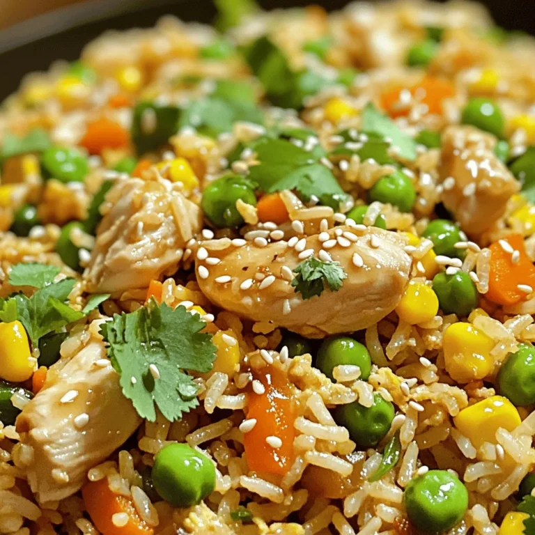 To make a tasty chicken fried rice, you'll need these main ingredients: - 2 cups cooked jasmine rice (preferably day-old) - 1 cup boneless, skinless chicken breast, diced - 2 tablespoons vegetable oil - 1 cup mixed vegetables (carrots, peas, and corn) - 3 green onions, chopped - 2 cloves garlic, minced - 2 eggs, lightly beaten - 3 tablespoons soy sauce - 1 tablespoon sesame oil - Salt and pepper to taste Using day-old rice helps achieve a great texture. Fresh rice can be sticky. You can change your chicken fried rice by adding these optional ingredients: - Chopped cilantro for freshness - Sesame seeds for crunch - Bell peppers for color and taste - Scrambled tofu for a vegetarian option Feel free to mix and match these options based on what you like. Chicken fried rice is a balanced meal. It offers protein, carbs, and veggies. A serving gives you: - About 400 calories - 25 grams of protein - 55 grams of carbs - 10 grams of fat Keep these numbers in mind as you enjoy your dish. Modify ingredients for your dietary needs. First, gather all your ingredients. You will need: - 2 cups cooked jasmine rice (preferably day-old) - 1 cup boneless, skinless chicken breast, diced - 2 tablespoons vegetable oil - 1 cup mixed vegetables (carrots, peas, and corn) - 3 green onions, chopped - 2 cloves garlic, minced - 2 eggs, lightly beaten - 3 tablespoons soy sauce - 1 tablespoon sesame oil - Salt and pepper to taste - Optional: chopped cilantro or sesame seeds for garnish Next, make sure your rice is cold. Day-old rice works best. This helps it fry better and not clump. Dice your chicken and chop the green onions. Mince the garlic. Set these aside for cooking. Heat one tablespoon of vegetable oil in a large skillet or wok over medium-high heat. Add the diced chicken to the pan. Season it with salt and pepper. Cook for about 5 to 7 minutes. You want the chicken to be golden brown and cooked through. Once ready, take the chicken out and set it aside. In the same skillet, add the second tablespoon of oil. Sauté the minced garlic for about 30 seconds. The smell will be amazing! Then, toss in the mixed vegetables. Cook these for 3 to 4 minutes until they are tender. Push the veggies to one side of the skillet. Pour the beaten eggs into the empty side. Scramble the eggs until they are fully cooked. After that, mix them with the veggies. Now, add the cooked chicken back into the skillet. Then, add the cold jasmine rice. Stir everything together well. Drizzle the soy sauce and sesame oil over the mixture. Stir again to combine and heat through for another 3 to 5 minutes. Fold in the chopped green onions last. Taste and adjust the seasoning with more salt and pepper if needed. To serve, scoop the fried rice into bowls or on plates. You can garnish it with chopped cilantro or a sprinkle of sesame seeds. This adds a nice touch and extra flavor. Enjoy your homemade chicken fried rice! For chicken fried rice, jasmine rice is the best choice. It has a nice aroma and a soft texture. Always use cooked rice that is at least a day old. This rice dries out a bit, which helps it fry better. Fresh rice can clump and get mushy, which we want to avoid. To make fluffy fried rice, use a hot skillet or wok. Heat it well before adding oil. This helps keep the rice from sticking. Add the rice in small batches to avoid overcrowding. Stir frequently but gently. This way, the grains stay separate and cook evenly. To boost flavor, season your chicken with salt and pepper right away. Garlic adds a rich taste, so sauté it until fragrant. Soy sauce and sesame oil are key. They add depth and umami. Stir them in well to coat every grain. Finish with chopped green onions for a fresh crunch. Optional toppings like cilantro or sesame seeds can enhance flavor and add a nice touch. {{image_2}} You can change the mixed veggies in your fried rice. Try bell peppers, broccoli, or snap peas. Each adds a different taste and crunch. Using fresh vegetables makes the dish brighter and healthier. You can also use frozen vegetables for ease and speed. If you want to swap chicken, there are many tasty options. Shrimp, beef, or tofu work well. Cook shrimp until pink, beef until brown, and tofu until crispy. Each protein adds its own flavor. You can even mix different proteins for a fun twist! Different regions add unique flavors to chicken fried rice. In Thailand, they use fish sauce and fresh herbs. In Indonesia, they add sweet soy sauce, creating a richer taste. Each style shows how versatile this dish can be. Exploring these variations keeps your meals exciting! To store leftover fried rice, let it cool first. Place it in an airtight container. Make sure to cover it well. Store it in the fridge for up to four days. If you want to keep it longer, freezing is a great option. When it's time to reheat, you have a few choices. The stovetop works best. Heat a bit of oil in a pan. Add the rice and stir until hot. You can also use the microwave. Place the rice in a bowl and cover it. Heat it for one to two minutes, stirring halfway through. To freeze chicken fried rice, divide it into portions. Use freezer-safe bags or containers. Remove as much air as you can to prevent freezer burn. Label the bags with the date. Frozen fried rice can last for up to three months. When ready to eat, thaw in the fridge overnight before reheating. For fried rice, jasmine rice works best. It has a light texture and a nice aroma. Day-old rice is even better. This rice dries out a bit in the fridge, making it less sticky. Yes, you can skip soy sauce. Use alternatives like coconut aminos or a splash of vinegar for flavor. You can also add herbs or spices to enhance taste. To get crispy fried rice, use high heat. Make sure your rice is cold and dry. Stir-fry it quickly, and avoid overcooking. You can also add more oil for a crispy texture. Chicken fried rice can be healthy. It has protein from the chicken and nutrients from the veggies. Use less oil and soy sauce to keep it lighter. You can also add more vegetables for extra health benefits. Absolutely! You can add shrimp, tofu, or beef for more protein. Just cook them separately first, then mix them in with the rice. This adds flavor and makes the dish more filling. You can make tasty chicken fried rice with simple steps and fresh ingredients. We discussed the main and optional ingredients, along with a clear cooking process. I shared tips for fluffy rice and lots of flavor. You can easily customize this dish with different veggies and proteins. Remember to store leftovers properly and reheat them for great taste. Chicken fried rice is fun to make and enjoy. Try it out, and don’t be afraid to add your twist!