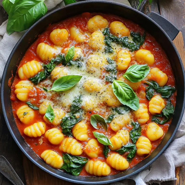 - 1 pound potato gnocchi - 2 tablespoons olive oil - 3 cloves garlic, minced - 1 can (14 oz) crushed tomatoes - 4 cups vegetable broth - 2 cups fresh spinach, roughly chopped - 1 teaspoon dried oregano - 1 teaspoon dried basil - Salt and pepper to taste - 1/2 cup grated Parmesan cheese (optional) - Fresh basil leaves for garnish - Potato Gnocchi: This is the star of the dish. It’s soft, pillowy pasta made from potatoes. It cooks quickly and adds a lovely texture. - Olive Oil: Use this to sauté garlic. It gives flavor and helps the dish not stick. - Garlic: Fresh garlic adds a wonderful aroma. It enhances the taste of the sauce. - Crushed Tomatoes: These form the base of the sauce. They add richness and a nice acidity. - Vegetable Broth: This adds depth and flavor. It helps cook the gnocchi and keeps everything moist. - Spinach: Fresh spinach adds color and nutrients. It wilts quickly, making it perfect for this dish. - Dried Oregano and Basil: These herbs add classic Italian flavor. They make the dish taste bright and fresh. - Parmesan Cheese: This gives a creamy finish. It adds a savory, nutty flavor, but it's optional. - Gnocchi: You can use fresh gnocchi if you want. It may cook faster, so watch it closely. - Olive Oil: Any cooking oil works, like canola or avocado oil. - Crushed Tomatoes: You can use tomato sauce or diced tomatoes if you prefer. - Vegetable Broth: Chicken broth works too if you’re not vegetarian. - Spinach: Kale or Swiss chard can be used instead of spinach. Just chop them smaller. - Parmesan Cheese: Nutritional yeast is a great vegan option for a cheesy flavor. Gather your ingredients first. This makes cooking smooth and easy. You will need: - 1 pound potato gnocchi - 2 tablespoons olive oil - 3 cloves garlic, minced - 1 can (14 oz) crushed tomatoes - 4 cups vegetable broth - 2 cups fresh spinach, roughly chopped - 1 teaspoon dried oregano - 1 teaspoon dried basil - Salt and pepper to taste - 1/2 cup grated Parmesan cheese (optional) - Fresh basil leaves for garnish 1. Start by heating olive oil in a large pot over medium heat. 2. Once the oil is hot, add the minced garlic. Sauté for about 1 minute until it smells nice. Don’t let it brown. 3. Next, pour in the crushed tomatoes and mix them with the garlic. 4. Add the vegetable broth and bring everything to a simmer. 5. When it simmers, toss in the potato gnocchi, oregano, and basil. Stir well so the gnocchi is covered in broth. 6. Cook for 5-7 minutes. Stir occasionally, and watch for the gnocchi to float. This means they are done. 7. Add the chopped spinach and let it wilt for about 2 minutes. Taste and add salt and pepper as needed. 8. If you like, sprinkle the grated Parmesan cheese on top. Stir until it melts. 9. Serve the dish warm. Garnish with fresh basil leaves for a pretty finish. To make sure your gnocchi turns out great, follow these tips: - Use a large pot. This gives the gnocchi space to move. - Don’t overcook the gnocchi. It should be soft but not mushy. - Stir gently. This helps keep the gnocchi intact. - Add spinach at the end. This keeps it bright and fresh. - Adjust the seasoning. Taste as you go to find the right balance. Enjoy your cooking! To boost flavor, use fresh garlic instead of jarred. Fresh herbs add depth, too. Try adding a splash of balsamic vinegar for a sweet tang. For heat, sprinkle in red pepper flakes. A squeeze of lemon juice brightens the dish at the end. You can also swap some vegetable broth for white wine to add a rich taste. Don't skip sautéing the garlic. It builds a nice base for flavor. Avoid cooking the gnocchi too long; they can become mushy. If you add spinach too early, it may lose its bright color. Always taste and adjust seasoning, especially salt and pepper. Lastly, remember to serve hot for the best taste. Serve this dish in shallow bowls for a great look. Garnish with fresh basil leaves for color and flavor. Pair it with crusty bread to soak up the sauce. For a complete meal, add a side salad with a light vinaigrette. Enjoy with a glass of white wine for a lovely touch. {{image_2}} You can boost the nutrition of this dish with simple add-ins. Here are a few ideas: - Chopped kale: This green adds fiber and vitamins. Just stir it in with the spinach. - Mushrooms: Sauté sliced mushrooms with garlic for a savory twist. - Zucchini: Add diced zucchini for extra texture and vitamins. It cooks quickly, so toss it in when you add the gnocchi. - Bell peppers: They add sweetness and color. Slice them thin and add them early in the cooking process. These add-ins not only make the dish healthier but also more colorful and fun! While the tomato base is delicious, you can try different sauces: - Pesto: Stir in a few tablespoons for a fresh herbal flavor. Add it after cooking to keep its bright taste. - Cream: For a rich twist, add heavy cream after the gnocchi is cooked. It makes the sauce creamy and smooth. - Alfredo: Swap the tomatoes for Alfredo sauce for a comforting change. Just heat it with the broth before adding the gnocchi. Feel free to mix and match flavors. Experimenting can lead to new favorites! If you want a vegan or gluten-free version, it’s easy to adapt: - Vegan gnocchi: Look for brands made without eggs. Many are available at grocery stores. - Nutritional yeast: Use this instead of Parmesan for a cheesy flavor without dairy. - Gluten-free broth: Ensure your vegetable broth is labeled gluten-free. This helps keep the dish safe for those with gluten sensitivities. With these options, anyone can enjoy this tasty dish! To keep your One Pot Tomato Gnocchi Spinach fresh, let it cool first. Place the leftovers in an airtight container. You can store it in the fridge for up to three days. This dish tastes great even after a day or two. Make sure to seal the container tightly to avoid drying out. When you're ready to enjoy your leftovers, reheat them on the stove. Add a splash of water or broth to prevent sticking. Heat over medium heat until warm, stirring often. You can also use a microwave. Place your portion in a microwave-safe bowl. Cover it with a damp paper towel and heat in 30-second increments until hot. You can freeze this dish for later meals. To do this, let it cool completely. Portion it into freezer-safe bags or containers. Squeeze out as much air as possible. Label the bags with the date. It will stay good in the freezer for up to three months. When you're ready to eat, thaw it overnight in the fridge and reheat as described above. Yes, you can use fresh gnocchi. Fresh gnocchi cooks faster than packaged ones. You should reduce the cooking time to about 3-5 minutes. Keep an eye on them. When they float, they are ready. Fresh gnocchi adds a nice texture and taste. To spice it up, add red pepper flakes. Start with half a teaspoon. You can always add more later if you like it hotter. Another option is to include sliced jalapeños or a dash of hot sauce. Mix them in when you add the tomatoes for the best flavor. This dish pairs well with a simple green salad. A garlic bread side also works great. You can serve it with a nice glass of white wine for a nice touch. For extra protein, add grilled chicken or shrimp on top. This article covered how to make and enjoy One Pot Tomato Gnocchi Spinach. We explored the full ingredient list and substitutions for your needs. I detailed simple steps to prepare the dish and shared tips for perfect gnocchi. You learned ways to boost the flavor and avoid common errors. Plus, we discussed variations for vegan and gluten-free diets. Now, you can store, reheat, and enjoy it later. Remember, cooking is fun. Enjoy your gnocchi adventures!