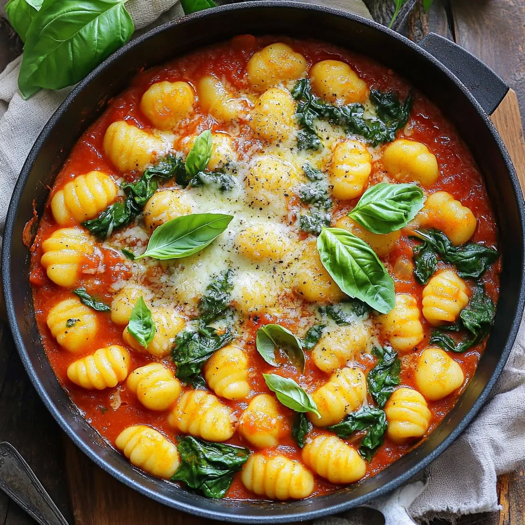 - 1 pound potato gnocchi - 2 tablespoons olive oil - 3 cloves garlic, minced - 1 can (14 oz) crushed tomatoes - 4 cups vegetable broth - 2 cups fresh spinach, roughly chopped - 1 teaspoon dried oregano - 1 teaspoon dried basil - Salt and pepper to taste - 1/2 cup grated Parmesan cheese (optional) - Fresh basil leaves for garnish - Potato Gnocchi: This is the star of the dish. It’s soft, pillowy pasta made from potatoes. It cooks quickly and adds a lovely texture. - Olive Oil: Use this to sauté garlic. It gives flavor and helps the dish not stick. - Garlic: Fresh garlic adds a wonderful aroma. It enhances the taste of the sauce. - Crushed Tomatoes: These form the base of the sauce. They add richness and a nice acidity. - Vegetable Broth: This adds depth and flavor. It helps cook the gnocchi and keeps everything moist. - Spinach: Fresh spinach adds color and nutrients. It wilts quickly, making it perfect for this dish. - Dried Oregano and Basil: These herbs add classic Italian flavor. They make the dish taste bright and fresh. - Parmesan Cheese: This gives a creamy finish. It adds a savory, nutty flavor, but it's optional. - Gnocchi: You can use fresh gnocchi if you want. It may cook faster, so watch it closely. - Olive Oil: Any cooking oil works, like canola or avocado oil. - Crushed Tomatoes: You can use tomato sauce or diced tomatoes if you prefer. - Vegetable Broth: Chicken broth works too if you’re not vegetarian. - Spinach: Kale or Swiss chard can be used instead of spinach. Just chop them smaller. - Parmesan Cheese: Nutritional yeast is a great vegan option for a cheesy flavor. Gather your ingredients first. This makes cooking smooth and easy. You will need: - 1 pound potato gnocchi - 2 tablespoons olive oil - 3 cloves garlic, minced - 1 can (14 oz) crushed tomatoes - 4 cups vegetable broth - 2 cups fresh spinach, roughly chopped - 1 teaspoon dried oregano - 1 teaspoon dried basil - Salt and pepper to taste - 1/2 cup grated Parmesan cheese (optional) - Fresh basil leaves for garnish 1. Start by heating olive oil in a large pot over medium heat. 2. Once the oil is hot, add the minced garlic. Sauté for about 1 minute until it smells nice. Don’t let it brown. 3. Next, pour in the crushed tomatoes and mix them with the garlic. 4. Add the vegetable broth and bring everything to a simmer. 5. When it simmers, toss in the potato gnocchi, oregano, and basil. Stir well so the gnocchi is covered in broth. 6. Cook for 5-7 minutes. Stir occasionally, and watch for the gnocchi to float. This means they are done. 7. Add the chopped spinach and let it wilt for about 2 minutes. Taste and add salt and pepper as needed. 8. If you like, sprinkle the grated Parmesan cheese on top. Stir until it melts. 9. Serve the dish warm. Garnish with fresh basil leaves for a pretty finish. To make sure your gnocchi turns out great, follow these tips: - Use a large pot. This gives the gnocchi space to move. - Don’t overcook the gnocchi. It should be soft but not mushy. - Stir gently. This helps keep the gnocchi intact. - Add spinach at the end. This keeps it bright and fresh. - Adjust the seasoning. Taste as you go to find the right balance. Enjoy your cooking! To boost flavor, use fresh garlic instead of jarred. Fresh herbs add depth, too. Try adding a splash of balsamic vinegar for a sweet tang. For heat, sprinkle in red pepper flakes. A squeeze of lemon juice brightens the dish at the end. You can also swap some vegetable broth for white wine to add a rich taste. Don't skip sautéing the garlic. It builds a nice base for flavor. Avoid cooking the gnocchi too long; they can become mushy. If you add spinach too early, it may lose its bright color. Always taste and adjust seasoning, especially salt and pepper. Lastly, remember to serve hot for the best taste. Serve this dish in shallow bowls for a great look. Garnish with fresh basil leaves for color and flavor. Pair it with crusty bread to soak up the sauce. For a complete meal, add a side salad with a light vinaigrette. Enjoy with a glass of white wine for a lovely touch. {{image_2}} You can boost the nutrition of this dish with simple add-ins. Here are a few ideas: - Chopped kale: This green adds fiber and vitamins. Just stir it in with the spinach. - Mushrooms: Sauté sliced mushrooms with garlic for a savory twist. - Zucchini: Add diced zucchini for extra texture and vitamins. It cooks quickly, so toss it in when you add the gnocchi. - Bell peppers: They add sweetness and color. Slice them thin and add them early in the cooking process. These add-ins not only make the dish healthier but also more colorful and fun! While the tomato base is delicious, you can try different sauces: - Pesto: Stir in a few tablespoons for a fresh herbal flavor. Add it after cooking to keep its bright taste. - Cream: For a rich twist, add heavy cream after the gnocchi is cooked. It makes the sauce creamy and smooth. - Alfredo: Swap the tomatoes for Alfredo sauce for a comforting change. Just heat it with the broth before adding the gnocchi. Feel free to mix and match flavors. Experimenting can lead to new favorites! If you want a vegan or gluten-free version, it’s easy to adapt: - Vegan gnocchi: Look for brands made without eggs. Many are available at grocery stores. - Nutritional yeast: Use this instead of Parmesan for a cheesy flavor without dairy. - Gluten-free broth: Ensure your vegetable broth is labeled gluten-free. This helps keep the dish safe for those with gluten sensitivities. With these options, anyone can enjoy this tasty dish! To keep your One Pot Tomato Gnocchi Spinach fresh, let it cool first. Place the leftovers in an airtight container. You can store it in the fridge for up to three days. This dish tastes great even after a day or two. Make sure to seal the container tightly to avoid drying out. When you're ready to enjoy your leftovers, reheat them on the stove. Add a splash of water or broth to prevent sticking. Heat over medium heat until warm, stirring often. You can also use a microwave. Place your portion in a microwave-safe bowl. Cover it with a damp paper towel and heat in 30-second increments until hot. You can freeze this dish for later meals. To do this, let it cool completely. Portion it into freezer-safe bags or containers. Squeeze out as much air as possible. Label the bags with the date. It will stay good in the freezer for up to three months. When you're ready to eat, thaw it overnight in the fridge and reheat as described above. Yes, you can use fresh gnocchi. Fresh gnocchi cooks faster than packaged ones. You should reduce the cooking time to about 3-5 minutes. Keep an eye on them. When they float, they are ready. Fresh gnocchi adds a nice texture and taste. To spice it up, add red pepper flakes. Start with half a teaspoon. You can always add more later if you like it hotter. Another option is to include sliced jalapeños or a dash of hot sauce. Mix them in when you add the tomatoes for the best flavor. This dish pairs well with a simple green salad. A garlic bread side also works great. You can serve it with a nice glass of white wine for a nice touch. For extra protein, add grilled chicken or shrimp on top. This article covered how to make and enjoy One Pot Tomato Gnocchi Spinach. We explored the full ingredient list and substitutions for your needs. I detailed simple steps to prepare the dish and shared tips for perfect gnocchi. You learned ways to boost the flavor and avoid common errors. Plus, we discussed variations for vegan and gluten-free diets. Now, you can store, reheat, and enjoy it later. Remember, cooking is fun. Enjoy your gnocchi adventures!