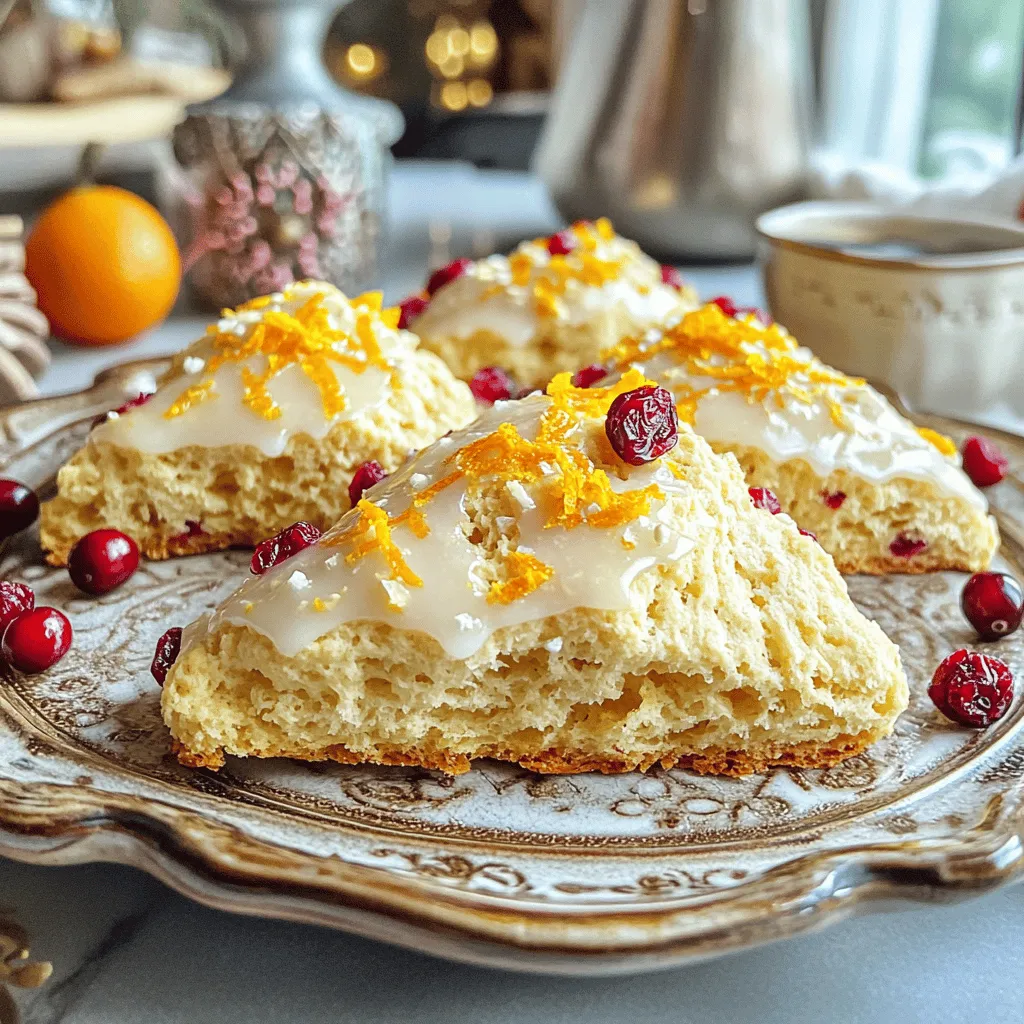 To make Bakery Style Cranberry Orange Scones, you need a few key items. Here’s a simple list: - 2 cups all-purpose flour - 1/3 cup granulated sugar - 1 tablespoon baking powder - 1/2 teaspoon baking soda - 1/2 teaspoon salt - 1/4 cup unsalted butter, cold and diced - 1/2 cup dried cranberries - Zest of 1 orange - 1/2 cup buttermilk - 1 large egg - 1 teaspoon vanilla extract - 1/4 cup orange juice - 1/4 cup powdered sugar (for glaze) - 1 tablespoon orange juice (for glaze) Each ingredient plays a role. The flour forms the base. Sugar adds sweetness. Baking powder and soda help the scones rise. Salt enhances flavor. Cold butter makes them flaky. Dried cranberries provide a tart bite. Orange zest gives a bright aroma. Buttermilk adds moisture. The egg binds everything. Vanilla extract brings warmth. The orange juice intensifies the flavor. Finally, the glaze adds a sweet finish. Gather these ingredients before you start. It makes the cooking process smoother and more fun! Enjoy the process of making these delightful scones. 1. Preheat your oven to 425°F (220°C) and line a baking sheet with parchment paper. This helps the scones bake evenly. 2. In a large bowl, combine the following dry ingredients: - 2 cups all-purpose flour - 1/3 cup granulated sugar - 1 tablespoon baking powder - 1/2 teaspoon baking soda - 1/2 teaspoon salt 3. Add 1/4 cup of cold, diced butter to the bowl. Use your fingers or a pastry cutter to mix the butter with the flour until it looks like coarse crumbs. 4. Stir in 1/2 cup of dried cranberries and the zest of 1 orange into the dry mix. This adds flavor and color to your scones. 5. In a separate bowl, whisk together: - 1/2 cup buttermilk - 1 large egg - 1 teaspoon vanilla extract - 1/4 cup orange juice This mixture gives moisture and richness to the scones. 6. Pour the wet mixture into the dry ingredients. Gently mix until just combined. Be careful! Overmixing makes the scones tough. 7. Turn the dough onto a floured surface. Knead it gently a few times until it comes together. Pat the dough into a circle about 1 inch thick. 8. Cut the dough into 8 wedges. Place them on the prepared baking sheet, leaving space between each scone. 9. Bake for 15-18 minutes or until the edges are golden brown. The warm smell will fill your kitchen! To make great scones, start with cold butter. When butter is cold, it creates nice pockets of air. This gives your scones a light and flaky texture. Cut the butter into small pieces and mix it quickly with the flour. Avoid overmixing the dough. Overmixing can make your scones tough. Mix until you see no dry flour. The dough should feel a bit sticky when you finish mixing. Use fresh orange zest for the best flavor. It adds a bright, citrusy taste that makes the scones pop. Grate the zest from the orange before you juice it. You can also add spices for extra warmth. A pinch of cinnamon or nutmeg can enhance the scone's taste. Experiment with these spices for a fun twist on the classic recipe. Serve the scones warm on a nice platter. A ceramic platter adds charm to your table. You can garnish with extra orange zest and a few cranberries for color. Pair your scones with a cup of tea or coffee. This makes for a delightful treat at breakfast or snack time. Don't forget to drizzle the glaze for a sweet touch! {{image_2}} If you need gluten-free scones, try using a gluten-free flour blend. Many brands offer blends that work well. You can often substitute one cup of gluten-free flour for one cup of all-purpose flour. Just make sure it has xanthan gum in it for structure. You can also use fresh cranberries instead of dried ones. Fresh cranberries give a tart flavor. They may require a bit more sugar, so adjust your sugar to taste. Other fruits like blueberries or raspberries also taste great in these scones. Adding nuts can change the texture and taste of your scones. Chopped walnuts or pecans add a nice crunch. You might also like to add chocolate chips for a sweet touch. Dark or white chocolate works well with the orange flavor. You can also switch up the citrus. Try using lemon or lime zest instead of orange. Each brings a different brightness. They can add a refreshing twist to your scones. If you want to try a different glaze, consider using a lemon glaze. Mix powdered sugar with fresh lemon juice for a zesty finish. This pairs nicely with the cranberry flavor. Adding flavor extracts can enhance your glaze. A splash of almond or vanilla extract can add depth. You can also mix in some orange zest for extra flavor. Experiment with these ideas to find your favorite! To keep your scones fresh, store them in an airtight container. This helps maintain their moisture and flavor. If you want them to last longer, refrigerate them. However, scones taste best at room temperature. Let them cool completely before storing. If you have extra scones, you can wrap them in plastic wrap. To reheat scones, you can use an oven or a microwave. The oven gives the best results. Preheat it to 350°F (175°C). Place the scones on a baking sheet for about 5-10 minutes. This keeps them flaky and warm. If you use a microwave, heat them for just 10-15 seconds. Be careful, as too much time can make them tough. You can freeze scones before or after baking. For freezing before baking, shape the dough, then wrap each wedge in plastic. Place them in a freezer bag. When you're ready to bake, you can bake them straight from the freezer. For freezing after baking, let them cool. Then, wrap them tightly in plastic wrap and place them in a freezer bag. To thaw, leave them in the fridge overnight, then reheat as needed. To keep your scones moist, focus on these tips: - Use cold butter. Cold butter creates a flaky texture. - Don’t overmix the dough. Mix just until combined. - Add buttermilk. The acidity helps create moisture. - Bake quickly. Bake at a high temperature for a short time. These steps help ensure your scones stay soft and tender. Yes, you can prep the dough ahead. Here’s how: - Mix the dry ingredients first. - Cut in the cold butter and add cranberries and zest. - Wrap the dough tightly in plastic wrap. - Store it in the fridge for up to 24 hours. When ready to bake, just roll it out and cut into wedges. Pair your scones with these delicious options: - A cup of herbal tea or coffee enhances the flavors. - Serve with clotted cream for a rich touch. - Add fresh fruit like orange slices or berries for color. These sides elevate your scone experience and add freshness. This article covered all you need to make tasty cranberry orange scones. We discussed the key ingredients, detailed steps, and helpful tips for success. Remember, cold butter matters for texture. You can mix up flavors with nuts or citrus too. Follow my storage advice to keep them fresh longer. Enjoy your baking and share these delicious scones with friends or family. You now have all the tools to create a delightful treat!