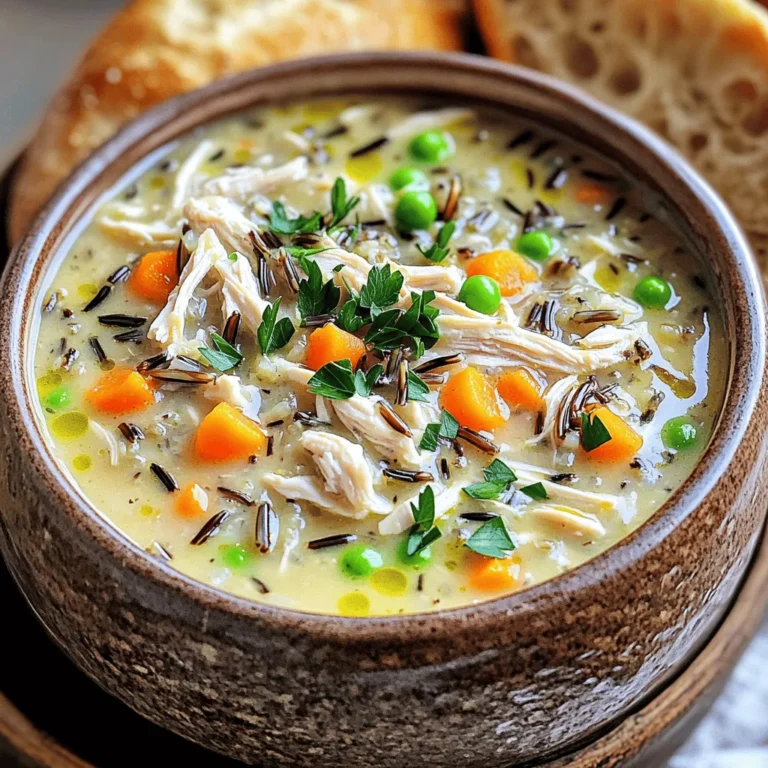 This soup is rich in flavor and easy to make. Here’s what you need: - 1 pound boneless, skinless chicken breasts - 1 cup wild rice, rinsed - 1 medium onion, diced - 2 carrots, diced - 2 celery stalks, diced - 3 cloves garlic, minced - 6 cups chicken broth - 1 teaspoon dried thyme - 1 teaspoon dried rosemary - 1 bay leaf - 1 cup heavy cream - 1 cup frozen peas - Salt and pepper to taste - Fresh parsley for garnish Each ingredient plays a role. The chicken gives protein and heartiness. Wild rice adds texture and a nutty taste. The onion, carrots, celery, and garlic bring essential flavors. The broth serves as a base, making the soup warm and comforting. Dried thyme and rosemary add a lovely herb taste. The bay leaf enhances the overall flavor. Cream makes it rich and smooth, while peas add color and sweetness. Don’t skip the salt and pepper. They help balance all the flavors. Fresh parsley is the finishing touch, giving your soup a pop of color. With these ingredients, you set the stage for a delicious meal. Each component works together to create a cozy, satisfying dish. Enjoy cooking! Layering the Chicken and Vegetables Start by placing the chicken breasts at the bottom of your slow cooker. This helps the chicken stay moist. Next, add the rinsed wild rice on top of the chicken. Then, layer in the diced onion, carrots, celery, and minced garlic. This mix brings great flavor and color to the dish. Adding Broth and Seasonings Now, pour in the chicken broth. This adds depth to the soup. Sprinkle in the dried thyme and rosemary. Don’t forget the bay leaf! Add salt and pepper to taste. Give everything a gentle stir to mix the ingredients. Cooking Times and Temperatures Cover the slow cooker. Cook on low for 6 to 7 hours or on high for 3 to 4 hours. The chicken should be cooked through, and the rice should be tender. This slow cooking allows all the flavors to meld perfectly. Removing and Shredding Chicken Once cooking is done, take the chicken breasts out of the slow cooker. Use two forks to shred the chicken into bite-sized pieces. This adds texture to the soup. Incorporating Cream and Peas Return the shredded chicken to the slow cooker. Stir in the heavy cream and frozen peas. This makes the soup rich and creamy. Cook for an additional 15 to 20 minutes on low until everything is heated through. Adjusting Seasoning Taste the soup before serving. Adjust the seasoning with more salt and pepper if needed. This step is key to enhancing the flavors. Remember to discard the bay leaf before serving. Enjoy your hearty soup! Infusing Additional Herbs To boost flavor, add fresh herbs near the end of cooking. Try parsley, dill, or thyme. They add bright notes that make the soup taste fresh. You can also use herb blends like Italian seasoning for a twist. Just remember to add these herbs towards the last hour of cooking. Using Homemade Broth vs. Store-Bought Homemade broth gives a richer taste. If you have time, make it with leftover bones and vegetables. Simmer it for hours to extract deep flavors. If you're short on time, store-bought broth works too. Choose low-sodium broth to control salt levels. This choice lets you adjust flavor to your liking. Best Practices for Slow Cooking Layering is key in slow cooking. Start with chicken at the bottom for even cooking. Add vegetables next to keep them tender. Pour broth on top to prevent dryness. This method helps all parts cook evenly and absorb flavors well. How to Achieve the Perfect Soup Consistency For a creamy soup, add heavy cream at the end. Stir it in gently after shredding the chicken. If you want a thicker soup, mix in a little cornstarch with water before adding it. This will help thicken the soup without clumping. Always taste and adjust seasoning before serving to ensure a balanced flavor. {{image_2}} Adding Other Vegetables You can mix in other veggies to boost flavor. Try adding chopped spinach or kale for a green touch. Mushrooms add earthiness and richness to the soup. Zucchini or bell peppers can bring a fresh crunch. Just remember to keep the veggie sizes similar for even cooking. Using Different Proteins If you want to switch up the protein, use turkey or shredded rotisserie chicken. For a meat-free option, try chickpeas or lentils. They offer a good source of protein while being plant-based. Adjust the cooking time if using different meats to ensure everything cooks well. Making it Dairy-Free To make this soup dairy-free, replace heavy cream with coconut milk or almond milk. These options keep the soup creamy while being lighter. You can also use a thick cashew cream for a richer taste. Just blend soaked cashews with water until smooth, then add it in. Gluten-Free Options Wild rice is naturally gluten-free, so you’re in luck! If you want to use a different grain, consider quinoa or brown rice. Just adjust the cooking time. Always check labels on broth and other ingredients to ensure they are gluten-free. This way, everyone can enjoy the soup without worry. To keep your soup fresh, cool it to room temperature first. Use airtight containers. This way, you can keep it safe from air and moisture. In the fridge, it lasts about three to four days. For longer storage, freeze the soup. It can stay good for up to three months in the freezer. Just label it with the date, so you know when you made it. When you want to enjoy leftovers, reheat gently on the stove. This helps maintain the soup's rich flavor. Stir it often to avoid hot spots. You can add a splash of broth or water if it gets too thick. If using a microwave, heat in short bursts. Stir in between to ensure even heating. Avoid boiling, as it can change the texture. Yes, you can use brown rice. However, the cooking time will change. Brown rice takes longer to cook than wild rice. You should cook the soup for an extra hour. This will ensure the rice is soft and fully cooked. Also, brown rice may not give the same taste as wild rice. Wild rice has a nutty flavor that brown rice lacks. Absolutely! This soup is great for meal prep. You can make a big batch and store it. It keeps well in the fridge for up to four days. When storing, use airtight containers to keep it fresh. You can also freeze it for up to three months. For reheating, just warm it on the stove. Add a splash of broth if it seems too thick. This will help bring it back to its creamy texture. This soup pairs well with many sides. Here are some tasty options: - Crusty bread or rolls - Green salad with a light dressing - Garlic bread for extra flavor - A cheese platter for a fun touch These sides will complement the soup nicely and make your meal even more enjoyable. This blog post shared a detailed guide on making Chicken Wild Rice Soup. We covered key ingredients, steps for the slow cooker, and tips for enhancing flavor. You learned how to store leftovers and reheat them properly. Explore variations and swaps to match your taste or dietary needs. Cooking this soup means comfort and warmth in each bowl. Enjoy your creamy creation and share it with loved ones! The joy of cooking brings everyone together.