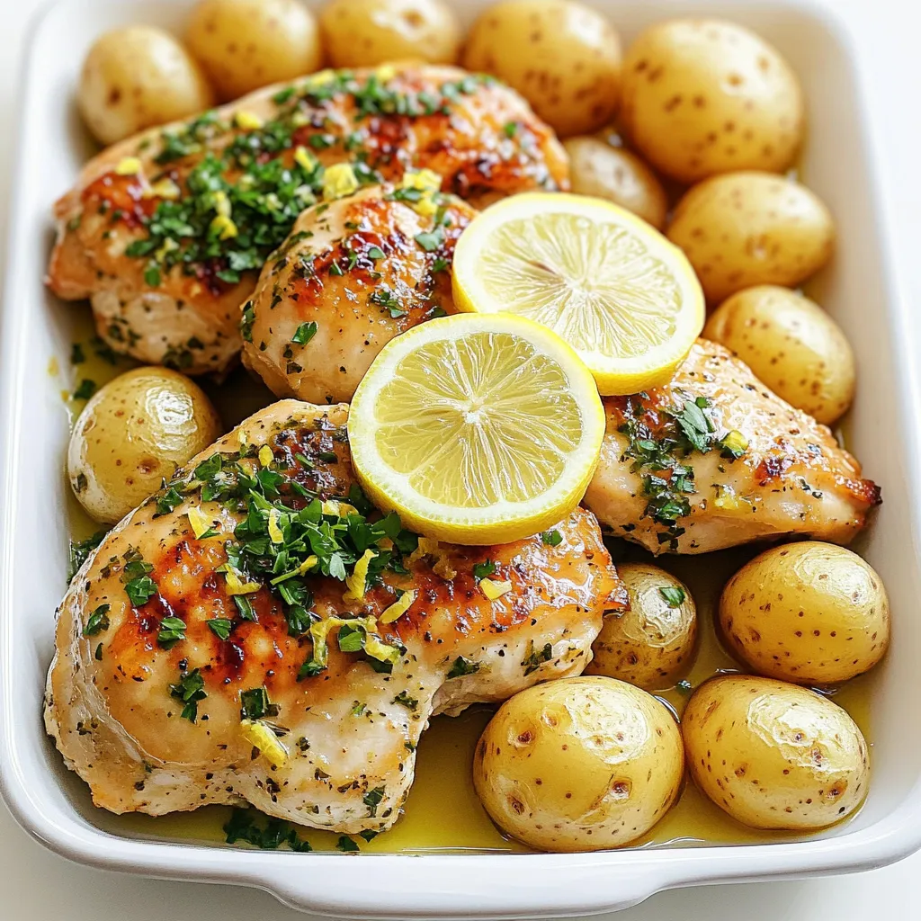 - 4 boneless, skinless chicken breasts - 1 lb baby potatoes, halved - 3 tablespoons olive oil Lemon herb chicken starts with fresh, quality ingredients. Chicken breasts provide a lean protein base. Baby potatoes add heartiness and texture. Olive oil brings moisture and flavor to the dish. - 4 cloves garlic, minced - 1 tablespoon fresh rosemary, chopped - 1 tablespoon fresh thyme, chopped - Juice and zest of 2 lemons Fresh herbs elevate the dish. Garlic adds a strong flavor. Rosemary and thyme bring earthiness. Lemon juice and zest add brightness, making each bite fresh and lively. - 1 teaspoon paprika - Salt and pepper to taste Paprika offers a subtle smokiness. Salt and pepper enhance all the other flavors. Together, these ingredients create a delicious balance in the dish. Each element works together to ensure the chicken and potatoes shine. First, preheat your oven to 400°F (200°C). This step is key for even cooking. Next, grab a large mixing bowl. In this bowl, combine three tablespoons of olive oil, the juice of one lemon, and the zest of the same lemon. Add four minced garlic cloves, one tablespoon of chopped fresh rosemary, one tablespoon of chopped fresh thyme, one teaspoon of paprika, and salt and pepper to taste. Whisk all these ingredients until they blend well. Now, take your four boneless, skinless chicken breasts and add them to the bowl. Make sure to coat them fully with the marinade. Let them sit for at least 15 minutes. This helps the chicken soak up all the great flavors. While the chicken marinates, prepare your sheet pan. Take one pound of halved baby potatoes. Spread them out on the pan. Drizzle a little olive oil over the potatoes. Then, sprinkle them with salt, pepper, and half of the leftover herb mix. Toss the potatoes so they get coated evenly. Make a space in the center of the pan for the chicken. Place the marinated chicken breasts there. Pour the rest of the marinade over the chicken. Finally, lay lemon slices on top of the chicken for extra flavor. Put the sheet pan in the preheated oven. Bake for 25-30 minutes. To check if your meal is ready, cut into the chicken. It should be white and the juices should run clear. The potatoes should also be tender and golden brown. After baking, take the pan out of the oven. Let it rest for a few minutes before serving. This waiting time allows the juices to settle. Garnish with fresh parsley for a nice touch before you dig in! For the best flavor, I recommend marinating chicken for at least 15 minutes. This short time gives the chicken a good soak in the tasty mix. If you have more time, let it sit for up to 2 hours in the fridge. This longer soak lets the flavors spread even more. To ensure an even flavor, make sure to coat each chicken breast well. Use your hands or a spoon to mix them gently in the marinade. You can also poke some small holes in the chicken. This helps the marinade seep in better. For crispy potatoes, cut them into halves or quarters. Aim for pieces about the same size, around 1 to 2 inches. This way, they cook evenly and turn golden brown. Drizzle olive oil on the potatoes before seasoning them. Use enough to coat them well but not drown them. Sprinkle salt and pepper, then toss them to spread the seasoning. You can also add some of the leftover herb mix for extra flavor. Pair this dish with a fresh green salad or some steamed veggies. The bright flavors of lemon and herbs will complement them well. You can also serve it with crusty bread to soak up the juices. For presentation, garnish the chicken and potatoes with fresh parsley. This bright green adds color and makes the dish look more appealing. You can also add lemon slices on the side for a nice touch. {{image_2}} You can use different cuts of chicken for this dish. Thighs add juicy flavor. Drumsticks offer a fun way to eat. Each cut cooks a bit differently, so check for doneness. Substituting with other meats works well, too. Try pork tenderloin or turkey. Just adjust cooking times based on the meat you choose. Adding colorful bell peppers or carrots brightens the dish. They add crunch and flavor. Chop them into bite-sized pieces for even cooking. Adjust cooking times if you add veggies. Bell peppers cook faster than potatoes. Add them halfway through baking to avoid mushiness. Trying different herbs or spices can change this recipe. Basil or oregano can offer a fresh twist. Experiment with what you love best. You can also add heat with chili flakes or hot sauce. This gives the dish a nice kick. Just start with a little, then taste and adjust. To keep your Lemon Herb Chicken and Potatoes fresh, follow these tips: - Refrigeration: Store leftovers in the fridge within two hours of cooking. - Containers: Use airtight containers to prevent moisture loss and spoilage. Glass or BPA-free plastic works well. When it’s time to enjoy your leftovers, reheating them properly is key: - Methods: Use the oven, stovetop, or microwave. The oven or stovetop will keep the chicken and potatoes crispy. - Texture and Flavor: Add a splash of olive oil or broth when reheating to keep them moist. You can freeze your dish for later enjoyment: - Cooked Dish vs. Components: Freeze the chicken and potatoes separately for best results. This helps preserve texture. - Thawing and Reheating: Thaw overnight in the fridge. Reheat in the oven at 350°F (175°C) until heated through. This keeps flavors fresh. Yes, you can use frozen chicken and potatoes. Cooking from frozen is simple. Just remember to adjust the cooking time. For frozen chicken breasts, increase the bake time by 10 to 15 minutes. Check that the chicken reaches 165°F (75°C). For frozen potatoes, they may need extra time to become tender. You can prep this dish ahead of time. Marinate the chicken and store it in the fridge for up to 24 hours. You can also chop the potatoes and mix them with oil and herbs. Store them in an airtight container. When ready, just assemble and bake. This makes weeknight dinners quick and easy. The best way to check if chicken is done is to use a meat thermometer. Insert it into the thickest part. The chicken must reach 165°F (75°C). If you don’t have a thermometer, look for clear juices when you cut the chicken. The meat should not be pink. This lemon herb chicken is simple, delicious, and perfect for any meal. We covered the key ingredients, from chicken breasts to fresh herbs. You learned how to marinate and cook the dish step-by-step, ensuring tasty results. We shared tips for crispy potatoes and ways to customize flavors. In the end, this recipe is versatile and easy to follow. It suits any home cook, enhancing your meals with fresh ingredients. Enjoy this meal, and don't hesitate to experiment with your favorite flavors!