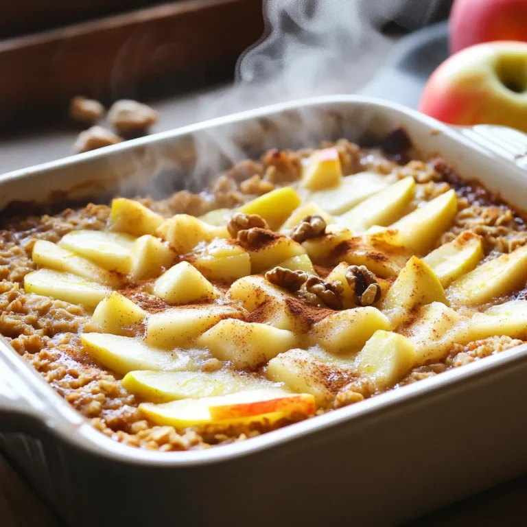 To make your Cinnamon Apple Baked Oatmeal, you will need: - 2 cups rolled oats - 1 ½ cups almond milk (or any milk of choice) - 2 large apples, peeled, cored, and diced - 1/4 cup maple syrup (or honey) - 1 teaspoon vanilla extract - 2 teaspoons ground cinnamon - 1 teaspoon baking powder - 1/4 teaspoon salt These ingredients come together to create a warm, cozy dish. Rolled oats form the base and give it a hearty texture. Apples add natural sweetness and a juicy bite. Almond milk keeps it creamy, while maple syrup or honey adds an extra layer of flavor. You can also enhance your baked oatmeal with these optional ingredients: - 1/2 cup walnuts, chopped - 1/4 cup raisins or dried cranberries - Fresh apple slices for garnish Adding walnuts gives a nice crunch and extra nutrients. Raisins or cranberries bring a burst of sweetness. Garnishing with fresh apple slices makes the dish look pretty and fresh. Feel free to mix and match these optional ingredients to suit your taste! 1. Preheat oven and prep baking dish: Set your oven to 350°F (175°C). Take a 9x9 inch baking dish and lightly grease it. This helps the oatmeal not stick. 2. Combine dry ingredients in a mixing bowl: In a large bowl, mix together 2 cups of rolled oats, 2 teaspoons of ground cinnamon, 1 teaspoon of baking powder, and 1/4 teaspoon of salt. This step builds the base of your baked oatmeal. 1. Whisk together wet ingredients: In another bowl, whisk 1 ½ cups of almond milk, 1/4 cup of maple syrup, and 1 teaspoon of vanilla extract. Make sure everything blends well. 2. Combine wet and dry mixtures: Pour the wet mix into the bowl with the dry mix. Stir until everything is fully combined. You want a nice, even mixture. 1. Fold in additional ingredients: Gently fold in 2 diced apples. If you like, add 1/2 cup of chopped walnuts and 1/4 cup of raisins or dried cranberries. These add a nice touch. 2. Transfer to baking dish and bake: Pour your mixture into the prepared baking dish. Spread it out evenly. Bake for 30-35 minutes, or until the top is golden and set. 3. Cooling and serving suggestions: Once done, take it out and let it cool for a few minutes. Slice into squares and serve warm. Top with fresh apple slices and a sprinkle of cinnamon for extra flavor. Enjoy your warm bowl of goodness! To get the best oatmeal texture, you want it to be moist but not runny. Use rolled oats for a hearty bite. If you want a creamier dish, add a bit more almond milk. Start with 1 ½ cups, then adjust if needed. Let the mixture sit for a few minutes before baking. This helps oats absorb the liquid well. When picking apples, choose tart ones like Granny Smith. They add a bright flavor that balances the sweetness of maple syrup. You can mix different apples for added taste. Just make sure to peel and core them first. Diced apples should be about the same size for even cooking. Cinnamon apple baked oatmeal is perfect for breakfast but also great as a snack. Pair it with yogurt for a protein boost. Drizzle extra maple syrup on top for a sweet touch. You can also serve it with a scoop of ice cream for a fun dessert. To keep your oatmeal warm, cover it with foil after baking. This keeps it cozy until serving. If you have leftovers, reheat in the oven or microwave. Just add a splash of milk to keep it moist. Enjoy each bite of this delightful dish! {{image_2}} You can easily make this baked oatmeal gluten-free. Use gluten-free rolled oats instead of regular oats. They will give you the same great texture without the gluten. For a vegan option, swap almond milk for any plant-based milk. Maple syrup is already vegan, so you can keep that. Just skip the honey if you use it. This keeps the dish tasty and friendly for everyone. To change the flavor, add a dash of nutmeg or ginger. These spices give a nice warmth that pairs well with apples. Just a little sprinkle can really enhance the dish. You can also switch up the fruits based on the season. In spring, try berries. In fall, add pears or even pumpkin. Each season brings a new way to enjoy this dish. To keep your baked oatmeal fresh, store it in an airtight container. Place it in the fridge for up to five days. This way, you can enjoy it again without losing taste. If you want to store it for longer, freezing works well. Cut the oatmeal into squares and wrap each piece in plastic wrap. Then, place the wrapped squares in a freezer-safe bag. You can freeze it for up to three months. When you're ready to eat your leftovers, reheat them in the microwave. Place a square on a plate and cover it with a damp paper towel. Heat it for about one minute. For the oven, preheat it to 350°F (175°C). Place the oatmeal in an oven-safe dish and cover it with foil. Heat for about 10-15 minutes. This keeps the moisture in, so your oatmeal stays soft and tasty. Enjoy your warm, comforting treat! Can I make it ahead of time? Yes, you can prepare this dish a day before. Just mix all the ingredients and place them in the baking dish. Cover it and store it in the fridge. When you are ready, bake it straight from the fridge. This saves time on busy mornings. How do I adjust the sweetness? You can adjust the sweetness by adding more or less maple syrup. Start with a little and taste as you mix. If you want it sweeter, add more syrup or honey. If you prefer less, cut back on the sweetener. What can I use instead of almond milk? You can use any milk you like. Cow's milk, soy milk, or oat milk work well. Each type will change the flavor a bit. Can I omit the nuts and dried fruit? Yes, you can leave out nuts and dried fruit. This dish still tastes great without them. You can add other mix-ins like seeds or fresh fruit if you wish. How many servings does this recipe make? This recipe makes about six servings. You can cut it into squares and serve it warm for breakfast or a snack. What are the nutritional benefits? Cinnamon apple baked oatmeal is healthy. It offers whole grains from oats, fiber from apples, and healthy fats if you use nuts. It is a good source of energy and keeps you full for longer. This blog post covers a tasty and healthy baked oatmeal recipe. We discussed essential ingredients like rolled oats, apples, and spices. You also learned how to prep, mix, and bake with step-by-step instructions. I shared tips for the best texture and flavor, plus fun variations for dietary needs. Lastly, we looked at storage tips to keep your oatmeal fresh. Now, you can enjoy a warm, delicious breakfast all week. Dive in and make your own twist on this easy dish!