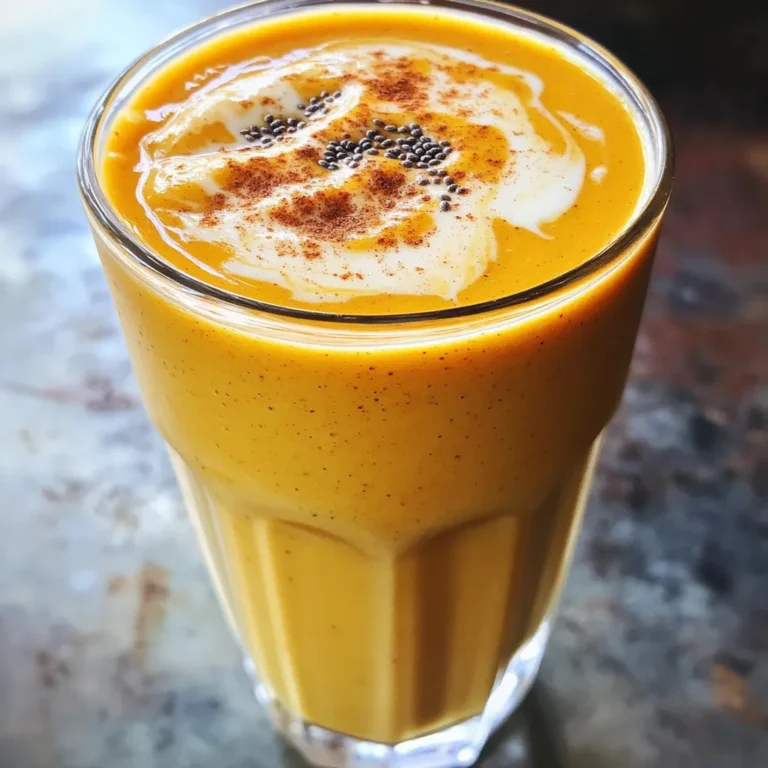 To make a Pumpkin Spice Latte Protein Smoothie, you need these simple ingredients: - 1 cup unsweetened almond milk (or milk of choice) - 1/2 cup canned pumpkin puree - 1 scoop vanilla protein powder - 1 tablespoon maple syrup (optional, adjust to taste) - 1 teaspoon pumpkin pie spice - 1/2 teaspoon vanilla extract - 1/2 banana (frozen works best for creaminess) - 1 tablespoon chia seeds (optional for added nutrition) - Ice cubes (as needed for thickness) Each ingredient adds flavor and nutrition. The almond milk gives a creamy base. Pumpkin puree adds that rich, fall flavor. The protein powder helps you stay full and strong. Maple syrup sweetens it up just right. Pumpkin pie spice brings all those warm notes together. The banana adds creaminess and a bit of sweetness. Chia seeds pack in extra nutrients, and ice helps make it cold and thick. Feel free to adjust any ingredient to fit your taste. Want it sweeter? Add more maple syrup. Prefer it thicker? Toss in more ice. Each choice helps you create your perfect smoothie. 1. Start by gathering all your ingredients. You need unsweetened almond milk, pumpkin puree, and protein powder. 2. In a blender, combine these ingredients. Add maple syrup, pumpkin pie spice, and vanilla extract. 3. Next, toss in the frozen banana and chia seeds. These add creaminess and nutrition. 4. Blend on high until the mixture is smooth. Ensure there are no lumps left. 5. If you want a thicker smoothie, add a handful of ice cubes. Blend again until you reach the desired thickness. 6. Taste your smoothie. If you want it sweeter, add more maple syrup, then blend again. - Pour the smoothie into a tall glass or bowl. It looks great in clear dishes! - For a fun touch, sprinkle extra pumpkin pie spice on top. You can also add whipped cream or nuts for crunch. - Enjoy your pumpkin spice latte smoothie right away. It’s best fresh! To get your smoothie just right, start with frozen bananas. They add creaminess and chill to your drink. If you don’t have frozen bananas, you can freeze them in advance. Just peel and slice them before freezing. You might want to adjust the thickness with ice cubes. If your smoothie seems too thin, add a handful of ice cubes. Blend again until smooth. This helps create a nice, thick texture that feels like a treat. You can adjust the sweetness based on your taste. If you like it sweeter, add more maple syrup. Start with a little and taste. This way, you control the sweetness level. Feel free to experiment with spices. If you want to change the flavor, try adding nutmeg or cinnamon. These spices can add a special twist to your smoothie. You can also mix in a dash of cocoa powder for a chocolatey boost. {{image_2}} You can change the milk in your smoothie to fit your needs. Unsweetened almond milk adds a light flavor. If you want a creamier texture, try using oat milk. This milk pairs well with pumpkin and spices. You can also use soy milk or coconut milk for different tastes. These dairy-free options make the smoothie friendly for many diets. Adding more flavors can make your smoothie unique. You can try different spices. A pinch of nutmeg or ginger can add warm notes. If you like it sweet, a dash of cinnamon is great. You can also add fruits like apples or pears for a fruity twist. They mix well with pumpkin and give extra vitamins. Get creative and find what you love! Store any leftover smoothie in an airtight container. Glass jars work best. You can use a mason jar or a simple Tupperware. Keep it in the fridge for up to two days. When you’re ready to drink, give it a good shake or stir. The ingredients may separate, but that’s normal. To freeze the smoothie, pour it into ice cube trays or a freezer-safe container. Leave some space at the top, as it will expand when frozen. The smoothie can last in the freezer for up to a month. When you want to enjoy it again, take out the cubes or container. Let it thaw in the fridge overnight for best results. Blend it again for a smooth texture. If it seems too thick, add a splash of almond milk or water to loosen it up. Enjoy your pumpkin spice latte protein smoothie any time! What are the health benefits of pumpkin in smoothies? Pumpkin adds great nutrition. It is low in calories and high in fiber. Fiber helps with digestion and keeps you full. Pumpkin is also rich in vitamins. It contains vitamin A, which is good for your eyes. It has antioxidants that fight free radicals too. Adding pumpkin to your smoothie boosts its health benefits. Can I use a different protein powder? Yes, you can! You can swap vanilla protein powder for chocolate or plant-based options. Just make sure the flavor blends well with pumpkin and spices. If you want to keep it simple, stick to unflavored protein. This will let the pumpkin spice flavors shine through. Is this smoothie suitable for meal replacement? This smoothie can work as a meal replacement. It has protein, fiber, and healthy fats. The protein powder adds protein, while the chia seeds add healthy fats. The banana and pumpkin provide fiber and energy. If you want a more balanced meal, add some nuts or seeds on top. This will give you extra crunch and nutrients. This blog post showed how to make a tasty pumpkin smoothie. We covered the ingredients, preparation steps, and serving ideas. I shared tips for the best texture and flavor. You can try different milk, spices, and fruits to make it your own. Remember to store leftovers properly or freeze them for later enjoyment. I hope you feel inspired to create your delicious smoothie! Enjoy each sip packed with nutrients and flavor.