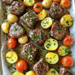- 1.5 pounds sirloin steak, cut into bite-sized cubes - 4 tablespoons unsalted butter, divided - 4 cloves garlic, minced - Fresh rosemary and thyme (or dried alternatives) - Smoked paprika - Salt and black pepper - 1 pound baby potatoes, halved - 1 cup cherry tomatoes - Fresh parsley, chopped (for garnish) The main ingredients for garlic butter steak bites include sirloin steak, butter, and garlic. I prefer sirloin for its tender texture and rich flavor. The unsalted butter adds a creamy base to the dish. Fresh garlic elevates the taste with its savory aroma. For herbs and spices, I use fresh rosemary and thyme. These herbs give a fragrant touch to the dish. Smoked paprika adds a hint of warmth and color. Salt and black pepper enhance all the flavors. Adjust the amounts to match your taste. For accompaniments, I choose baby potatoes and cherry tomatoes. The potatoes provide a hearty base, while the tomatoes add freshness. Garnishing with parsley brightens the dish and adds color. Enjoy mixing these tasty ingredients for a delightful meal! - Preheat your oven to 400°F (200°C). - Line a large sheet pan with parchment paper. This makes cleanup easy. - Melt 2 tablespoons of unsalted butter. You can use the microwave or stovetop. - Mix the melted butter with 4 cloves of minced garlic, 1 tablespoon of chopped rosemary, and 1 tablespoon of chopped thyme. - Add 1 teaspoon of smoked paprika, plus salt and pepper to taste. This mix brings out great flavors. - Toss 1.5 pounds of cubed sirloin steak with half of the garlic herb mixture. Make sure each piece is well coated. - In another bowl, take the remaining herb mixture and toss it with 1 pound of halved baby potatoes. This adds flavor to the potatoes. - Spread the seasoned potatoes in a single layer on one side of the sheet pan. Roast them for 15 minutes. - After 15 minutes, take the pan out and add the steak bites and 1 cup of cherry tomatoes on top. - Cut the remaining 2 tablespoons of butter into small pieces. Dot this butter over the steak and tomatoes. - Put the pan back in the oven and roast for an additional 10-12 minutes. Check for your desired doneness. For medium-rare, aim for 130°F (54°C). To get your steak just right, know the target temperatures: - Medium-rare: about 130°F (54°C) - Medium: around 140°F (60°C) - Well-done: about 160°F (71°C) Use a meat thermometer to check. After baking, let your steak rest for a few minutes. This step makes it juicy. The juices spread back through the meat, giving you a tender bite. You can add a twist to your garlic butter steak bites. Here are some ideas: - Try adding fresh oregano or parsley for a different taste. - A pinch of cayenne pepper gives a nice kick. - Different cuts of steak work, too! Ribeye adds more fat for flavor, while filet mignon is very tender. Experiment with what you have. Each change can surprise you with new tastes. For a great look, serve your steak bites family-style right from the sheet pan. It feels warm and inviting. Just sprinkle some fresh parsley on top for color. For individual plates, scoop some steak, potatoes, and tomatoes into each dish. Drizzle leftover garlic butter over everything. This adds shine and flavor. A good presentation makes your meal even more enjoyable. {{image_2}} You can add more veggies to your sheet pan meal. Bell peppers are colorful and sweet. Zucchini adds a nice crunch. Asparagus brings earthiness. Just cut them into bite-sized pieces like the potatoes. Toss them with the garlic herb mix before roasting. This way, you get a tasty mix of flavors and colors. If you want a change, try chicken or shrimp. For chicken, use boneless thighs or breasts. Cut them into cubes like steak. Cook chicken for about 20-25 minutes. Shrimp cooks faster. Add shrimp to the pan for the last 5-7 minutes. This keeps them tender and juicy. For a meat-free option, replace steak with plant-based protein. Use hearty veggies like mushrooms or eggplant. They soak up flavors from the garlic butter well. You can also try chickpeas for added protein. Toss them in the garlic mix and roast until they are golden. This gives you a satisfying, plant-based dish. To keep your Sheet Pan Garlic Butter Steak Bites fresh, place them in an airtight container. Ensure the dish cools to room temperature before sealing it. Store the container in the fridge for up to three days. This will help retain the flavors and keep the steak bites tender. If you want to enjoy them later, proper storage is key. You can reheat your steak bites using several methods. The microwave is quick and easy. Place the steak bites in a microwave-safe dish and cover them. Heat for about 1-2 minutes, checking every 30 seconds. For a better texture, use the oven. Preheat the oven to 350°F (175°C), place the steak on a baking sheet, and heat for about 10 minutes. A skillet works well too. Heat a little butter in the pan and warm the steak bites over medium heat for about 5 minutes. If you want to freeze your steak bites, first let them cool completely. Then, place them in a freezer-safe bag or container. Remove as much air as possible and seal tightly. Label the container with the date. You can freeze them for up to three months. When ready to eat, thaw overnight in the fridge and reheat using your preferred method. This way, you can enjoy a gourmet meal anytime! The best cut of steak for this recipe is sirloin. Sirloin is tender and has great flavor. It cooks well in a short time. Other good options are ribeye or filet mignon. These cuts are rich and juicy. They also give the dish a nice taste. Yes, you can make this recipe in advance. Prepare the steak bites and marinate them. Store them in the fridge for a day. You can also cook the potatoes ahead of time. Just reheat them in the oven before serving. This saves time on busy days. You can serve many sides with garlic butter steak bites. Here are some great options: - Garlic bread for dipping in the butter - A fresh green salad with a light dressing - Steamed broccoli or green beans for a crunchy addition - Rice or quinoa to soak up the garlic butter sauce These sides will make your meal more complete and tasty. In this post, I covered a tasty recipe for garlic butter steak bites. We explored the main ingredients like sirloin, garlic, and butter, along with helpful herbs and spices. I also shared step-by-step instructions for cooking them perfectly. As you prepare this meal, remember that timing and seasoning are key. Don't hesitate to experiment with different vegetables or proteins. With these tips, you'll create a dish that your family will love. Enjoy your cooking adventure!