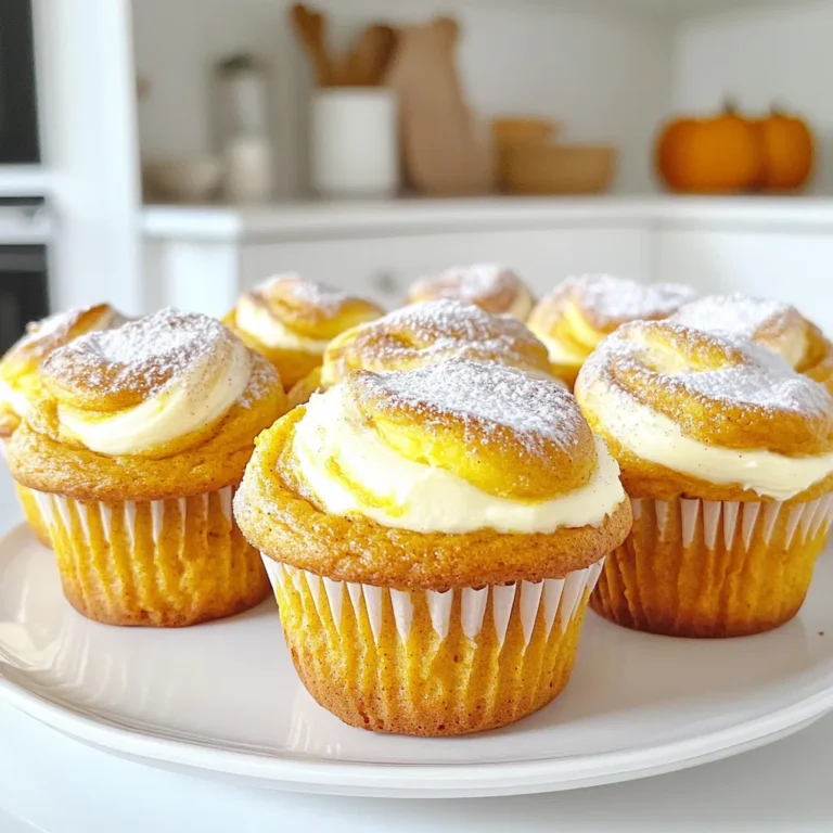 Here’s what you need to make the perfect pumpkin cream cheese swirl muffins. Each ingredient plays a big role in flavor and texture. - 1 cup pumpkin puree - 1/2 cup granulated sugar - 1/2 cup brown sugar, packed - 1/2 cup vegetable oil - 2 large eggs - 1 teaspoon vanilla extract - 1 1/2 cups all-purpose flour - 1 teaspoon baking soda - 1 teaspoon baking powder - 1 teaspoon ground cinnamon - 1/2 teaspoon ground nutmeg - 1/4 teaspoon ground ginger - 1/4 teaspoon salt - 4 ounces cream cheese, softened - 1/4 cup powdered sugar - 1 teaspoon lemon juice Each ingredient adds a unique touch. For example, pumpkin puree gives moisture and flavor. The sugars provide sweetness and help with browning. When baking, use fresh eggs and quality spices for the best results. This list makes it easy to gather everything you need. Having all your ingredients ready ensures a smooth baking process. If you want to make these muffins truly special, use fresh pumpkin puree instead of canned. It adds a rich, homemade touch. 1. Preheating the oven: Start by preheating your oven to 350°F (175°C). This step is key for even baking. Line a 12-cup muffin tin with paper liners or grease the cups with some oil. 2. Mixing the wet ingredients: In a large bowl, combine the pumpkin puree, granulated sugar, brown sugar, and vegetable oil. Mix until it becomes a smooth blend. This mixture adds moisture and flavor to the muffins. 3. Combining the dry ingredients: In another bowl, sift together the all-purpose flour, baking soda, baking powder, cinnamon, nutmeg, ginger, and salt. This step ensures even rising and flavor distribution. Gradually mix the dry ingredients into the pumpkin mixture. Stir gently until just combined. Avoid overmixing; this keeps your muffins light and fluffy. 1. Filling the muffin cups: Using a spoon, fill each muffin cup about 2/3 full with the pumpkin batter. This allows room for the muffins to rise without overflowing. 2. Swirling the cream cheese mix: In a separate bowl, beat the softened cream cheese with powdered sugar, lemon juice, and vanilla extract until smooth. Drop about a tablespoon of this cream cheese mixture on top of each muffin. Use a toothpick or knife to swirl it into the batter. This creates a beautiful and tasty swirl. 1. Baking time and temperature: Place your muffin tin in the preheated oven. Bake for 18-20 minutes. Check for doneness by inserting a toothpick into the center. If it comes out clean, your muffins are ready. 2. Cooling process: After baking, let the muffins cool in the pan for about 5 minutes. Then, transfer them to a wire rack to cool completely. This helps maintain their texture and flavor. Enjoy your delicious pumpkin cream cheese swirl muffins! - Avoiding overmixing: Mix the wet and dry ingredients gently. Overmixing makes muffins tough. Stir until just combined for a soft texture. - Properly using cream cheese: Make sure your cream cheese is softened. Cold cream cheese won’t blend well. Beat it until smooth to create a lovely swirl. - Presentation ideas: Place muffins on a rustic wooden platter. Dust them with powdered sugar for a nice touch. A sprinkle of cinnamon adds extra flavor and style. - Pairing options: These muffins taste great with a dollop of whipped cream. You can also serve them with maple syrup for a sweet drizzle. - Ensuring ingredient freshness: Use fresh ingredients for the best flavor. Check expiration dates on your baking powder and spices. Freshness makes a big difference in taste. {{image_2}} You can make these muffins even more fun! Here are two easy ways to change things up: - Adding chocolate chips: Stir in about 1/2 cup of chocolate chips. They add a rich taste and make the muffins even sweeter. Choose dark or milk chocolate based on your preference. - Incorporating nuts or seeds: Mix in about 1/2 cup of chopped nuts or seeds. Walnuts or pecans are great options. They add crunch and a nice texture. You can also modify the recipe to fit your diet. Here are some ideas: - Gluten-free options: Use a gluten-free flour blend instead of all-purpose flour. This makes the muffins safe for those with gluten allergies. Make sure your baking powder and other ingredients are gluten-free as well. - Vegan adaptations: Replace the eggs with flax eggs. To make a flax egg, mix 1 tablespoon of ground flaxseed with 2.5 tablespoons of water. Let it sit for five minutes. Use a plant-based cream cheese to keep the muffins vegan-friendly. These variations help you enjoy pumpkin cream cheese swirl muffins in your own way! Store your pumpkin cream cheese swirl muffins at room temperature for up to three days. Keep them in an airtight container to prevent them from drying out. If your kitchen is warm or humid, consider refrigerating them. In the fridge, they can last about a week. Just remember, refrigeration can change their texture slightly. To freeze these muffins, first let them cool completely. Wrap each muffin tightly in plastic wrap or aluminum foil. Then, place them in a freezer-safe bag or container. Make sure to squeeze out as much air as possible before sealing. They will stay fresh for about three months in the freezer. When you are ready to eat, let them thaw in the fridge or at room temperature. The shelf life of these muffins really depends on how you store them. At room temperature, they last around three days. If you refrigerate them, expect up to a week of freshness. When frozen, they can last about three months. Always check for any signs of spoilage before enjoying. To make these muffins, follow these steps: 1. Preheat your oven to 350°F (175°C). Line a muffin tin with paper liners or grease it. 2. In a large bowl, mix together 1 cup of pumpkin puree, 1/2 cup of granulated sugar, 1/2 cup of brown sugar, and 1/2 cup of vegetable oil until smooth. 3. Add in 2 large eggs and 1 teaspoon of vanilla extract, whisking until well mixed. 4. In a separate bowl, sift together 1 1/2 cups of all-purpose flour, 1 teaspoon of baking soda, 1 teaspoon of baking powder, 1 teaspoon of ground cinnamon, 1/2 teaspoon of ground nutmeg, 1/4 teaspoon of ground ginger, and 1/4 teaspoon of salt. 5. Gradually add the dry mix into the wet mix, stirring just until combined. Do not overmix. 6. In another bowl, beat 4 ounces of softened cream cheese with 1/4 cup of powdered sugar, 1 teaspoon of lemon juice, and 1/2 teaspoon of vanilla extract until creamy. 7. Fill each muffin cup about 2/3 full with the pumpkin batter. Add a tablespoon of cream cheese on top and swirl it in gently. 8. Bake for 18-20 minutes, or until a toothpick comes out clean. Let cool for 5 minutes before moving them to a wire rack. Yes, you can use homemade pumpkin puree. Homemade puree often has a fresher taste. It also allows you to control the texture and flavor. Canned puree is convenient and consistent, but it may have added preservatives. Both options work well, so choose based on your preference. To check if the muffins are done, use the toothpick test. Insert a toothpick into the center of a muffin. If it comes out clean or with a few crumbs, the muffins are ready. If it has wet batter, bake them a few more minutes and check again. Yes, you can make these muffins ahead of time. Bake them and let them cool completely. Store them in an airtight container at room temperature for up to three days. You can also freeze them. Just wrap each muffin tightly and place them in a freezer bag. They will last for up to three months. To enjoy, thaw them overnight in the fridge or at room temperature. You now know how to make delicious pumpkin cream cheese swirl muffins. We covered the key ingredients, preparation steps, and baking tips that ensure success. Remember the importance of measuring accurately and avoiding overmixing. Explore variations to make these muffins your own, and follow proper storage tips to keep them fresh. Enjoy these tasty treats with family and friends. Happy baking!