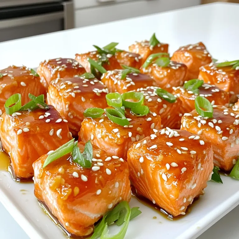 For this recipe, you need: - 1 lb fresh salmon fillet, skin removed and cut into bite-sized cubes - 1/4 cup teriyaki sauce, low-sodium recommended - 1 tablespoon honey - 1 tablespoon sesame oil - 1 teaspoon grated fresh ginger - 1 teaspoon minced garlic These ingredients blend well to create a tasty marinade. The salmon should be fresh for the best flavor and texture. You will also need: - 1 tablespoon cornstarch - Salt and pepper to taste - 1 tablespoon sesame seeds (for garnish) - 2 green onions, finely chopped (for garnish) The cornstarch gives the salmon bites a crispy outside. Salt and pepper add just the right touch to enhance the dish. If you want to boost the flavor, consider adding: - A squeeze of lime juice for brightness - Red pepper flakes for a touch of heat - A drizzle of sriracha for spice These optional ingredients can take your teriyaki salmon bites to the next level. Feel free to mix and match them based on your taste. To start, let's make the tasty marinade. In a medium bowl, mix together: - 1/4 cup teriyaki sauce (I like low-sodium for less salt) - 1 tablespoon honey - 1 tablespoon sesame oil - 1 teaspoon grated fresh ginger - 1 teaspoon minced garlic Stir these ingredients well. This blend will make your salmon flavorful and sticky. Now, we will marinate the salmon. Take 1 pound of fresh salmon fillet, skin removed, and cut it into bite-sized cubes. Add the salmon to the marinade. Toss gently to coat every piece. Cover the bowl and place it in the fridge for at least 30 minutes. This step allows the salmon to soak up all those great flavors. Once the salmon has marinated, it’s time to cook. First, sprinkle 1 tablespoon of cornstarch over the salmon cubes. Toss them gently to coat evenly. This will help create a crispy outside. Now, preheat your air fryer to 375°F (190°C) for about 3-5 minutes. When it's ready, place the salmon bites in a single layer in the basket. Don’t crowd them! This helps them cook evenly. Air fry the salmon for 8-10 minutes. Flip them halfway through for even cooking. The bites should be golden and crispy. Make sure the internal temperature reaches 145°F (63°C). When done, remove the salmon from the air fryer. Season with a little salt and pepper. Transfer to a serving platter and garnish with sesame seeds and chopped green onions. Enjoy your delicious crispy teriyaki salmon bites! To get the best crispy salmon bites, coat each piece with cornstarch. This step is key. Cornstarch creates a crunchy layer that makes the bites extra delicious. Make sure you toss the salmon gently but well. This ensures even coverage. For perfect salmon bites, preheat your air fryer to 375°F (190°C). Cook the salmon for about 8-10 minutes. Flip the bites halfway through to ensure they cook evenly. Check that the internal temperature reaches 145°F (63°C). This means the salmon is safe to eat and perfectly cooked. One common mistake is overcrowding the air fryer. Make sure to place the salmon in a single layer. This helps them cook evenly and stay crispy. Another mistake is not marinating long enough. The salmon needs at least 30 minutes in the marinade to soak up all the flavors. {{image_2}} You can switch up the marinade to add new flavors. Try a honey mustard blend. Mix equal parts honey and Dijon mustard. Add a splash of lemon juice for a bright twist. A soy sauce and lime mix works well too. This gives a tangy taste that pairs nicely with salmon. You can even try a spicy sriracha and maple syrup mix for heat. Salmon is tasty, but other proteins can work too. Chicken breast bites can be a great option. Cut the chicken into small cubes and follow the same steps. Shrimp is another fun choice. Just adjust the cooking time, as shrimp cooks faster than salmon. Tofu is perfect for a vegetarian twist. Use firm tofu, and marinate it like the salmon. Serve your salmon bites over rice or quinoa for a hearty meal. Add some steamed broccoli or snap peas for color and crunch. You can also make a fresh salad with mixed greens and a light vinaigrette. For a fun twist, serve the bites in lettuce wraps. Garnish with extra sesame seeds and green onions for that fancy touch. To store your leftover salmon bites, let them cool first. Place them in an airtight container. Keep the container in the fridge. Try to eat them within two days for the best taste. To reheat, use your air fryer. Set it to 350°F (175°C). Heat the salmon bites for about 5 minutes. This method keeps them crispy. You can also use a microwave, but they may not be as crunchy. If you want to freeze salmon bites, let them cool completely. Place them in a freezer-safe bag. Remove as much air as possible before sealing. They can last up to three months in the freezer. When ready to eat, thaw in the fridge overnight, then reheat as mentioned. Yes, you can use frozen salmon. Just make sure to thaw it completely first. This helps the marinade soak in well. After thawing, cut it into bite-sized cubes. The rest of the steps remain the same. If you don't have teriyaki sauce, try soy sauce mixed with honey. You can also use a mix of soy sauce, brown sugar, and a little rice vinegar. This gives a similar sweet and salty flavor. Adjust the amount based on your taste. The salmon is done when it reaches an internal temperature of 145°F (63°C). You can check this with a food thermometer. The color should change from bright pink to a light pink and opaque. Yes, you can bake the salmon bites in an oven. Preheat your oven to 400°F (200°C). Spread the salmon on a baking sheet lined with parchment paper. Bake for about 12-15 minutes, flipping halfway through. This will also give you crispy bites! This blog post covered how to make delicious air-fried salmon bites. We explored the essential ingredients, from fresh salmon to seasoning options. I shared step-by-step instructions for marinating and cooking. Tips on crispiness and common mistakes help for great results. I also suggested variations and storage advice to keep your salmon fresh. Remember, experimenting with flavors and adjustments can make this recipe your own. Enjoy your cooking journey and savor every bite!