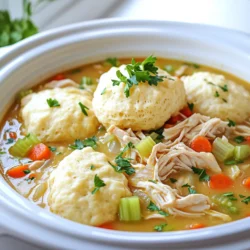 - 2 pounds boneless, skinless chicken thighs - 4 cups low-sodium chicken broth - 1 cup carrots, diced - 1 cup celery, diced - 1 medium onion, chopped - 3 cloves garlic, minced - 1 teaspoon dried thyme - 1 teaspoon dried rosemary - 1/2 cup heavy cream - 1 tablespoon olive oil - 1 cup frozen peas - 2 cups refrigerated biscuit dough - Fresh parsley for garnish In this cozy dish, the main ingredients shine. The chicken thighs are tender and juicy. They soak up all the rich flavors. The broth adds warmth and depth. Carrots and celery bring a nice crunch and color. Next, we have aromatics. The chopped onion and minced garlic fill the air with a lovely scent. Thyme and rosemary add earthy notes. They make each bite taste like home. For the finishing touch, we mix in heavy cream. This makes the dish creamy and smooth. The frozen peas add a pop of color and sweetness. Finally, the biscuit dough becomes fluffy dumplings. Don't forget the fresh parsley! It gives a burst of color and taste. This dish is not just filling; it’s a warm hug in a bowl. - In your slow cooker, place the chicken thighs. - Add the diced carrots, diced celery, and chopped onion. - Pour in the low-sodium chicken broth. - Sprinkle in the minced garlic, thyme, rosemary, onion powder, garlic powder, and black pepper. - Stir everything together well to mix. - Cover your slow cooker and set it on low for 6-8 hours. - If you're in a hurry, you can set it on high for 3-4 hours. - When the chicken is tender, take it out and shred it with two forks. - Return the shredded chicken back into the slow cooker. - Pour in the heavy cream and add the frozen peas. - Stir gently until everything combines well. - Cut the biscuit dough into quarters. - Drop the dough pieces over the chicken mixture. - Cover the slow cooker and cook on high for 30 minutes. - Avoid lifting the lid, so the dumplings steam properly. - Once fluffy, stir the mixture gently to mix. - Serve warm, topped with fresh parsley. - Use low-sodium broth for better control over saltiness. - Customize with additional herbs if desired. Adding fresh thyme or parsley can brighten the dish. - Avoid lifting the lid while dumplings cook. This helps them steam properly and stay fluffy. - Use fresh herbs for garnish to enhance flavor. A sprinkle of parsley adds color and taste. - What to do if dumplings are dense? If your dumplings come out dense, they may need more liquid. You can add a splash of broth. - Tips for adjusting cooking times based on slow cooker model. Cooking times vary by model. If your slow cooker runs hot, reduce the cooking time slightly. {{image_2}} You can switch up the chicken in this dish. Chicken breasts work well if you prefer lean meat. You can also use rotisserie chicken for quick meals. For veggies, add corn or green beans for a twist. Peas bring a nice pop of color and flavor too. To make your own dumplings, mix 2 cups of all-purpose flour, 1 tablespoon baking powder, and 1 teaspoon salt in a bowl. Stir in 1 cup of milk and 1/4 cup of melted butter. Drop spoonfuls of this mix on top of the chicken mixture. For extra flavor, add herbs like parsley or chives to the dough. If you need a gluten-free option, use gluten-free flour for the dumplings. There are many brands that work well. For a dairy-free choice, replace heavy cream with coconut milk or a dairy-free cream. This keeps the dish creamy without the dairy. Store leftovers in an airtight container. This keeps them fresh and tasty. Let the dish cool before sealing. You can keep it in the fridge for up to four days. When reheating, use a pot on low heat. Stir often to warm it evenly. Add a splash of broth if it seems dry. You can freeze chicken and dumplings for later! Make sure it cools completely. Use a freezer-safe container or bag. It can last up to three months in the freezer. When you’re ready to eat, thaw it in the fridge overnight. Reheat it on the stove over low heat. Stir gently so it warms evenly. In the fridge, your dish stays good for about four days. After that, check for signs of spoilage. Look for an off smell or any mold. If it smells funny or looks odd, it’s best to toss it out. Always trust your senses to keep meals safe. Can I use frozen chicken for this recipe? Yes, you can use frozen chicken. Just add an extra hour to the cooking time. This will help ensure the chicken cooks fully. What can I substitute for heavy cream? If you want to swap heavy cream, use half-and-half or coconut milk. Both options will still add creaminess to your dish. How long do I need to cook if I use frozen chicken thighs? For frozen chicken thighs, cook on low for about 7 to 8 hours. On high, aim for 4 to 5 hours. This ensures they become tender. Can I cook this recipe on high from start to finish? Yes, you can cook on high the whole time. Just remember to check the chicken for tenderness. Why are my dumplings dense? Dense dumplings often come from too much flour or overmixing the dough. Be gentle when mixing, and use the right amount of dough. How can I make my dumplings fluffier? For fluffier dumplings, use cold ingredients and avoid overworking the dough. Also, adding baking powder can help them rise better. This blog post showed how to make a warm chicken and dumpling dish. We covered key ingredients like chicken, broth, and vegetables. You learned step-by-step instructions for preparing, cooking, and finishing the meal. We shared tips on adding flavor and fixing common mistakes. As you cook, remember to enjoy the process. Keep it fun and easy. This dish is perfect for any occasion, bringing comfort and joy to your table.