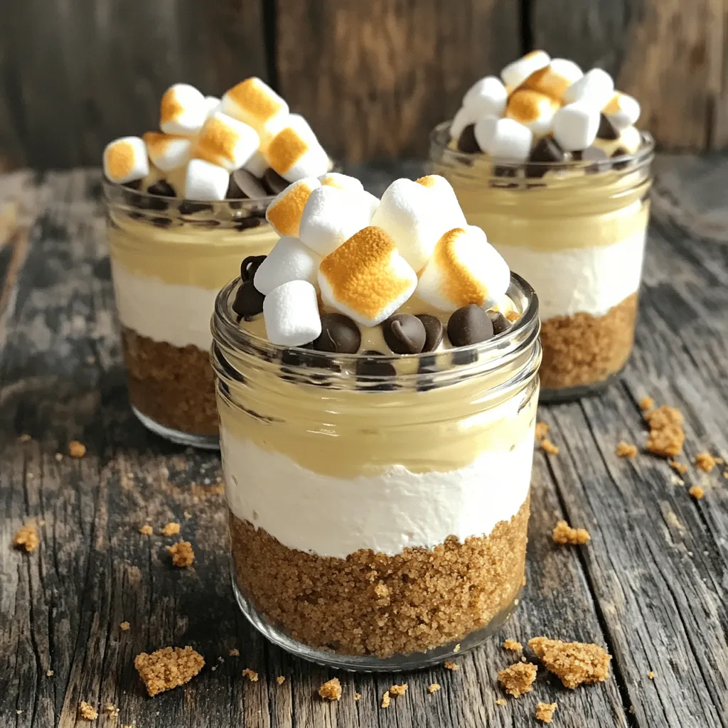 You need fresh ingredients to make the No Bake S’mores Cheesecake Jars. Here’s what you’ll need: - 1 cup graham cracker crumbs - 4 tablespoons unsalted butter, melted - 2 cups cream cheese, softened - 1 cup powdered sugar - 1 teaspoon vanilla extract - 1 cup heavy whipping cream - 1 cup mini marshmallows - 1 cup chocolate chips (semi-sweet or milk chocolate) - Extra graham cracker pieces for topping - Toasted marshmallows for garnish (optional) Each ingredient plays a key role in creating that rich, s’mores flavor. The graham cracker crumbs make a perfect, crumbly base. The cream cheese adds creaminess, while powdered sugar gives it sweetness. Vanilla extract enhances the taste, and heavy whipping cream adds a light, fluffy texture. Mini marshmallows and chocolate chips bring the classic s’mores elements. Extra graham cracker pieces on top give a nice crunch. If you want, toasted marshmallows add a fun touch. Remember, quality ingredients make all the difference. First, mix 1 cup of graham cracker crumbs with 4 tablespoons of melted unsalted butter. Stir this well until it looks like wet sand. Next, divide this mixture among your jars. Press it down firmly to form a solid base. Now, grab a large bowl. Beat 2 cups of softened cream cheese and 1 cup of powdered sugar together. Keep mixing until it becomes smooth and creamy. Then, add 1 teaspoon of vanilla extract and blend it in well. In another bowl, pour 1 cup of heavy whipping cream. Whip it until you see stiff peaks form. This step is key for a light texture. Gently fold this whipped cream into the cheesecake mixture. Be careful not to deflate it too much. Start layering! Spoon a layer of the cheesecake filling over your crust in each jar. Then, add a layer of 1 cup of mini marshmallows and a layer of 1 cup of chocolate chips. Repeat this until you reach the top, finishing with cheesecake and marshmallows. Cover each jar tightly with lids or plastic wrap. Place them in the fridge for at least 4 hours, but overnight is best. This time helps the flavors mix and the cheesecake to set. Once set, take the jars out. Top each one with extra graham cracker pieces and a few mini marshmallows. For a fun touch, you can toast the marshmallows using a kitchen torch. This adds that classic s’mores flavor and looks great! Use softened cream cheese for the best results. Cold cream cheese will lump and not blend well. To soften it, leave it at room temperature for about 30 minutes. If you are in a hurry, cut it into small cubes. Microwave it for about 10 seconds at a time until smooth. This step makes your cheesecake filling creamy and rich. Whipping cream is key to a light texture. To achieve stiff peaks, start with cold heavy cream. Use a chilled bowl and beaters to help. Whip on medium speed until you see peaks forming. This usually takes about 3 to 5 minutes. Stop when the peaks stand straight up and do not fall. Gently fold this whipped cream into your cheesecake mixture. Be careful not to deflate it! Make your dessert look as good as it tastes! Use clear jars to show off the layers. Top each jar with a sprinkle of graham cracker pieces and mini marshmallows. For a fun touch, toast some marshmallows with a kitchen torch. This adds a smoky flavor and a nice look. Serve these jars chilled for a refreshing treat. {{image_2}} You can mix up the flavors in your no bake s'mores cheesecake jars. Try using dark chocolate instead of semi-sweet or milk chocolate for a richer taste. You can even experiment with flavored chocolate, like caramel or hazelnut. Adding fruit layers is another fun idea. Try layering in fresh strawberries or bananas. These fruits add a nice sweet and tangy contrast to the rich cheesecake. If you need a gluten-free dessert, use gluten-free graham crackers. They provide the same great crust without any gluten. Simply crush them and mix with melted butter just like you would with regular graham crackers. For a vegan version, you can swap out dairy and eggs. Use vegan cream cheese and coconut cream instead of heavy whipping cream. This keeps the texture creamy while being plant-based. You can also use maple syrup in place of powdered sugar for natural sweetness. To keep your no bake s’mores cheesecake jars fresh, follow these steps: - Cover each jar tightly with a lid or plastic wrap. - Store them in the refrigerator. - Keep them in the back of the fridge, where it is coldest. Avoid opening the jars often. This keeps the air out and the flavor in. These cheesecake jars last for about 5 days in the fridge. The flavors will deepen as they sit. However, for the best taste, enjoy them within the first 3 days. After that, the marshmallows may get a bit chewy. You can freeze these jars, but there are some tips: - Freeze them before adding the marshmallow garnish. - Use freezer-safe jars or containers. - When ready to eat, let them thaw in the fridge overnight. This way, you keep the texture just right. Yes, you can prepare these jars a day in advance. This lets the flavors blend well. Just follow these tips for best results: - Chill time: Refrigerate the jars for at least four hours. Overnight is even better. - Cover well: Use lids or plastic wrap to keep them fresh. - Add toppings later: Wait to add the graham cracker pieces and marshmallows until just before serving. This keeps them crispy. To keep the layers neat, follow these steps: - Layer gently: When adding each layer, spoon it in slowly. - Use a piping bag: For more control, use a piping bag to add the cheesecake layer. - Chill between layers: If you're worried, chill the jars for 30 minutes after each layer. This helps them set before adding the next one. You can! Here are some great swaps: - Cream cheese: Use Greek yogurt for a lighter option. - Graham crackers: Try crushed cookies or gluten-free options. - Marshmallows: Use mini chocolate-covered marshmallows for a twist. - Chocolate chips: Dark chocolate or white chocolate can change the flavor. If you don't have jars, try these serving ideas: - Bowls: Use small bowls for a casual look. - Glasses: Clear glasses can showcase the layers nicely. - Plates: Layer on a plate for a fun dessert display. Just be careful when serving! This blog post covered all the steps to make delicious cheesecake jars. You learned about the ingredients, from graham cracker crumbs to mini marshmallows. I shared tips for a smooth filling and a beautiful presentation. Explore variations to make these jars your own, whether you want vegan options or fruity twists. Remember to store them properly to keep them fresh. Enjoy making and sharing this fun treat. It’s easy and sure to impress everyone!