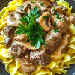 - 2 pounds beef chuck roast, cut into 1-inch pieces - 1 medium onion, diced - 3 cloves garlic, minced - 4 cups beef broth - 1 cup mushrooms, sliced (button or cremini) - 2 teaspoons Worcestershire sauce - 1 teaspoon dried thyme - 2 tablespoons all-purpose flour - 1 cup sour cream - Salt and pepper to taste - 12 ounces egg noodles Each ingredient plays a key role. The beef chuck roast gives rich flavor and tenderness. The onion and garlic add a sweet and savory base. Beef broth creates a strong, hearty sauce. Mushrooms bring earthiness, while Worcestershire sauce adds depth. Dried thyme enhances the overall taste. Flour helps thicken the sauce, making it creamy. Sour cream adds richness and tanginess. Egg noodles are the perfect base for serving. Remember to season with salt and pepper to balance the flavors. - Fresh parsley - Additional seasoning options Garnish adds color and freshness to your dish. Fresh parsley brightens the plate and enhances flavors. You can also try other seasonings like paprika or crushed red pepper for a twist. These small touches make the meal feel special. They help elevate your beef stroganoff from simple to delightful. Enjoy the process of making this meal, and don't forget to savor every bite! To start making Slow Cooker Beef Stroganoff, you need to gather your ingredients. Here’s what you should do: - In the slow cooker, combine: - 2 pounds beef chuck roast, cut into 1-inch pieces - 1 medium onion, diced - 3 cloves garlic, minced - 4 cups beef broth - 1 cup mushrooms, sliced - 2 teaspoons Worcestershire sauce - 1 teaspoon dried thyme - Salt and pepper to taste Make sure to stir well. This helps mix all the flavors together. After mixing, cover the slow cooker with the lid. You can cook on low for 7-8 hours or on high for 4-5 hours. The beef should become very tender and easy to shred. After the beef cooks, it’s time to thicken the sauce. Here’s how to do it: - Remove about 1 cup of the cooking liquid from the slow cooker. - In a small bowl, mix this liquid with 2 tablespoons of all-purpose flour. Stir until smooth. This mixture will help make the sauce nice and thick. - Return the flour mixture to the slow cooker and stir well. - Cook for an additional 30 minutes on high. This will ensure your sauce thickens up just right. Now, let’s prepare the egg noodles to go with the stroganoff: - Bring a large pot of salted water to a boil. - Cook the 12 ounces of egg noodles according to the package instructions until they are al dente. - Drain the noodles and set them aside. When the stroganoff is ready, stir in 1 cup of sour cream until it is creamy and well combined. Finally, serve the beef stroganoff over the egg noodles. For a nice touch, garnish with freshly chopped parsley. This step adds a pop of color and freshness to your plate! - Ensuring tender beef: Use beef chuck roast for the best results. This cut has fat, which keeps it moist during cooking. Cut it into 1-inch pieces to help it cook evenly. Cook on low for 7-8 hours for perfect tenderness. If you're short on time, cooking on high for 4-5 hours works too. - Achieving the right sauce consistency: To thicken your sauce, mix 2 tablespoons of flour with 1 cup of the beef liquid. Stir it until smooth before adding it back to the slow cooker. Let it cook for an extra 30 minutes on high. This will give you a creamy and rich sauce. - Creative ways to serve beef stroganoff: Serve your beef stroganoff over a bed of egg noodles. The noodles soak up the sauce well, making every bite delicious. You can also serve it in bowls with crusty bread on the side for a hearty meal. - Pairing options with sides or beverages: Pair your dish with a fresh green salad for a light touch. A nice red wine complements the flavors beautifully. For a non-alcoholic option, serve sparkling water with lemon. This balances the richness of the stroganoff. {{image_2}} You can easily change this beef stroganoff recipe. If you want a lighter meal, try chicken or turkey instead of beef. Just cut the meat into small pieces and follow the same steps. You will get a tasty dish that is just as easy to make. Also, if you need a gluten-free option, swap the all-purpose flour for a gluten-free blend. Use gluten-free egg noodles for the best results. Adding vegetables can make this dish even better. Carrots and peas are great choices. Just chop them up and mix them in the slow cooker with the other ingredients. They will cook down and add a nice touch. You can also use different types of mushrooms. Try shiitake or portobello for a richer flavor. Just slice them and add them in at the start. This will give your stroganoff a unique taste and make it more colorful. To store leftovers, let the beef stroganoff cool first. Then, place it in an airtight container. This keeps the flavors fresh. You can store it in the fridge for up to three days. For freezing, use a freezer-safe container. Make sure to leave some space at the top. The stroganoff can freeze well for up to three months. To reheat, take out what you need. Warm it in a pot over medium heat. Stir it often to avoid burning. You can also use the microwave. Heat it in short bursts, stirring in between. To keep stroganoff fresh, store it right after it cools. Avoid letting it sit out for more than two hours. This helps prevent bacteria growth. If you freeze it, the best duration is three months. After that, it may lose some taste and texture. When you thaw, do it overnight in the fridge for best results. Can I use another cut of beef? Yes, you can. Cuts like sirloin or round work well too. They may cook faster. Just remember to check for tenderness. If you want a leaner option, use tenderloin. What can I substitute for sour cream? You can use Greek yogurt or cream cheese. Both add creaminess. They also give a nice tangy flavor. If you want a dairy-free option, use coconut cream. How do I adjust cooking times for larger portions? For larger portions, add 1-2 extra hours on low. If cooking on high, add 30-60 minutes. Always check for tenderness. The beef should shred easily when done. What if I forgot to add the flour? If you forget the flour, don’t worry! Just mix it with some liquid and add it later. Let it cook for 30 more minutes. This will help thicken the sauce. What is a standard serving size for beef stroganoff? A standard serving is about 1-1.5 cups. This includes beef and noodles. It can vary based on appetite. How to scale the recipe for different numbers of servings? To scale the recipe, double or half the ingredients. This helps maintain flavor. Adjust cooking times only slightly. Always check if the beef is tender. Beef stroganoff is a comforting dish full of flavor. We covered its main ingredients, step-by-step cooking, and ways to customize it. I shared tips for slow cooking and storing leftovers. With variations, you can tweak the recipe to suit your taste. Remember, whether you use beef, chicken, or veggies, delicious outcomes await. Enjoy creating your perfect stroganoff, and make it your own!