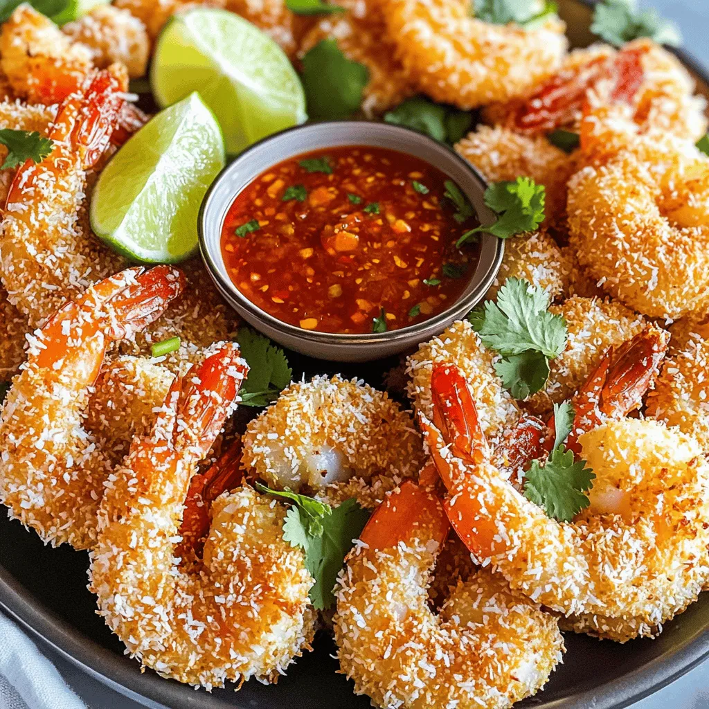 - 1 lb large shrimp, peeled and deveined - 1/2 cup all-purpose flour - 1 teaspoon garlic powder - 1 teaspoon paprika - Salt and pepper to taste - 2 large eggs, beaten - 1 cup shredded unsweetened coconut - 1/2 cup panko breadcrumbs - Olive oil spray - 1/4 cup sweet chili sauce - 1 tablespoon lime juice - 1 teaspoon sriracha (optional, for added heat) To make these coconut shrimp, you need fresh ingredients. Start with large shrimp. They should be peeled and deveined for the best flavor. The flour helps the shrimp stick to the coating. Garlic powder and paprika add a nice kick. Don’t forget salt and pepper to taste. Next, we use eggs to create a binding layer. The shredded coconut gives our shrimp that tropical flair. Panko breadcrumbs add crunch and texture. Finally, olive oil spray helps everything crisp up nicely in the air fryer. For the sweet chili sauce, combine sweet chili sauce and lime juice. If you like heat, add sriracha too. This sauce pairs perfectly with the shrimp. It's sweet and spicy, making every bite delightful. - Start by seasoning the shrimp. In a large bowl, add salt, pepper, garlic powder, and paprika. Mix well. - Next, set up your breading station. Place flour in one bowl, beaten eggs in another, and combine shredded coconut with panko breadcrumbs in a third bowl. - Dredge each shrimp in the flour. Shake off any extra flour. - Now, dip the shrimp into the beaten eggs. Let the excess egg drip off. - Finally, coat the shrimp in the coconut-panko mix. Press gently so it sticks well. - Preheat your air fryer to 400°F (200°C). This takes about 3-5 minutes. - Lightly spray the air fryer basket with olive oil. Arrange the shrimp in a single layer. They should not touch each other. - Spray the tops of the shrimp with olive oil. Cook for 8-10 minutes. Flip them halfway through to ensure even cooking. - In a small bowl, combine sweet chili sauce, lime juice, and sriracha if you want heat. Stir until smooth. - To serve, place the shrimp on a large platter. Drizzle with sweet chili sauce. - Garnish with lime wedges and fresh cilantro for a lovely touch. To get the best result, preheat your air fryer. Set it to 400°F (200°C) for about 3-5 minutes. This step helps the shrimp cook evenly and crisp up nicely. Use an olive oil spray for the basket and the shrimp. A light spray adds flavor and helps the coating crisp up. Avoid overcrowding the air fryer basket. If the shrimp touch, they won’t cook well. Each piece needs space for hot air to flow. Also, don’t skip seasoning. Seasoning adds flavor to the shrimp. Use salt, pepper, garlic powder, and paprika to enhance the taste. You can add fresh herbs or spices to the shrimp for more flavor. Try adding cilantro or parsley before cooking. For the coating, consider using crushed nuts or seeds. They add a nice crunch and a different taste. {{image_2}} You can change the breading for coconut shrimp. Try using crushed nuts or seeds. Almonds or sunflower seeds can add a nice crunch. These options are healthy and tasty. You can also make it gluten-free. Use almond flour or gluten-free bread crumbs. This way, everyone can enjoy the dish. Want to boost the flavor? Add spices to the shrimp marinade. Try cayenne pepper for heat or lemon zest for freshness. You can also add fresh herbs like cilantro or basil. These will make the shrimp pop with flavor. For the dipping sauce, try infusing it with garlic or ginger. This twist can make your sauce even more exciting. Besides sweet chili sauce, there are other tasty options. You can try honey mustard or teriyaki sauce. These sweet sauces are great pairings. If you like heat, make a spicy sauce. Mix sriracha with mayonnaise for a creamy kick. You can even mix soy sauce with lime for another option. These variations can make your meal fun and new. To keep your leftover coconut shrimp fresh, store them in an airtight container. This will help prevent moisture loss. Place the container in the fridge as soon as they cool down. Coconut shrimp will last for about 2 to 3 days in the fridge. Be sure to check for any off smells before eating. The best way to reheat coconut shrimp is in the air fryer. Set your air fryer to 350°F (175°C). Place the shrimp in the basket in a single layer. Heat for about 5 to 7 minutes until they are hot and crispy again. To avoid sogginess, do not cover the shrimp while reheating. If you want to freeze shrimp, you can freeze both uncooked and cooked shrimp. For uncooked shrimp, lay them out on a baking sheet in a single layer. Freeze them for about an hour, then transfer to a freezer bag. For cooked shrimp, let them cool fully before freezing in an airtight container. They can last up to 2 months in the freezer. When ready to use, thaw in the fridge overnight or place in cold water for quicker thawing. Yes, you can use frozen shrimp. Just make sure to thaw them first. Place the shrimp in the fridge overnight or run them under cold water for a quick thaw. Pat them dry to remove excess moisture before seasoning and breading. To add heat, mix sriracha into the sweet chili sauce. You can also sprinkle cayenne pepper or chili powder on the shrimp before breading. Start with a little, then taste and adjust to your liking. Yes, you can make a vegan version. Use plant-based shrimp made from ingredients like konjac or tofu. Replace eggs with a mixture of ground flaxseed and water. Use gluten-free flour and breadcrumbs for a tasty vegan dish. To keep your shrimp crispy, use the air fryer for reheating. Preheat it to 350°F (175°C) and cook for about 3 to 5 minutes. This method helps maintain the crunch without making them soggy. You can serve coconut shrimp with a variety of sides. Some great options are: - Jasmine rice - Asian slaw - Fresh salad - Sweet potato fries - Mango salsa These pair well and enhance the flavor of the shrimp. Coconut shrimp is a fun dish to make. With a few key ingredients, you can enjoy a crispy delight. The steps—from preparing the shrimp to cooking in the air fryer—are simple and rewarding. Remember to avoid common mistakes for the best results. Experiment with different breading options and sauces to find your favorite. Store and reheat leftovers correctly for tasty meals later on. With this guide, you can impress friends and family with your cooking skills. Enjoy your coconut shrimp adventure!