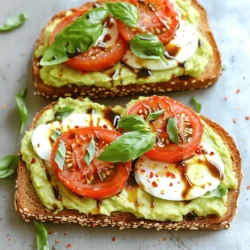 - 2 slices of whole-grain bread - 1 ripe avocado - 1 medium tomato, sliced - 100g fresh mozzarella, sliced - Fresh basil leaves - 1 tablespoon balsamic glaze - 1 tablespoon extra virgin olive oil - Salt and black pepper to taste - Optional: Chili flakes for a spicy kick When making Minute Caprese Avocado Toast, the ingredients matter. Whole-grain bread gives a hearty base. Ripe avocado brings creaminess and healthy fats. A medium tomato adds freshness and color. Fresh mozzarella provides a rich, milky taste. Fresh basil brings a burst of flavor. For the finishing touch, balsamic glaze adds sweetness. Extra virgin olive oil gives a smooth finish. Salt and black pepper enhance all the flavors. If you want heat, sprinkle on chili flakes. With these simple ingredients, you create a quick and tasty meal. Each component plays a role in the overall taste. Enjoy the balance of flavors in every bite! Start by toasting the whole-grain bread. Place two slices in your toaster. Toast them until they turn golden brown and crispy. This usually takes about 3-4 minutes. Keep an eye on them to avoid burning. While the bread toasts, grab a ripe avocado. Cut it in half and remove the pit. Scoop the green flesh into a small bowl. Use a fork to mash it gently. Aim for a creamy texture but leave some chunks for bite. Season with a pinch of salt and black pepper. This simple step adds a nice flavor. Once your bread is ready, spread a thick layer of the mashed avocado on each slice. Make sure to cover the bread well. Next, add the tomato slices evenly on top. Follow this with the mozzarella slices. Press down gently on the toppings so they stay put. Sprinkle fresh basil leaves over the mozzarella. Feel free to use whole leaves or torn pieces. Lastly, drizzle balsamic glaze and extra virgin olive oil on top. If you like heat, add some chili flakes. Enjoy your beautiful and tasty toast right away! How to choose ripe avocados Select avocados that feel slightly soft when you gently press them. Look for dark green or black skin. The stem area should be green, not brown. If it's firm, leave it out to ripen. Toasting tips for the perfect crunch Set your toaster to medium-high heat. Toast the bread for about 3-4 minutes until golden. Keep an eye on it to avoid burning. For a crunchier texture, consider a second toast. How to make it visually appealing Layer your ingredients with care. Arrange tomato and mozzarella slices neatly on the avocado. Use whole basil leaves for a fresh look. Drizzle the balsamic glaze in a zig-zag pattern for flair. Plate arrangements to enhance dining experience Choose a simple white plate to let the colors pop. Place the toast on one side, allowing space for a small salad or olives. Garnish with extra basil leaves for added color. This makes your meal inviting and fun! {{image_2}} You can change the bread for different tastes. Try sourdough or rye for a new twist. Gluten-free bread also works great if you need it. For those who want a dairy-free option, use vegan mozzarella. Many brands offer great taste and texture. You can even use cashew cheese for a creamy feel. To boost flavor, add toppings like olives or arugula. Both add a nice bite that pairs well with the creamy avocado. You might also enjoy sliced radishes for a crunchy texture. Spices can also enhance your toast. Sprinkle garlic powder or Italian herbs for extra zing. A dash of smoked paprika can bring a unique smoky taste. Get creative with your own spice blends! To keep your Minute Caprese Avocado Toast fresh, store leftover ingredients properly: - Avocado: Keep it in an airtight container. Squeeze lemon juice on the cut side to slow browning. - Tomatoes: Store in a cool place, not in the fridge. This keeps their taste strong. - Mozzarella: Wrap cheese in plastic wrap and place it in the fridge to maintain freshness. - Bread: Store whole-grain bread in a bread box or a paper bag to keep it from getting soggy. If you have leftover toast, re-toasting is key. Here’s how to do it: - Reheat: Place the toast in a toaster or toaster oven. This helps regain that crunchy texture. - Time: Toast for about 2-3 minutes until warm and crispy. Avoid using the microwave; it makes the bread chewy. Enjoy your meal fresh! What is Caprese salad and how does it differ from this toast? Caprese salad is a fresh mix of tomatoes, mozzarella, and basil. It is served cold and often drizzled with olive oil and balsamic vinegar. The toast version, however, uses bread as a base. It turns the salad into a warm and filling meal. The toppings are similar, but the toast adds a crunchy texture. Can I make this recipe gluten-free? Yes, you can easily make this recipe gluten-free. Just swap the whole-grain bread with gluten-free bread. Many stores offer tasty gluten-free options. Make sure to check the labels to avoid any gluten. How long does it take to prepare Minute Caprese Avocado Toast? It takes only about 10 minutes to prepare this toast. You spend 5 minutes preparing the toppings and another 3-4 minutes for toasting the bread. This quick recipe is perfect for busy days or a light meal. Can I use pre-sliced ingredients for quicker prep? Absolutely! Using pre-sliced tomatoes and mozzarella will save you time. You can find these in most grocery stores. Just remember to still mash the avocado yourself for the best flavor. This post covered how to make a tasty Caprese avocado toast. We discussed the key ingredients, like whole-grain bread and ripe avocados. I shared steps for prepping, mashing, and assembling the dish. You learned tips for perfecting the toast and ways to enhance its look. Lastly, we explored variations and storage tips. I hope you find joy in making this dish. Enjoy your meals and get creative!