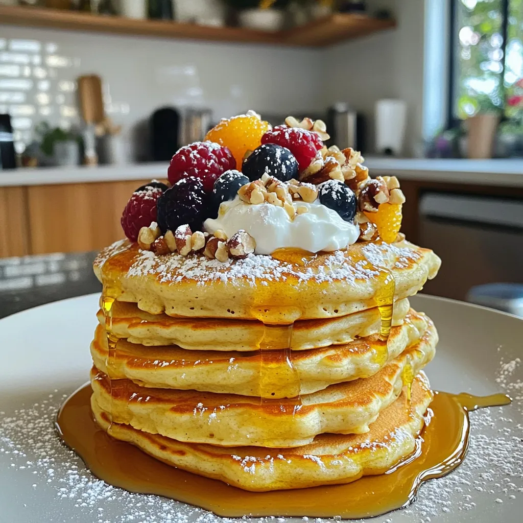 - 1 cup cottage cheese - 1 cup rolled oats - 2 large eggs Cottage cheese is a key ingredient. It adds protein and creaminess. Rolled oats give the pancakes a nice texture and help bind the ingredients. Eggs help with structure and moisture. - 1 tablespoon honey or maple syrup - 1 teaspoon vanilla extract - Cooking spray or coconut oil Honey or maple syrup adds sweetness. Vanilla extract gives a nice flavor boost. Cooking spray or coconut oil prevents sticking in the skillet. - Blender or food processor - Non-stick skillet or griddle A blender or food processor makes mixing easy. A non-stick skillet or griddle helps cook the pancakes evenly. - Combining Ingredients Start by placing the following ingredients in your blender: - 1 cup cottage cheese - 1 cup rolled oats - 2 large eggs - 1 tablespoon honey or maple syrup (if you want it sweet) - 1 teaspoon baking powder - 1/2 teaspoon vanilla extract - A pinch of salt Blend all these items until the mixture is smooth and creamy. If needed, stop to scrape the sides. This helps make sure everything mixes well. - Preheating the Skillet Next, heat a non-stick skillet over medium heat. Lightly grease it with cooking spray or coconut oil. This will help prevent sticking. - Pouring the Batter For each pancake, pour about 1/4 cup of the batter onto the skillet. Give each one some space. - Flipping Techniques Cook for around 2-3 minutes. Look for bubbles on the surface and edges that seem set. When ready, flip the pancakes gently. Cook for another 2-3 minutes until they get golden brown. - Adding Toppings Serve the pancakes warm. Drizzle with extra honey or maple syrup. You can also add Greek yogurt or fresh berries on top. - Presentation Tips Stack the pancakes high for a nice look. Garnish with fresh berries or a sprinkle of nuts. This adds color and texture. Serve with a side of Greek yogurt for more protein. Achieving the Right Consistency For perfect pancakes, you want a thick but pourable batter. If it’s too thick, add a splash of milk or water. If it’s too thin, mix in a bit more oats. Use a blender; it helps mix everything smoothly. Troubleshooting Pancake Texture If your pancakes are too dense, check your baking powder. Old baking powder can make your pancakes flat. Always use fresh baking powder. If they stick to the pan, make sure your skillet is well-greased. Storing Leftover Pancakes Let the pancakes cool completely before storing. Place them in an airtight container. You can keep them in the fridge for up to three days. For longer storage, freeze them wrapped in plastic wrap. Reheating Instructions To reheat, simply use a microwave or a toaster oven. If using a microwave, heat for 20-30 seconds. In a toaster oven, heat at 350°F for about 5 minutes. This keeps them soft and fluffy. Protein Content These pancakes are packed with protein. Each serving contains about 15 grams of protein from the cottage cheese and eggs. This makes them a great choice for breakfast or a post-workout meal. Health Benefits of Cottage Cheese Cottage cheese is low in fat and high in calcium. It helps build muscle and bone strength. It also contains probiotics, which are good for gut health. Enjoying these pancakes supports both your health and taste buds. {{image_2}} Adding fruits can make your pancakes fun and tasty. You can mix in blueberries, bananas, or strawberries directly into the batter. This gives your pancakes extra flavor and nutrition. You can also top them with fresh fruit for a colorful look. Incorporating spices is another great way to change things up. A dash of cinnamon or nutmeg adds warmth and richness. You could even try a bit of lemon zest for a fresh twist. These spices can enhance the flavor without extra calories. If you need gluten-free options, you can use certified gluten-free rolled oats. This keeps the pancakes safe for those with gluten issues. You can also try almond flour or coconut flour for different textures. For vegan substitutes, replace eggs with flaxseed meal or unsweetened applesauce. Use plant-based yogurt instead of cottage cheese for a creamy texture. These changes still keep your pancakes high in protein while being plant-based. The best syrups for these pancakes include pure maple syrup or honey. Both add a natural sweetness that pairs well with the pancakes. You can also try yogurt or nut butter for a creamy topping. Complementary sides can enhance your meal. Fresh fruit, like berries or sliced bananas, adds color and flavor. A side of Greek yogurt gives extra protein and makes your breakfast more filling. The main ingredients in these pancakes offer a great balance. Each serving provides a good amount of protein, carbs, and healthy fats. Here's the breakdown: - Protein: About 14 grams - Carbohydrates: Around 20 grams - Fats: Approximately 5 grams Cottage cheese is a fantastic source of protein. It helps build and repair muscles. Rolled oats add fiber and energy. Eggs boost the protein even more. Each serving has roughly 150 calories. This is a great option for breakfast or a snack. The low-calorie count, combined with high protein, makes these pancakes filling. Eating a high-protein diet has many benefits. It helps with weight management. Protein keeps you full longer, so you may eat less. It also aids muscle growth and recovery. High-protein meals can boost metabolism, helping to burn more calories. Plus, they help balance blood sugar levels. Enjoy these pancakes as a tasty way to increase your protein intake! Yes, you can use low-fat cottage cheese. It will still give you great flavor and texture. Low-fat options can help cut calories while keeping protein high. Just keep in mind that the pancakes may be slightly less creamy. To make these pancakes dairy-free, use a dairy-free cottage cheese substitute. There are many options made from nuts or soy. You can also use almond milk or oat milk instead of cottage cheese. Adjust the recipe with a little more flour if needed for consistency. Yes, you can freeze these pancakes! They freeze well and taste great when reheated. - Tips for Freezing and Reheating - Let pancakes cool completely before freezing. - Place parchment paper between pancakes to prevent sticking. - Store them in a freezer bag or airtight container. - For reheating, microwave or toast them until warm. In this blog post, we explored how to make tasty and healthy pancakes. We discussed main and optional ingredients, like cottage cheese and eggs. You learned the best tools for blending and cooking. I showed you step-by-step instructions for preparing the batter and cooking the pancakes. We also covered tips for great texture, storage, and fun variations. Remember, these pancakes are a great way to add protein to your meals. Enjoy experimenting with flavors to find your favorite!