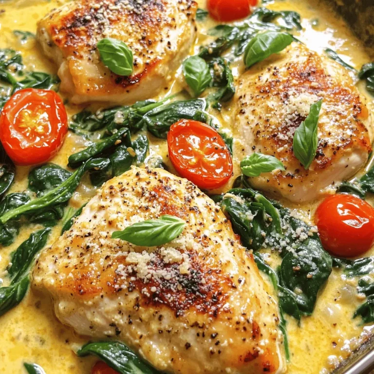 - 4 boneless, skinless chicken breasts - 2 tablespoons olive oil - Salt and pepper, to taste - 3 cloves garlic, minced - 1 cup cherry tomatoes, halved - 2 cups fresh spinach - 1 cup heavy cream - ½ cup grated Parmesan cheese - 1 teaspoon Italian seasoning - Fresh basil for garnish To make Creamy Tuscan Chicken, you need fresh and simple ingredients. The chicken breasts are the star of this dish. They soak up all the flavors from the sauce. I recommend using boneless and skinless chicken for ease. Next, olive oil adds a nice richness. You will use it to sear the chicken. Salt and pepper are your basic seasonings. They enhance the chicken’s taste. Garlic gives a wonderful aroma and flavor. Fresh garlic is best for this recipe. Cherry tomatoes add sweetness and color. Halving them helps them cook quickly. Spinach brings a fresh touch and bright green color. It wilts perfectly in the sauce. Heavy cream creates that luxurious, creamy texture. It makes the dish feel indulgent. Parmesan cheese adds a salty, nutty taste. It melts beautifully into the sauce. Italian seasoning brings all the herbs together. It gives that classic Tuscan flavor. Lastly, fresh basil is perfect for garnish. It adds a pop of color and freshness. These ingredients come together for a delightful and easy dinner. - Patting Dry and Seasoning Chicken: Start by patting the chicken breasts dry with paper towels. This helps get a nice sear. Next, season both sides with salt and pepper. This adds flavor and brings out the chicken's taste. - Heating Olive Oil for Searing: In a large skillet, heat 2 tablespoons of olive oil over medium-high heat. You want the oil hot but not smoking. This will help you get a golden crust on the chicken. - Searing Chicken Breasts: Once the oil is hot, add the chicken breasts. Sear them for about 5 to 6 minutes on each side. You want them golden brown and fully cooked. After that, remove the chicken from the skillet and set it aside. - Sautéing Garlic and Tomatoes: In the same skillet, lower the heat to medium. Add 3 cloves of minced garlic and sauté for 1 minute until fragrant. Then, toss in 1 cup of halved cherry tomatoes. Cook them for 2 to 3 minutes until they soften up a bit. - Adding Spinach and Cream Sauce: Now, stir in 2 cups of fresh spinach. Cook until the spinach wilts, which takes about 1 to 2 minutes. Next, pour in 1 cup of heavy cream. Add ½ cup of grated Parmesan cheese and 1 teaspoon of Italian seasoning. Mix well and let the sauce simmer for about 3 to 4 minutes until it thickens slightly. - Combining Chicken with Sauce: Finally, add the seared chicken back into the skillet. Spoon the creamy sauce over the chicken. Let it simmer together for an additional 2 to 3 minutes. This helps all the flavors mix well. - Plating the Dish: When ready to serve, place the chicken on a plate. Make sure to drizzle some of the creamy sauce over the top. - Garnishing with Basil: Finish your dish by garnishing it with fresh basil. This adds a pop of color and flavor to your creamy Tuscan chicken. Enjoy your meal! Perfectly Searing Chicken To get a nice sear on your chicken, start with a dry surface. Pat the chicken breasts with paper towels. This helps the oil stick better. Heat your skillet over medium-high heat and add olive oil. Place the chicken in the hot skillet. Don't move it for 5-6 minutes. This helps develop a golden crust. Flip the chicken and repeat on the other side. It should be cooked through and browned perfectly. Thicken Cream Sauce Without Curds To avoid curds in your cream sauce, keep the heat at medium. Stir the cream gently into the skillet. Add the Parmesan cheese slowly while stirring. This helps it melt without clumping. Let the sauce simmer for 3-4 minutes. It will thicken nicely while staying smooth. Adding More Vegetables You can boost nutrition and flavor by adding more veggies. Consider bell peppers or zucchini for a sweet crunch. Mushrooms add a rich, earthy flavor. Just sauté them with the garlic and tomatoes. This adds color and makes the dish more filling. Alternative Seasonings Feel free to get creative with your seasonings. Instead of Italian seasoning, try fresh herbs like thyme or rosemary. A pinch of red pepper flakes can add heat. Lemon zest can brighten the dish and add freshness. Play around to find your favorite flavor profile. Best Skillet for Cooking A large, heavy skillet is best for this dish. Cast iron or stainless steel skillets heat evenly. They can handle high heat without warping. Non-stick pans work too, but you may not get as nice a sear. Choose one that feels good in your hand. Tools for Easy Cleanup To make cleanup easier, use a spatula made of silicone or wood. These won’t scratch your skillet. Have a good set of measuring cups and spoons. A whisk helps mix the sauce well. Lastly, keep some kitchen towels handy for quick wipes. {{image_2}} You can easily change the protein in this dish. If you want a seafood option, use shrimp instead of chicken. Just sauté the shrimp until they turn pink. For a plant-based meal, tofu works well. Use firm tofu and cook it until golden brown. You can also swap the heavy cream for a lighter option. Try using half-and-half or coconut cream. Both will give you a nice creamy texture while saving some calories. Herbs play a big role in flavor. You can add herbs like thyme or oregano for a new taste. Fresh parsley also brightens the dish. Just sprinkle some on top before serving. If you love cheese, you can switch it up too. Try using feta or goat cheese instead of Parmesan. These cheeses will give a unique flavor twist to your creamy sauce. For those who need gluten-free options, this recipe is already safe. Just make sure your chicken broth and any seasoning blends are gluten-free. If you're watching your carbs, you can serve this dish with zucchini noodles or cauliflower rice. Both options are low in carbs but still filling. They soak up the creamy sauce well, making each bite a delight. To keep your Creamy Tuscan Chicken fresh, store leftovers in the fridge. Use airtight containers to keep it from drying out. Make sure to cool the dish to room temperature before sealing it. This helps keep the flavors and texture. - Cool down the dish first. - Use small containers for easy portions. - Label containers with the date to track freshness. Choose glass or BPA-free plastic containers. Glass containers are safe for reheating. They also do not absorb odors or stains. Ensure the lids fit tightly to keep air out. When reheating, I recommend using the stove or microwave. The stovetop method keeps the sauce creamy. Heat it over low to medium heat, stirring gently. This avoids burning or overcooking. - Stovetop: Place in a skillet with a splash of cream or broth. - Microwave: Use a microwave-safe dish, cover it loosely to let steam escape. Watch the temperature closely. Reheat just until it’s warm. Overheating can dry out the chicken and sauce. Stir often to heat evenly. You can freeze Creamy Tuscan Chicken for later use. Freezing is great for meal prep. Just make sure to cool it completely before freezing. - Use freezer-safe containers or bags. - Remove as much air as possible to prevent freezer burn. - Label with the date and contents before freezing. Thaw in the fridge overnight for best results. If you need it fast, use the microwave’s defrost setting. Avoid thawing at room temperature to keep it safe. You can tell the chicken is done when it reaches an internal temperature of 165°F. Use a meat thermometer for the best accuracy. The chicken should also look golden brown and the juices should run clear when you cut into it. Yes, you can make this dish ahead of time. Cook the chicken and sauce, then cool it down. Store it in the fridge for up to three days. When you're ready to eat, simply reheat it on the stove until hot. This dish pairs well with a variety of sides. Consider serving it with pasta, rice, or a fresh salad. Garlic bread also makes a great option to soak up the creamy sauce. To add heat to the sauce, try adding red pepper flakes. Start with a small amount and taste as you go. You can also use hot sauce or diced jalapeños for extra spice. Yes, canned tomatoes can work well in this recipe. Choose diced or whole canned tomatoes, but drain some liquid. Canned tomatoes may have a stronger flavor, so adjust seasoning as needed. This blog post outlined how to make a delicious Creamy Tuscan Chicken. We reviewed the key ingredients, like chicken breasts and garlic, and walked through each step. I shared tips for perfect cooking and variations to suit your taste. Remember to store leftovers properly and reheat them well. Experiment with herbs and proteins to make this dish your own. Enjoy making and sharing this tasty meal! Your kitchen adventure starts now!