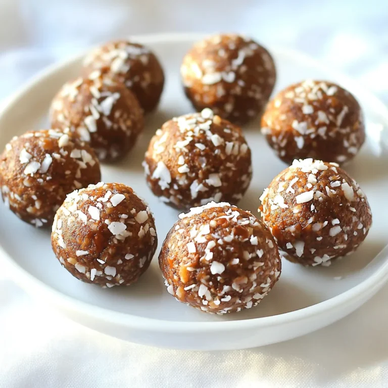 To make No Bake Chocolate Coconut Energy Balls, you need a few simple ingredients. Here’s what you will need: - 1 cup rolled oats - 1/2 cup almond butter (or any nut butter of your choice) - 1/4 cup honey or maple syrup - 1/2 cup unsweetened cocoa powder - 1/2 cup shredded coconut (unsweetened) - 1/4 cup chia seeds - 1/4 teaspoon sea salt - 1 teaspoon vanilla extract - Optional: 1/4 cup dark chocolate chips These ingredients come together to create tasty energy balls. The rolled oats provide fiber, while almond butter gives protein. Honey or maple syrup adds sweetness, and cocoa powder brings rich flavor. Shredded coconut offers texture, and chia seeds pack in healthy fats. Sea salt enhances the taste, and vanilla adds warmth. If you want extra chocolate, toss in dark chocolate chips. Feel free to mix or match based on your taste. You could use peanut butter or sunflower seed butter instead of almond butter. Honey and maple syrup can be swapped too. This recipe is flexible! - In a large mixing bowl, combine: - 1 cup rolled oats - 1/2 cup almond butter (or any nut butter of your choice) - 1/4 cup honey or maple syrup - Stir until well blended. This step creates a thick base that holds everything together. - Incorporate: - 1/2 cup unsweetened cocoa powder - 1/2 cup shredded coconut (unsweetened) - 1/4 cup chia seeds - 1/4 teaspoon sea salt - 1 teaspoon vanilla extract - Mix until fully combined. The cocoa adds rich flavor, while the coconut provides texture and sweetness. - Use your hands to scoop out a tablespoon of the mixture. - Roll it into a ball. - Repeat until the mixture forms about 12 to 15 balls. - Place the balls on a baking sheet lined with parchment paper. - Refrigerate for at least 30 minutes to help them firm up. This cooling step makes the balls easier to eat and enjoy. To get the best texture in your energy balls, adjust the sweetness. You can use honey or maple syrup. If you want them sweeter, add more. For a firmer texture, use chilled ingredients. Cold almond butter and syrup help hold the mixture together well. Make your energy balls shine! Arrange them on a decorative plate for a fun look. You can sprinkle extra shredded coconut on top. This adds a nice touch and makes them look inviting. Feel free to get creative with flavors. You can add spices like cinnamon for a warm kick. If you want to change the nut butter, go ahead! Use peanut butter or cashew butter instead. You can also swap sweeteners like agave syrup. The fun part is making these energy balls your own! {{image_2}} You can have fun with flavors in your energy balls. A peanut butter and chocolate chip version is a classic twist. Just swap almond butter for peanut butter. Fold in chocolate chips for a sweet touch. Another great mix is coconut almond. Use almond butter and add sliced almonds. This adds a nutty crunch and a lovely texture. Both versions bring new life to the original recipe. Want to make your energy balls even better? You can include nuts for extra crunch. Walnuts or pecans work well. They add healthy fats and a nice bite. Dried fruits can also be a sweet treat. Try raisins or chopped apricots. They add natural sweetness and chewiness. Mix them in for a delightful surprise in each bite. Eating vegan or gluten-free? No worries! Just use maple syrup instead of honey. Make sure all ingredients are labeled gluten-free. This way, you can enjoy these tasty bites without any concerns. To keep your energy balls fresh, refrigerate them. Place the balls in an airtight container. This helps keep moisture out and flavor in. You can store them for up to a week. If you notice them getting too warm, pop them back in the fridge. This will help maintain their shape. You can freeze the energy balls for longer storage. To do this, lay them on a baking sheet. Freeze them for about an hour until firm. Then, transfer them to an airtight bag or container. This way, they stay fresh for up to three months. When you want to eat them, take out the number you need. Let them thaw in the fridge for a few hours. You can also leave them out for about 30 minutes at room temperature. Enjoy your tasty snack! No Bake Chocolate Coconut Energy Balls last about one week in the fridge. Store them in an airtight container for best results. If you want to keep them longer, you can freeze them. In the freezer, they can last up to three months. Just make sure to thaw them in the fridge before eating. Yes, you can substitute almond butter with other nut butters. Here are some great options: - Peanut butter - Cashew butter - Sunflower seed butter - Hazelnut butter Feel free to choose one that you like best or have on hand. If you need a substitute for honey or maple syrup, there are several options. Here are some that work well: - Agave nectar - Brown rice syrup - Coconut nectar - Date syrup These choices fit various diets. They help keep your energy balls sweet and tasty. This guide shows how to make No Bake Chocolate Coconut Energy Balls. You learned the simple steps to mix, roll, and chill these tasty snacks. Remember, you can customize flavors and add fun toppings. Store them in the fridge or freezer for a quick boost any time. Enjoy experimenting with different ingredients and find your favorite mix. Your energy balls can fit any diet or taste. So, get started and treat yourself to these healthy bites!
