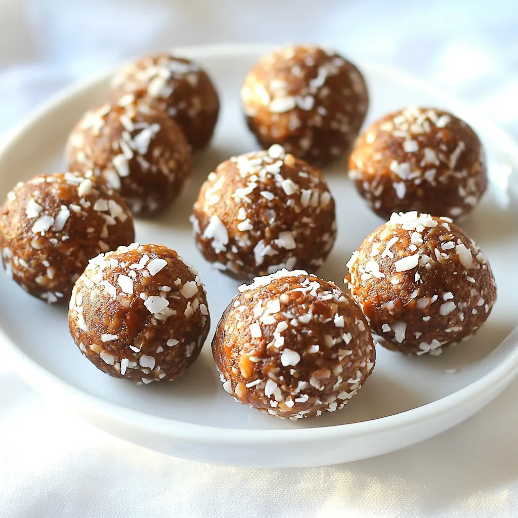 To make No Bake Chocolate Coconut Energy Balls, you need a few simple ingredients. Here’s what you will need: - 1 cup rolled oats - 1/2 cup almond butter (or any nut butter of your choice) - 1/4 cup honey or maple syrup - 1/2 cup unsweetened cocoa powder - 1/2 cup shredded coconut (unsweetened) - 1/4 cup chia seeds - 1/4 teaspoon sea salt - 1 teaspoon vanilla extract - Optional: 1/4 cup dark chocolate chips These ingredients come together to create tasty energy balls. The rolled oats provide fiber, while almond butter gives protein. Honey or maple syrup adds sweetness, and cocoa powder brings rich flavor. Shredded coconut offers texture, and chia seeds pack in healthy fats. Sea salt enhances the taste, and vanilla adds warmth. If you want extra chocolate, toss in dark chocolate chips. Feel free to mix or match based on your taste. You could use peanut butter or sunflower seed butter instead of almond butter. Honey and maple syrup can be swapped too. This recipe is flexible! - In a large mixing bowl, combine: - 1 cup rolled oats - 1/2 cup almond butter (or any nut butter of your choice) - 1/4 cup honey or maple syrup - Stir until well blended. This step creates a thick base that holds everything together. - Incorporate: - 1/2 cup unsweetened cocoa powder - 1/2 cup shredded coconut (unsweetened) - 1/4 cup chia seeds - 1/4 teaspoon sea salt - 1 teaspoon vanilla extract - Mix until fully combined. The cocoa adds rich flavor, while the coconut provides texture and sweetness. - Use your hands to scoop out a tablespoon of the mixture. - Roll it into a ball. - Repeat until the mixture forms about 12 to 15 balls. - Place the balls on a baking sheet lined with parchment paper. - Refrigerate for at least 30 minutes to help them firm up. This cooling step makes the balls easier to eat and enjoy. To get the best texture in your energy balls, adjust the sweetness. You can use honey or maple syrup. If you want them sweeter, add more. For a firmer texture, use chilled ingredients. Cold almond butter and syrup help hold the mixture together well. Make your energy balls shine! Arrange them on a decorative plate for a fun look. You can sprinkle extra shredded coconut on top. This adds a nice touch and makes them look inviting. Feel free to get creative with flavors. You can add spices like cinnamon for a warm kick. If you want to change the nut butter, go ahead! Use peanut butter or cashew butter instead. You can also swap sweeteners like agave syrup. The fun part is making these energy balls your own! {{image_2}} You can have fun with flavors in your energy balls. A peanut butter and chocolate chip version is a classic twist. Just swap almond butter for peanut butter. Fold in chocolate chips for a sweet touch. Another great mix is coconut almond. Use almond butter and add sliced almonds. This adds a nutty crunch and a lovely texture. Both versions bring new life to the original recipe. Want to make your energy balls even better? You can include nuts for extra crunch. Walnuts or pecans work well. They add healthy fats and a nice bite. Dried fruits can also be a sweet treat. Try raisins or chopped apricots. They add natural sweetness and chewiness. Mix them in for a delightful surprise in each bite. Eating vegan or gluten-free? No worries! Just use maple syrup instead of honey. Make sure all ingredients are labeled gluten-free. This way, you can enjoy these tasty bites without any concerns. To keep your energy balls fresh, refrigerate them. Place the balls in an airtight container. This helps keep moisture out and flavor in. You can store them for up to a week. If you notice them getting too warm, pop them back in the fridge. This will help maintain their shape. You can freeze the energy balls for longer storage. To do this, lay them on a baking sheet. Freeze them for about an hour until firm. Then, transfer them to an airtight bag or container. This way, they stay fresh for up to three months. When you want to eat them, take out the number you need. Let them thaw in the fridge for a few hours. You can also leave them out for about 30 minutes at room temperature. Enjoy your tasty snack! No Bake Chocolate Coconut Energy Balls last about one week in the fridge. Store them in an airtight container for best results. If you want to keep them longer, you can freeze them. In the freezer, they can last up to three months. Just make sure to thaw them in the fridge before eating. Yes, you can substitute almond butter with other nut butters. Here are some great options: - Peanut butter - Cashew butter - Sunflower seed butter - Hazelnut butter Feel free to choose one that you like best or have on hand. If you need a substitute for honey or maple syrup, there are several options. Here are some that work well: - Agave nectar - Brown rice syrup - Coconut nectar - Date syrup These choices fit various diets. They help keep your energy balls sweet and tasty. This guide shows how to make No Bake Chocolate Coconut Energy Balls. You learned the simple steps to mix, roll, and chill these tasty snacks. Remember, you can customize flavors and add fun toppings. Store them in the fridge or freezer for a quick boost any time. Enjoy experimenting with different ingredients and find your favorite mix. Your energy balls can fit any diet or taste. So, get started and treat yourself to these healthy bites!
